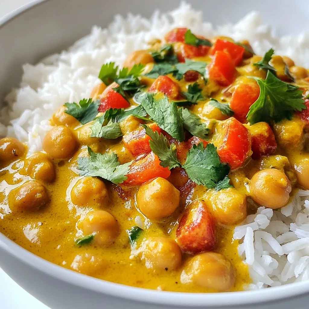 - 1 can (14 oz) chickpeas, drained and rinsed - 1 can (14 oz) coconut milk - 1 medium onion, finely chopped - 2 cloves garlic, minced - 1 tablespoon ginger, grated - 1 tablespoon curry powder - 1 teaspoon ground cumin - 1 teaspoon turmeric - 1 teaspoon chili powder (adjust to taste) - 1 cup diced tomatoes (fresh or canned) - 1 cup vegetable broth - 2 tablespoons olive oil - Salt and pepper to taste - Fresh cilantro for garnish - Cooked rice or quinoa for serving Chickpeas are packed with protein and fiber. They help keep you full and satisfied. Coconut milk adds a creamy texture and healthy fats. This makes the dish rich and tasty. Onions, garlic, and ginger bring flavor and health benefits. They can boost your immune system and add depth to the dish. Spices like curry powder and turmeric have anti-inflammatory properties. They also give the curry its vibrant color and unique taste. If you do not have chickpeas, lentils work well too. They also add protein and cook quickly. Instead of coconut milk, use almond milk or cashew cream for a lighter version. For those who want more spice, add jalapeños or cayenne pepper. You can use any vegetable broth or even chicken broth if you like. If you’re out of fresh cilantro, parsley is a good substitute. {{ingredient_image_1}} Start by gathering all your ingredients. This makes cooking smooth and fun. You will need: - 1 can (14 oz) chickpeas, drained and rinsed - 1 can (14 oz) coconut milk - 1 medium onion, finely chopped - 2 cloves garlic, minced - 1 tablespoon ginger, grated - 1 tablespoon curry powder - 1 teaspoon ground cumin - 1 teaspoon turmeric - 1 teaspoon chili powder (adjust to taste) - 1 cup diced tomatoes (fresh or canned) - 1 cup vegetable broth - 2 tablespoons olive oil - Salt and pepper to taste - Fresh cilantro for garnish - Cooked rice or quinoa for serving Next, chop your onion, garlic, and ginger. Rinse the chickpeas in a colander. This step helps keep your dish fresh. Now, heat a large pan over medium heat. Add olive oil and let it warm up. Toss in the chopped onion and cook until it turns translucent, about 5 minutes. This step brings out the onion's sweetness. Add the minced garlic and grated ginger to the pan. Cook for one more minute. The smell will be inviting! Time to spice things up! Stir in the curry powder, ground cumin, turmeric, and chili powder. Keep stirring for about one minute. This helps the spices release their amazing aromas. Now, add the diced tomatoes. Cook for another 3 to 4 minutes. This thickens the mix and enhances the flavor. It’s chickpea time! Add the drained chickpeas, coconut milk, and vegetable broth. Mix well and bring everything to a gentle simmer. Reduce the heat to low. Let the curry simmer uncovered for about 15 to 20 minutes. This is when the flavors blend beautifully. After simmering, season with salt and pepper to taste. Adjust spices as you like. When cooking, pay close attention to the heat. Medium heat works best at first. For simmering, low heat is key. This ensures your curry cooks evenly without burning. Stir occasionally while it simmers. This keeps it from sticking to the pan. If you need to speed things up, cover the pan for part of the cooking time. However, remove the lid to finish cooking. This helps thicken the curry nicely. Serve your creamy coconut chickpea curry hot over fluffy rice or quinoa. Garnish with fresh cilantro for that extra pop of flavor. Enjoy! To boost the flavor of your creamy coconut chickpea curry, I suggest a few tricks. First, use fresh spices. Fresh spices give a deeper taste than old ones. Toast the spices in the pan for a minute. This step wakes up their flavors. Also, try adding a squeeze of lime juice before serving. The acidity brightens the dish. You can also mix in some spinach or kale for extra nutrition and flavor. Many people skip the step of toasting spices. This mistake can lead to a bland curry. Make sure to sauté the onion until soft; this builds a richer base. Adding too much salt at once can ruin your curry. Always taste as you go. If your curry is too thick, add more vegetable broth. If it’s too thin, let it simmer longer to thicken. Serve your curry over hot cooked rice or fluffy quinoa. This lets you soak up all the creamy goodness. Garnish with fresh cilantro for a burst of color. You can also add a lime wedge on the side. For a complete meal, pair it with naan bread or a fresh salad. This way, you create a balance of flavors and textures. Pro Tips Enhance the Flavor: Add a splash of lime juice at the end to brighten the dish and complement the coconut flavors. Boost the Protein: Consider adding diced tofu or tempeh for extra protein and texture in your curry. Spice It Up: Adjust the chili powder according to your heat preference; feel free to add fresh chilies for an extra kick! Make It a Meal: Serve with naan bread or alongside a fresh salad for a complete and satisfying meal. {{image_2}} This recipe is already vegan. You can enjoy it without any changes. If you want to add more veggies, try bell peppers, spinach, or broccoli. These will add color and taste to your dish. Want more protein? You can add tofu or tempeh. Just cube them and cook along with the onions. If you prefer, add lentils. They cook well with the spices and blend nicely. For a heartier meal, consider adding quinoa as a base. If you like heat, boost the chili powder. Start with half a teaspoon, then taste. You can always add more. For less heat, reduce or skip the chili powder entirely. Adding coconut sugar can balance out spice and add a sweet touch. After enjoying your creamy coconut chickpea curry, store any leftovers in an airtight container. Make sure to let it cool first. Place it in the fridge. This dish will stay fresh for about 3 to 4 days. Label the container with the date to keep track of freshness. To reheat your curry, pour it into a saucepan. Warm it on low heat. Stir often to prevent sticking. You can also use the microwave. Heat in short bursts, stirring in between. Check the temperature to ensure it’s hot throughout. You can freeze creamy coconut chickpea curry for up to 3 months. Use a freezer-safe container. Leave some space at the top, as it will expand. Thaw overnight in the fridge before reheating. This method keeps the flavors and texture intact. Creamy coconut chickpea curry lasts about 4 to 5 days in the fridge. Store it in an airtight container. Let it cool down before sealing. If you freeze it, it can last up to 3 months. Thaw it in the fridge overnight before reheating. Yes, you can use dried chickpeas. However, they need more work. Soak them overnight first. Then, cook them until soft. This can take 1 to 2 hours. Canned chickpeas save time and are ready to use. You can use almond milk or soy milk as a substitute for coconut milk. Both will change the flavor a bit. You might want to add a splash of vanilla or some cream for richness. If you want a closer taste, try using cashew cream. It has a similar texture and taste. In this blog post, we covered the essential ingredients for making creamy coconut chickpea curry. We discussed their benefits, possible substitutes, and shared detailed steps for preparation and cooking. You learned valuable tips to enhance flavor and avoid common mistakes. We also explored variations, like vegan options and how to adjust spice levels. Finally, we provided storage tips for leftovers and answered frequent questions. Cooking this curry is simple and rewarding. Enjoy experimenting with the flavors and make it your own!