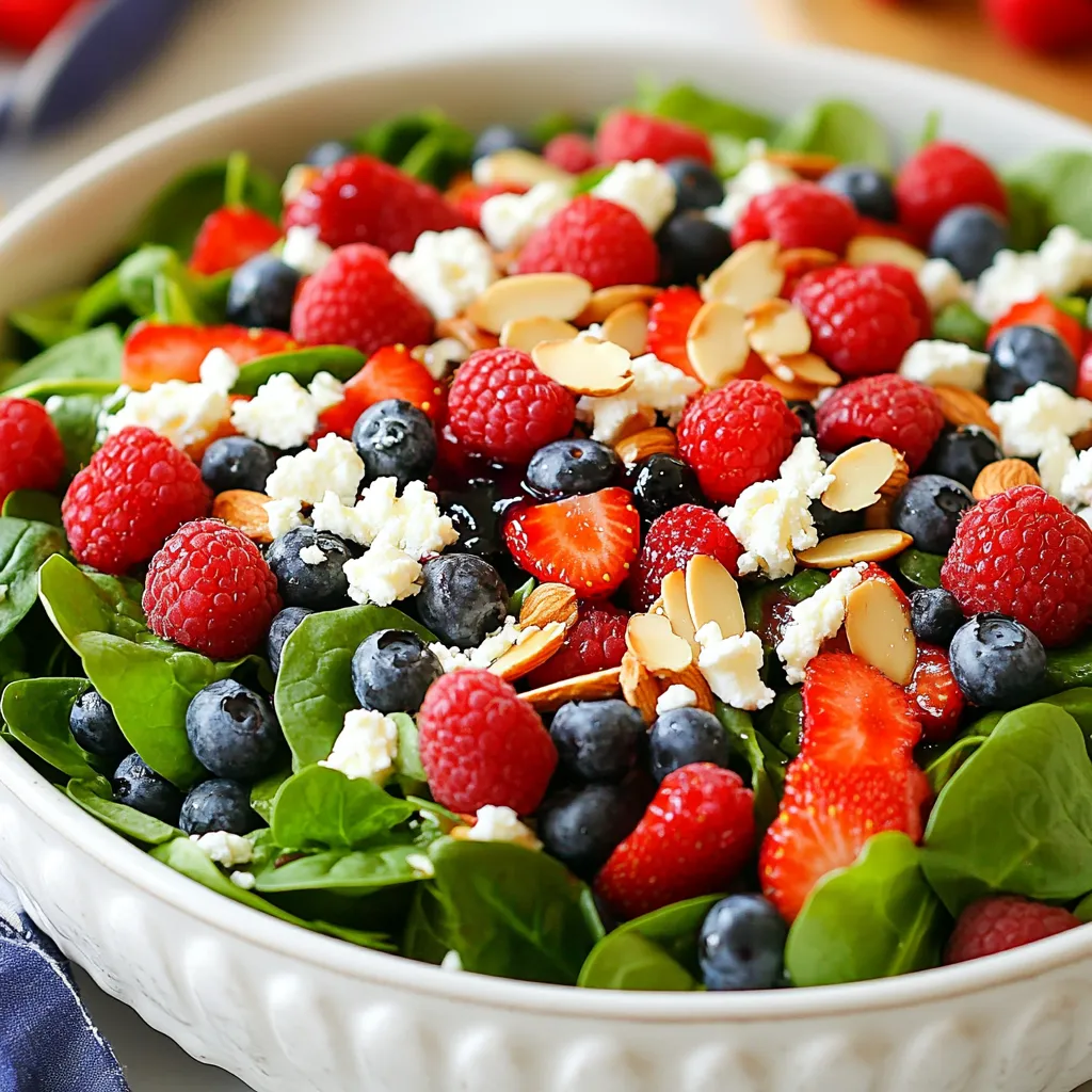 Fresh spinach is the star of this salad. Use 4 cups of fresh spinach. Wash it well to remove dirt and grit. Dry it thoroughly so the dressing sticks better. The spinach gives a nice base. It is healthy and full of nutrients. For the berries, use 1 cup of mixed types. I like strawberries, blueberries, and raspberries. These berries add sweetness and a pop of color. Their juicy texture pairs well with the spinach. They also offer vitamins and antioxidants. Scatter them evenly over the spinach. This salad needs a few more tasty items. Add 1/2 cup of crumbled feta cheese for creaminess. It gives a nice contrast to the sweet berries. Include 1/4 cup of sliced almonds for crunch. They add a great texture to each bite. Thinly slice 1/4 cup of red onion for a bit of sharpness. Finally, mix 1/4 cup of balsamic vinaigrette with 1 tablespoon of honey. This dressing brings all the flavors together. Season with salt and pepper to taste. Enjoy this fresh and vibrant dish! {{ingredient_image_1}} Start by gathering your ingredients. You will need 4 cups of fresh spinach. Make sure it is washed and dried well. This keeps your salad crisp. Place the spinach in a large mixing bowl. This will be the base of your salad. Now, it’s time to add the fun stuff! Take 1 cup of mixed berries—strawberries, blueberries, and raspberries. Scatter them evenly over the spinach. This mix adds a burst of color and flavor. Next, sprinkle 1/2 cup of crumbled feta cheese on top. This cheese gives a creamy contrast to the sweet berries. Don’t forget the crunch! Add 1/4 cup of sliced almonds for a nice texture. Finally, include 1/4 cup of thinly sliced red onion for a bit of bite. In a small bowl, combine 1/4 cup of balsamic vinaigrette with 1 tablespoon of honey. Whisk them together until they blend well. This dressing adds a sweet and tangy finish to your salad. Drizzle it over the salad, making sure to cover everything. Gently toss the salad, mixing all the ingredients while keeping the berries intact. Season with salt and pepper to taste, adjusting it to your liking. Now your Summer Berry Spinach Salad is ready to enjoy! When picking berries, freshness is key. Look for bright colors and firm textures. Strawberries should be red all over, not just at the tips. Blueberries should be plump and smooth, while raspberries need to be intact and not mushy. Buy organic when you can. They taste better and are better for you. Start with clean spinach. Wash it well to remove dirt. Dry it gently in a salad spinner or with paper towels. This keeps the leaves crisp. Layer the salad for a pretty look. Place spinach first, then add the mixed berries. Top with feta and almonds. Toss gently to keep the berries whole. For the best dressing, mix balsamic vinaigrette and honey in a small bowl. Whisk until smooth. This makes a sweet and tangy flavor that complements the berries well. Drizzle it evenly over the salad, but don’t drown it. Taste and adjust with salt and pepper. Always serve the dressing on the side if you plan to store leftovers. Pro Tips Customize Your Berries: Feel free to use whatever berries are in season or available. Blackberries and cherries can also be delightful additions! Make It Ahead: Prepare all the ingredients in advance and store them separately. Toss together just before serving to keep everything fresh. Dress It Right: For a more intense flavor, let the salad sit for about 5 minutes after dressing. This allows the flavors to meld beautifully. Protein Boost: Add grilled chicken or chickpeas for extra protein, turning this salad into a complete meal. {{image_2}} You can easily change the fruits in your salad. As seasons change, use what is fresh. In spring, try adding ripe peaches or plums. In fall, consider apples or pears. Each fruit brings a unique flavor. This keeps your salad fresh and exciting. Just remember, pair sweet fruits with your spinach for the best taste. Want to add more protein? Grilled chicken works well in this salad. You can also try chickpeas or quinoa for a plant-based choice. Adding nuts like walnuts or pecans boosts protein too. These options make your salad filling and tasty. It’s great to mix and match for your needs. For a vegan twist, leave out the feta cheese. You can substitute it with avocado. This gives creaminess without dairy. Use a vegan dressing, like lemon juice with olive oil. This keeps the salad light and zesty. You can enjoy all the flavors while staying true to your diet. To keep your Summer Berry Spinach Salad fresh, store it in the fridge. The spinach wilts quickly, so eat it within a day. If you want to save it for later, keep the dressing separate. This way, the salad stays crisp and tasty. You can prep some parts ahead of time. Wash and dry the spinach a day before. Store it in a container with a paper towel to absorb moisture. You can also prepare the mixed berries. Just wash them and store them in the fridge. Slice the onions and almonds if you like. But wait to mix everything until you are ready to eat. Use airtight containers for storage. A large glass bowl works well for the salad. If you have a smaller bowl for the dressing, use that too. Mason jars are great for single servings. They keep everything fresh and make it easy to grab on the go. Yes, you can use frozen berries. They work well in this salad. However, they may release some juice. This juice can make the salad a bit soggy. If you use frozen berries, let them thaw first. Drain any extra liquid before adding them to the salad. This way, you keep the salad fresh and tasty. You can store leftover salad for one to two days. Keep it in an airtight container in the fridge. The spinach may wilt over time, so eat it sooner rather than later. If you store the dressing separately, it helps keep the salad fresh longer. Just dress it before you eat. Many dressings pair nicely with this salad. You could try a citrus vinaigrette for a zesty flavor. A honey mustard dressing adds a sweet touch. Even a light ranch dressing can work well. Feel free to experiment and find your favorite flavor! We discussed how to make a tasty salad with fresh spinach and mixed berries. You learned about preparing the base, assembling the salad, and making a delicious dressing. I shared helpful tips for choosing the best berries and perfecting your salad. There are many variations, like adding protein or making your dish vegan. Store your salad right to keep it fresh. Remember, simple ingredients and steps can create something special. Enjoy your healthy salad and feel good about your meal choices!