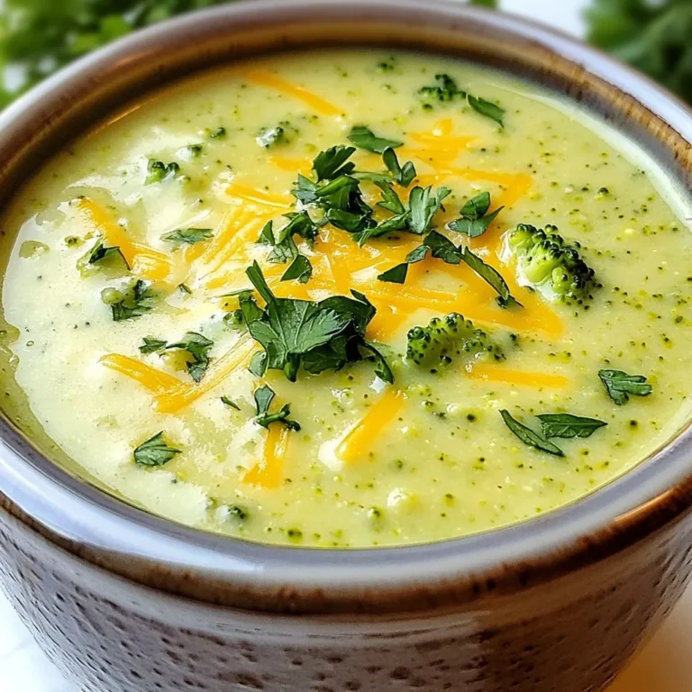 - 4 cups broccoli florets - 1 medium onion, diced - 2 cloves garlic, minced - 3 tablespoons olive oil - 4 cups vegetable broth - 2 medium carrots, diced - 1 cup cauliflower florets - 1 teaspoon dried thyme - 1/2 teaspoon black pepper - 2 cups shredded sharp cheddar cheese - 1 cup milk (or dairy-free alternative) - Salt to taste - Optional: Fresh parsley, chopped (for garnish) For this healthy broccoli cheddar soup, I use fresh and simple ingredients. This soup is packed with flavor and nutrients. If you want to make it lighter, try low-fat cheese or non-dairy milk. You can also use vegetable broth made from low-sodium cubes. This keeps the soup tasty without added salt. Broccoli is a superfood. It has vitamins C and K, which support your immune system and bones. Carrots add beta-carotene, good for your eyes. Cauliflower is low in calories but high in fiber. This soup provides a balance of nutrients that keep you feeling great. By using fresh ingredients, you create a healthy and satisfying dish. Enjoy every spoonful of this creamy goodness! {{ingredient_image_1}} 1. Sautéing the aromatics Start by heating 3 tablespoons of olive oil in a large pot over medium heat. Add 1 medium diced onion. Sauté the onion for about 4-5 minutes until it turns soft. Then, add 2 minced garlic cloves. Sauté for another minute until the garlic smells great. 2. Cooking and simmering the vegetables Next, stir in 4 cups of broccoli florets, 1 cup of cauliflower florets, and 2 diced medium carrots. Cook these veggies for about 5 minutes. Then, pour in 4 cups of vegetable broth. Add 1 teaspoon of dried thyme and 1/2 teaspoon of black pepper. Bring the mix to a boil. Once boiling, reduce the heat and let it simmer for about 15 minutes. You want all the veggies to be tender. 3. Blending and incorporating cheese Carefully use an immersion blender to blend the soup until it is smooth. If you don’t have one, transfer the soup to a blender in batches. Blend until creamy. Return the soup to the pot over low heat. Now, stir in 1 cup of milk and 2 cups of shredded sharp cheddar cheese. Mix until the cheese melts and combines well. Finally, taste and add salt if needed. Let the soup simmer for another 5-10 minutes, stirring now and then. Serve hot, and if you like, add some fresh chopped parsley on top for color. - Low-fat cheese options: Use low-fat cheddar to cut calories and fat. You can also try mozzarella or a blend of both. This keeps the cheese flavor while making it lighter. - Incorporating spices for flavor without calories: Add spices like paprika, cayenne, or nutmeg. These can give your soup a kick without extra calories. Herbs like basil or oregano can also enhance flavor easily. - Adjusting consistency to preference: If you like a thicker soup, add less broth or more veggies. For a thinner soup, simply add more broth or milk. Blend to your liking. Try these tips to make your soup even better! Pro Tips Fresh Vegetables: Using fresh broccoli, cauliflower, and carrots will enhance the flavor and nutrition of your soup. Immersion Blender: An immersion blender is great for pureeing soups directly in the pot, making cleanup easier. Cheese Variety: Feel free to mix different types of cheese, such as Gruyere or Monterey Jack, for a unique flavor profile. Storage Tips: This soup can be refrigerated for up to 3 days or frozen for up to 3 months. Just reheat and enjoy! {{image_2}} You can make this broccoli cheddar soup even more fun by adding different veggies. Spinach or kale works well. Both add great color and nutrition. Just toss in a couple of cups during cooking. They will wilt down and blend in nicely. Root vegetables are another great choice. Try adding diced sweet potatoes or parsnips. They add a natural sweetness and creamy texture. Just chop them small and add them when you cook the other veggies. You can also spice things up with different flavors. A pinch of cayenne pepper gives a nice kick. If you like heat, add some diced jalapeños. For a warm flavor, try adding smoked paprika or cumin. These spices make the soup even more comforting. Feel free to mix and match your favorite vegetables and spices. This soup is all about making it your own! To keep your soup fresh, follow these simple steps. First, let the soup cool down to room temperature. Then, pour it into an airtight container. Store it in the fridge for up to three days. This keeps the flavor and texture nice. If you want to save it for later, freezing works well. Use freezer-safe containers or bags. Make sure to leave some space at the top. This allows the soup to expand as it freezes. You can freeze the soup for up to three months. When you're ready to enjoy your soup again, reheating is key. For best results, use the stovetop. Pour the soup into a pot over low heat. Stir often to keep it from sticking. If it seems thick, add a splash of water or broth. This helps it regain its creamy texture. You can also use the microwave if you're in a hurry. Place the soup in a microwave-safe bowl. Cover it loosely to avoid splatters. Heat it in short bursts, stirring in between. This way, it warms evenly without overcooking. Enjoy your delicious soup anytime! Can I make this soup dairy-free? Yes, you can easily make this soup dairy-free. Use a dairy-free milk, like almond or oat milk. For cheese, try a vegan cheese that melts well. This way, you still enjoy a creamy texture without dairy. How can I thicken the soup without cream? To thicken the soup without cream, use pureed vegetables. After cooking, blend some of the soup until smooth. You can also add more broccoli or cauliflower, which helps thicken naturally. What are the health benefits of broccoli? Broccoli is a superfood packed with vitamins. It has vitamin C, vitamin K, and fiber. These nutrients support your immune system and help digestion. Eating broccoli may lower the risk of chronic diseases, too. It’s a great choice for a healthy diet. This blog post covered how to make a healthy broccoli cheddar soup. We discussed the key ingredients, their benefits, and tasty substitutes. I shared step-by-step cooking instructions to guide you through the process. You learned helpful tips to make the soup even healthier and variations you can try. I also provided best practices for storing leftovers and answered common questions. Healthy cooking can be simple and fun. Enjoy creating your own version of this comforting dish!