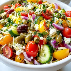 - 1 cup orzo pasta - 1 ½ cups cherry tomatoes, halved - 1 cup cucumber, diced - ½ cup red onion, finely chopped - 1 cup Kalamata olives, pitted and sliced - 1 cup feta cheese, crumbled - ½ cup fresh parsley, chopped - 2 tablespoons capers, rinsed and drained - ¼ cup olive oil - 2 tablespoons lemon juice - 1 teaspoon dried oregano - Salt and pepper to taste In Mediterranean Orzo Salad, each ingredient plays a key role in flavor and texture. The orzo pasta forms a soft base. Cherry tomatoes add a burst of sweetness. Cucumbers give a nice crunch. Red onions bring a sharp bite, while Kalamata olives add a salty, briny punch. Feta cheese adds creaminess and tang. Fresh parsley brightens the dish. Lastly, capers offer a unique, tangy kick. For the dressing, I use olive oil and lemon juice as the main components. They create a light and refreshing taste. Dried oregano adds an earthy note. Salt and pepper enhance all the flavors. When combined, these ingredients create a balanced and vibrant salad that shines on any table. {{ingredient_image_1}} 1. Bring a large pot of salted water to a boil. This is key for great flavor. 2. Cook the orzo until it is al dente. This usually takes about 8 to 10 minutes. 3. Once cooked, drain the orzo and rinse it with cold water. This stops the cooking and cools it down. 1. In a large mixing bowl, combine the fresh ingredients: - 1 ½ cups cherry tomatoes, halved - 1 cup cucumber, diced - ½ cup red onion, finely chopped - 1 cup Kalamata olives, pitted and sliced - 1 cup feta cheese, crumbled - ½ cup fresh parsley, chopped - 2 tablespoons capers, rinsed and drained 2. Mix everything gently to combine. 1. In a small bowl, whisk together the dressing ingredients: - ¼ cup olive oil - 2 tablespoons lemon juice - 1 teaspoon dried oregano - Salt and pepper to taste 2. Pour the dressing over the salad and toss gently until it coats everything well. 1. Taste the salad and adjust the seasoning. You can add more salt, pepper, or lemon juice if you like. 2. Chill the salad in the refrigerator for at least 30 minutes. This helps the flavors blend together nicely. Cooking orzo can seem tricky, but it is easy. First, boil salted water in a big pot. Add the orzo and cook it for 8-10 minutes. You want it to be al dente, which means it should be firm but cooked. After cooking, drain the orzo. Rinsing it with cold water stops the cooking. This step keeps the orzo from getting mushy. To boost the flavor, use fresh herbs. Basil and dill are great options. You can chop them up and mix them in with the veggies. For the dressing, add a bit more lemon juice if you like it tangy. A touch of garlic can also enhance the taste. Experiment with your favorite herbs to find what you love. Serving it well makes a big difference. Use a large bowl for a family gathering. For picnics, pack the salad in mason jars. This way, each person has their own portion. Garnish the salad with extra parsley and a sprinkle of feta on top. This adds color and makes it look pretty. Pro Tips Cook Orzo Perfectly: Make sure to cook the orzo in salted water and rinse it with cold water after draining to stop the cooking process, ensuring it remains al dente. Fresh Ingredients Matter: Use fresh vegetables and herbs for the best flavor. Seasonal produce will elevate the taste of your salad. Customize Your Dressing: Feel free to adjust the olive oil and lemon juice ratios to suit your taste preferences. A splash of red wine vinegar can also add a nice tang! Chill for Flavor: Allow the salad to chill in the refrigerator for at least 30 minutes before serving. This helps the flavors meld together beautifully. {{image_2}} Adding protein can make your Mediterranean orzo salad heartier. You can grill chicken and slice it into strips. This adds flavor and makes the dish more filling. For a vegetarian option, use chickpeas. They give a nice texture and boost protein without meat. Sometimes, you may want to change ingredients. If you don't like olives or feta, try using sun-dried tomatoes or goat cheese. These swaps keep the salad tasty. You can also add seasonal vegetables. Think about bell peppers in summer or roasted squash in fall. Fresh ingredients make the salad shine. If you need gluten-free options, look for gluten-free orzo. This way, everyone can enjoy the dish. For those who want a vegan meal, swap the dressing for a mix of olive oil and balsamic vinegar. It adds a tangy flavor without dairy. Adjusting ingredients helps you cater to different diets while keeping the salad delicious. To keep your Mediterranean Orzo Salad fresh, store it in an airtight container. This helps prevent the salad from drying out. Place the container in the fridge right after serving. The salad will stay good for 3 to 5 days. Be aware that tomatoes can release water over time. This may make the salad a bit soggy. To avoid this, mix in the tomatoes just before serving. For best taste, enjoy the salad within the first couple of days. Can you freeze orzo salad? Yes, you can freeze it, but note that the texture may change. The vegetables may become soft once thawed. If you want to freeze it, do so right after making, before adding tomatoes. To freeze, put the salad in a freezer-safe bag. Squeeze out as much air as possible before sealing. This helps to prevent freezer burn. For thawing, move the salad to the fridge a day before you plan to eat it. This way, it defrosts slowly. When ready to serve, toss in fresh tomatoes and any new herbs. This will bring back some freshness. Orzo is a small pasta that looks like rice. It is made from wheat and cooks quickly. Unlike traditional pasta, orzo is often used in salads and soups due to its unique shape. This tiny pasta adds a nice texture to dishes. You can find orzo in most grocery stores. You can refrigerate Mediterranean Orzo Salad for about three to five days. To keep it fresh, store it in an airtight container. Make sure to check for any signs of spoilage before eating. If the salad looks or smells off, it’s best to toss it. Yes, making Mediterranean Orzo Salad ahead of time is a great idea. You can prepare it a day in advance. Just mix all the ingredients and chill it in the fridge. This allows the flavors to blend nicely. If you want it extra fresh, add feta cheese and herbs right before serving. Mediterranean Orzo Salad is quite healthy! It has fresh vegetables, healthy fats, and protein from feta. The olives and olive oil provide good fats for your heart. Plus, the salad is packed with vitamins from the veggies. It is a tasty way to enjoy a balanced meal! In this post, we explored the vibrant Mediterranean Orzo Salad. We covered main ingredients, from orzo to feta, and detailed simple steps for preparation. Tips on flavor and presentation enhanced your dish's appeal. You learned about variations to fit your taste and dietary needs. Lastly, we provided storage advice to keep leftovers fresh. This salad is not only delicious but also versatile and easy to make. Enjoy sharing it with family and friends!
