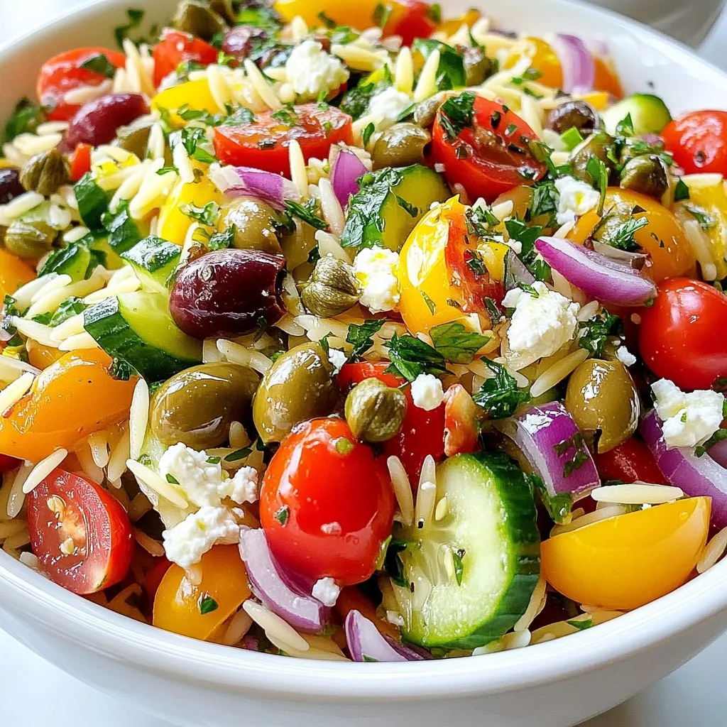 - 1 cup orzo pasta - 1 ½ cups cherry tomatoes, halved - 1 cup cucumber, diced - ½ cup red onion, finely chopped - 1 cup Kalamata olives, pitted and sliced - 1 cup feta cheese, crumbled - ½ cup fresh parsley, chopped - 2 tablespoons capers, rinsed and drained - ¼ cup olive oil - 2 tablespoons lemon juice - 1 teaspoon dried oregano - Salt and pepper to taste In Mediterranean Orzo Salad, each ingredient plays a key role in flavor and texture. The orzo pasta forms a soft base. Cherry tomatoes add a burst of sweetness. Cucumbers give a nice crunch. Red onions bring a sharp bite, while Kalamata olives add a salty, briny punch. Feta cheese adds creaminess and tang. Fresh parsley brightens the dish. Lastly, capers offer a unique, tangy kick. For the dressing, I use olive oil and lemon juice as the main components. They create a light and refreshing taste. Dried oregano adds an earthy note. Salt and pepper enhance all the flavors. When combined, these ingredients create a balanced and vibrant salad that shines on any table. {{ingredient_image_1}} 1. Bring a large pot of salted water to a boil. This is key for great flavor. 2. Cook the orzo until it is al dente. This usually takes about 8 to 10 minutes. 3. Once cooked, drain the orzo and rinse it with cold water. This stops the cooking and cools it down. 1. In a large mixing bowl, combine the fresh ingredients: - 1 ½ cups cherry tomatoes, halved - 1 cup cucumber, diced - ½ cup red onion, finely chopped - 1 cup Kalamata olives, pitted and sliced - 1 cup feta cheese, crumbled - ½ cup fresh parsley, chopped - 2 tablespoons capers, rinsed and drained 2. Mix everything gently to combine. 1. In a small bowl, whisk together the dressing ingredients: - ¼ cup olive oil - 2 tablespoons lemon juice - 1 teaspoon dried oregano - Salt and pepper to taste 2. Pour the dressing over the salad and toss gently until it coats everything well. 1. Taste the salad and adjust the seasoning. You can add more salt, pepper, or lemon juice if you like. 2. Chill the salad in the refrigerator for at least 30 minutes. This helps the flavors blend together nicely. Cooking orzo can seem tricky, but it is easy. First, boil salted water in a big pot. Add the orzo and cook it for 8-10 minutes. You want it to be al dente, which means it should be firm but cooked. After cooking, drain the orzo. Rinsing it with cold water stops the cooking. This step keeps the orzo from getting mushy. To boost the flavor, use fresh herbs. Basil and dill are great options. You can chop them up and mix them in with the veggies. For the dressing, add a bit more lemon juice if you like it tangy. A touch of garlic can also enhance the taste. Experiment with your favorite herbs to find what you love. Serving it well makes a big difference. Use a large bowl for a family gathering. For picnics, pack the salad in mason jars. This way, each person has their own portion. Garnish the salad with extra parsley and a sprinkle of feta on top. This adds color and makes it look pretty. Pro Tips Cook Orzo Perfectly: Make sure to cook the orzo in salted water and rinse it with cold water after draining to stop the cooking process, ensuring it remains al dente. Fresh Ingredients Matter: Use fresh vegetables and herbs for the best flavor. Seasonal produce will elevate the taste of your salad. Customize Your Dressing: Feel free to adjust the olive oil and lemon juice ratios to suit your taste preferences. A splash of red wine vinegar can also add a nice tang! Chill for Flavor: Allow the salad to chill in the refrigerator for at least 30 minutes before serving. This helps the flavors meld together beautifully. {{image_2}} Adding protein can make your Mediterranean orzo salad heartier. You can grill chicken and slice it into strips. This adds flavor and makes the dish more filling. For a vegetarian option, use chickpeas. They give a nice texture and boost protein without meat. Sometimes, you may want to change ingredients. If you don't like olives or feta, try using sun-dried tomatoes or goat cheese. These swaps keep the salad tasty. You can also add seasonal vegetables. Think about bell peppers in summer or roasted squash in fall. Fresh ingredients make the salad shine. If you need gluten-free options, look for gluten-free orzo. This way, everyone can enjoy the dish. For those who want a vegan meal, swap the dressing for a mix of olive oil and balsamic vinegar. It adds a tangy flavor without dairy. Adjusting ingredients helps you cater to different diets while keeping the salad delicious. To keep your Mediterranean Orzo Salad fresh, store it in an airtight container. This helps prevent the salad from drying out. Place the container in the fridge right after serving. The salad will stay good for 3 to 5 days. Be aware that tomatoes can release water over time. This may make the salad a bit soggy. To avoid this, mix in the tomatoes just before serving. For best taste, enjoy the salad within the first couple of days. Can you freeze orzo salad? Yes, you can freeze it, but note that the texture may change. The vegetables may become soft once thawed. If you want to freeze it, do so right after making, before adding tomatoes. To freeze, put the salad in a freezer-safe bag. Squeeze out as much air as possible before sealing. This helps to prevent freezer burn. For thawing, move the salad to the fridge a day before you plan to eat it. This way, it defrosts slowly. When ready to serve, toss in fresh tomatoes and any new herbs. This will bring back some freshness. Orzo is a small pasta that looks like rice. It is made from wheat and cooks quickly. Unlike traditional pasta, orzo is often used in salads and soups due to its unique shape. This tiny pasta adds a nice texture to dishes. You can find orzo in most grocery stores. You can refrigerate Mediterranean Orzo Salad for about three to five days. To keep it fresh, store it in an airtight container. Make sure to check for any signs of spoilage before eating. If the salad looks or smells off, it’s best to toss it. Yes, making Mediterranean Orzo Salad ahead of time is a great idea. You can prepare it a day in advance. Just mix all the ingredients and chill it in the fridge. This allows the flavors to blend nicely. If you want it extra fresh, add feta cheese and herbs right before serving. Mediterranean Orzo Salad is quite healthy! It has fresh vegetables, healthy fats, and protein from feta. The olives and olive oil provide good fats for your heart. Plus, the salad is packed with vitamins from the veggies. It is a tasty way to enjoy a balanced meal! In this post, we explored the vibrant Mediterranean Orzo Salad. We covered main ingredients, from orzo to feta, and detailed simple steps for preparation. Tips on flavor and presentation enhanced your dish's appeal. You learned about variations to fit your taste and dietary needs. Lastly, we provided storage advice to keep leftovers fresh. This salad is not only delicious but also versatile and easy to make. Enjoy sharing it with family and friends!