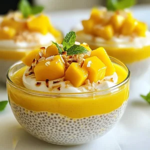 - 1/2 cup chia seeds - 2 cups coconut milk (canned or carton) - 1 ripe mango, pureed - 2 tablespoons maple syrup (or honey) - 1 teaspoon vanilla extract - A pinch of sea salt The main ingredients for this recipe are simple and nutritious. Chia seeds are tiny powerhouses. They have fiber, protein, and omega-3 fatty acids. Coconut milk adds creaminess and a tropical taste. It also gives healthy fats. The ripe mango brings sweetness and a bright color. Maple syrup or honey sweetens the dish. Vanilla extract adds a lovely aroma. The sea salt enhances all the flavors. - Fresh mango slices (for topping) - Toasted coconut flakes (for garnish) - Mint leaves (for garnish) For garnishing, fresh mango slices make the dish pop with color. They also add more mango flavor. Toasted coconut flakes give a crunchy texture. They bring out the coconut taste even more. Mint leaves add a fresh touch. They also look great on top! Using these ingredients will create a delicious and healthy treat. You can mix and match to find your favorite flavor. {{ingredient_image_1}} - In a mixing bowl, combine 1/2 cup chia seeds and 2 cups coconut milk. - Stir well to avoid clumping. - Next, add 1 ripe mango, pureed, along with 2 tablespoons maple syrup, 1 teaspoon vanilla extract, and a pinch of sea salt. - Mix everything until it is well combined. - Cover the bowl with plastic wrap or transfer the mix to jars. - Refrigerate for at least 4 hours or overnight. This helps the seeds swell and thicken the pudding. - Once set, take it out of the fridge. - Stir the pudding gently to break up any clumps. - Spoon the pudding into bowls or glasses. - Top with fresh mango slices, toasted coconut flakes, and mint leaves for extra flavor. To make a great mango coconut chia pudding, you need to mix well. Stir the chia seeds and coconut milk together until there are no clumps. This step is key to a smooth texture. After mixing, let the pudding chill in the fridge. For the best results, refrigerate for at least 4 hours or overnight. This allows the chia seeds to absorb the liquid and thicken nicely. Serving your pudding in clear glass bowls is a fun way to show off its layers. The bright colors of the mango and the white chia pudding look great together. For an extra pop, drizzle some pureed mango on top. This not only adds flavor but also makes your dish look fancy. Garnish with fresh mango slices, toasted coconut flakes, and mint leaves for a beautiful finish. Pro Tips Chia Seed Soaking: Make sure to let the chia seeds soak long enough to fully expand and create that perfect pudding texture. Mango Ripeness: Choose a ripe mango for the best sweetness and flavor; it should yield slightly when gently pressed. Flavor Variations: Experiment by adding a splash of lime juice or a hint of ginger to enhance the tropical flavors. Storage Tips: This pudding stores well in the refrigerator for up to 5 days, making it a great make-ahead breakfast option. {{image_2}} You can change the flavor of your mango coconut chia pudding easily. Try adding different fruit purees. Banana or berry purees can give it a new twist. Just blend the fruit until smooth and mix it in. This makes the pudding more fun and tasty! You can also swap the coconut milk. Almond or oat milk works well too. These milks add their own flavor. They can make the pudding lighter. Experiment with different types and find what you like best. You can make this pudding vegan with a simple switch. Use maple syrup instead of honey. This keeps it sweet while following a vegan diet. Maple syrup is a great natural sweetener. It adds a nice flavor too. You can also adjust the sweetness. If you like it sweeter, add more syrup. If you prefer it less sweet, use less. Taste as you go and make it just right for you. You can store your mango coconut chia pudding in the fridge for up to 5 days. To keep it fresh, cover it tightly. Use plastic wrap or a lid to seal your container. This way, it won’t absorb any odors from your fridge. If you notice any excess liquid, just stir it back in before serving. Yes, you can freeze chia pudding! To freeze, pour it into an airtight container. Leave a little space at the top, as it will expand. When you want to enjoy it, take it out and thaw it in the fridge overnight. If you need it faster, you can thaw it in a bowl of cool water. Stir it well before serving to ensure a smooth texture. Chia pudding should chill for at least 4 hours. This time allows the chia seeds to absorb the coconut milk. For the best texture, I recommend letting it set overnight. This way, the pudding becomes extra thick and creamy. Yes, you can easily make this pudding vegan! Just use maple syrup instead of honey. Both ingredients add sweetness, but maple syrup is plant-based. The rest of the ingredients are already vegan-friendly. So, enjoy this treat without worry! Chia seeds are tiny powerhouses! They are loaded with fiber, protein, and Omega-3 fatty acids. A 1-ounce serving has about 140 calories. You also get 11 grams of fiber, which helps with digestion. Plus, they provide calcium and antioxidants, which are great for your body. The coconut milk adds healthy fats, while mango gives vitamins and minerals. Together, they make this pudding a nutritious snack! This recipe uses simple ingredients to make a healthy chia pudding. We mixed chia seeds, coconut milk, and pureed mango, then added a touch of sweetness. Chilling the mixture helps it thicken into a creamy dessert. You can change flavors or toppings based on your mood. Remember, this pudding lasts up to five days in the fridge. It’s easy to make and full of flavor, so enjoy your tasty treat!