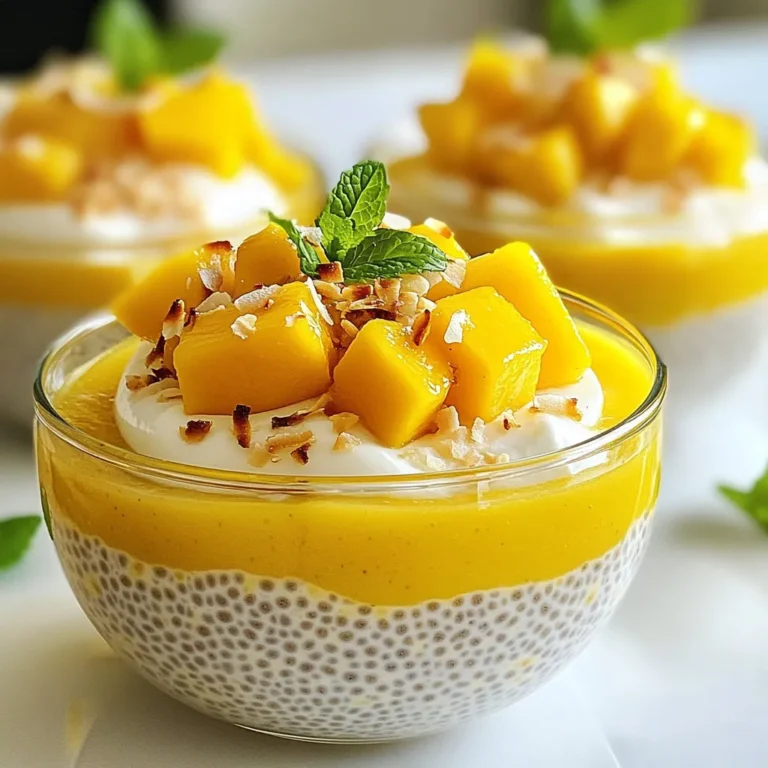 - 1/2 cup chia seeds - 2 cups coconut milk (canned or carton) - 1 ripe mango, pureed - 2 tablespoons maple syrup (or honey) - 1 teaspoon vanilla extract - A pinch of sea salt The main ingredients for this recipe are simple and nutritious. Chia seeds are tiny powerhouses. They have fiber, protein, and omega-3 fatty acids. Coconut milk adds creaminess and a tropical taste. It also gives healthy fats. The ripe mango brings sweetness and a bright color. Maple syrup or honey sweetens the dish. Vanilla extract adds a lovely aroma. The sea salt enhances all the flavors. - Fresh mango slices (for topping) - Toasted coconut flakes (for garnish) - Mint leaves (for garnish) For garnishing, fresh mango slices make the dish pop with color. They also add more mango flavor. Toasted coconut flakes give a crunchy texture. They bring out the coconut taste even more. Mint leaves add a fresh touch. They also look great on top! Using these ingredients will create a delicious and healthy treat. You can mix and match to find your favorite flavor. {{ingredient_image_1}} - In a mixing bowl, combine 1/2 cup chia seeds and 2 cups coconut milk. - Stir well to avoid clumping. - Next, add 1 ripe mango, pureed, along with 2 tablespoons maple syrup, 1 teaspoon vanilla extract, and a pinch of sea salt. - Mix everything until it is well combined. - Cover the bowl with plastic wrap or transfer the mix to jars. - Refrigerate for at least 4 hours or overnight. This helps the seeds swell and thicken the pudding. - Once set, take it out of the fridge. - Stir the pudding gently to break up any clumps. - Spoon the pudding into bowls or glasses. - Top with fresh mango slices, toasted coconut flakes, and mint leaves for extra flavor. To make a great mango coconut chia pudding, you need to mix well. Stir the chia seeds and coconut milk together until there are no clumps. This step is key to a smooth texture. After mixing, let the pudding chill in the fridge. For the best results, refrigerate for at least 4 hours or overnight. This allows the chia seeds to absorb the liquid and thicken nicely. Serving your pudding in clear glass bowls is a fun way to show off its layers. The bright colors of the mango and the white chia pudding look great together. For an extra pop, drizzle some pureed mango on top. This not only adds flavor but also makes your dish look fancy. Garnish with fresh mango slices, toasted coconut flakes, and mint leaves for a beautiful finish. Pro Tips Chia Seed Soaking: Make sure to let the chia seeds soak long enough to fully expand and create that perfect pudding texture. Mango Ripeness: Choose a ripe mango for the best sweetness and flavor; it should yield slightly when gently pressed. Flavor Variations: Experiment by adding a splash of lime juice or a hint of ginger to enhance the tropical flavors. Storage Tips: This pudding stores well in the refrigerator for up to 5 days, making it a great make-ahead breakfast option. {{image_2}} You can change the flavor of your mango coconut chia pudding easily. Try adding different fruit purees. Banana or berry purees can give it a new twist. Just blend the fruit until smooth and mix it in. This makes the pudding more fun and tasty! You can also swap the coconut milk. Almond or oat milk works well too. These milks add their own flavor. They can make the pudding lighter. Experiment with different types and find what you like best. You can make this pudding vegan with a simple switch. Use maple syrup instead of honey. This keeps it sweet while following a vegan diet. Maple syrup is a great natural sweetener. It adds a nice flavor too. You can also adjust the sweetness. If you like it sweeter, add more syrup. If you prefer it less sweet, use less. Taste as you go and make it just right for you. You can store your mango coconut chia pudding in the fridge for up to 5 days. To keep it fresh, cover it tightly. Use plastic wrap or a lid to seal your container. This way, it won’t absorb any odors from your fridge. If you notice any excess liquid, just stir it back in before serving. Yes, you can freeze chia pudding! To freeze, pour it into an airtight container. Leave a little space at the top, as it will expand. When you want to enjoy it, take it out and thaw it in the fridge overnight. If you need it faster, you can thaw it in a bowl of cool water. Stir it well before serving to ensure a smooth texture. Chia pudding should chill for at least 4 hours. This time allows the chia seeds to absorb the coconut milk. For the best texture, I recommend letting it set overnight. This way, the pudding becomes extra thick and creamy. Yes, you can easily make this pudding vegan! Just use maple syrup instead of honey. Both ingredients add sweetness, but maple syrup is plant-based. The rest of the ingredients are already vegan-friendly. So, enjoy this treat without worry! Chia seeds are tiny powerhouses! They are loaded with fiber, protein, and Omega-3 fatty acids. A 1-ounce serving has about 140 calories. You also get 11 grams of fiber, which helps with digestion. Plus, they provide calcium and antioxidants, which are great for your body. The coconut milk adds healthy fats, while mango gives vitamins and minerals. Together, they make this pudding a nutritious snack! This recipe uses simple ingredients to make a healthy chia pudding. We mixed chia seeds, coconut milk, and pureed mango, then added a touch of sweetness. Chilling the mixture helps it thicken into a creamy dessert. You can change flavors or toppings based on your mood. Remember, this pudding lasts up to five days in the fridge. It’s easy to make and full of flavor, so enjoy your tasty treat!