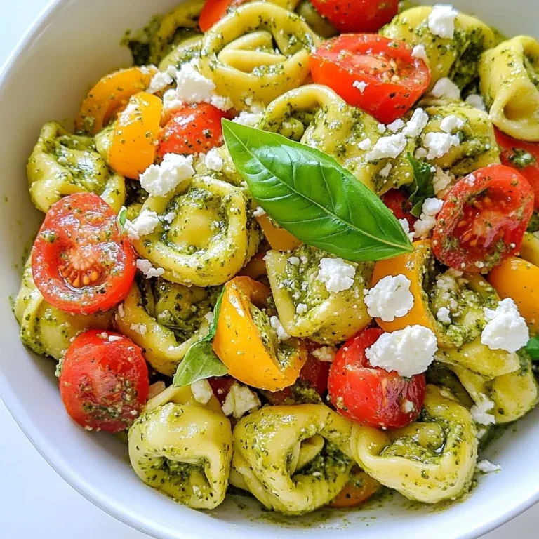 - 12 oz cheese tortellini - 1 cup cherry tomatoes, halved - 1 cup bell peppers, diced (red, yellow, or green) - 1 cup fresh spinach, roughly chopped - ½ cup black olives, sliced - ½ cup feta cheese, crumbled - ½ cup pesto sauce (store-bought or homemade) - 2 tablespoons olive oil - Salt and pepper to taste - Fresh basil leaves for garnish When making pesto tortellini pasta salad, it's crucial to choose the best ingredients. I love cheese tortellini for its creamy texture. It serves as a great base. Cherry tomatoes bring a burst of freshness. I often use red, yellow, or green bell peppers for added crunch and color. Fresh spinach adds vitamins and a nice green touch. Black olives lend a salty bite while feta cheese adds creaminess and tang. I prefer using homemade pesto, but store-bought works well too. A drizzle of olive oil enhances the flavor and helps the salad stay moist. Season it with salt and pepper to taste, and don’t forget fresh basil for garnish. It adds a lovely aroma and makes the dish pop visually. This ingredient mix creates a fresh and flavorful dish. Each bite is packed with taste, making it perfect for any gathering. {{ingredient_image_1}} Start by bringing a large pot of salted water to a boil. This step is key as it flavors the tortellini while cooking. Once the water is bubbling, add the cheese tortellini. Cook it according to the package instructions until al dente. This usually takes about 3 to 5 minutes. When it’s done, drain the tortellini and rinse it under cold water. This will stop the cooking process and help it cool down. Next, wash your vegetables well. For the cherry tomatoes, cut them in half. Dice your bell peppers into small pieces. Roughly chop the fresh spinach. Slice the black olives. In a large mixing bowl, combine the halved cherry tomatoes, diced bell peppers, chopped spinach, sliced olives, and crumbled feta cheese. This mix adds color and crunch to your salad. Now it’s time to put everything together. Add the cooled tortellini to the bowl with the vegetables. Pour the pesto sauce and olive oil over the tortellini and veggies. Season with salt and pepper to taste. Gently toss everything together. Make sure the tortellini and veggies are evenly coated with the pesto. Cover the bowl and refrigerate for at least 30 minutes. This chilling time helps all the flavors meld together beautifully. Before serving, give it a quick toss again and garnish with fresh basil leaves. Enjoy your fresh and flavorful pesto tortellini pasta salad! You can make this dish your own with different veggies. Try adding - Zucchini, diced - Carrots, shredded - Peas, fresh or frozen For cheese, you have great choices. Mix in - Mozzarella balls - Parmesan shavings - Goat cheese for a tangy twist To coat the tortellini well, add the pesto slowly. Mix gently to cover each piece. A good tip is to use warm tortellini. This helps the pesto stick better. When serving, warm or cold is great. If you want it warm, serve right after mixing. For a cold dish, chill it for at least 30 minutes. This lets the flavors blend. Herbs and spices can boost taste. Add - A pinch of red pepper flakes for heat - A sprinkle of garlic powder for depth To make it fresher, toss in - Chopped fresh parsley - Squeezed lemon juice for brightness - Extra basil leaves for a fragrant touch Pro Tips Use Fresh Ingredients: Whenever possible, opt for fresh vegetables and herbs to enhance the flavor and nutritional value of your pasta salad. Make Your Own Pesto: For a richer taste, consider making your own pesto with fresh basil, garlic, pine nuts, Parmesan cheese, and olive oil. Chill Before Serving: Allowing the salad to chill for at least 30 minutes helps the flavors blend beautifully, making each bite a burst of taste. Customize to Your Liking: Feel free to add or swap in your favorite vegetables, proteins, or cheeses for a personalized touch to the salad. {{image_2}} You can easily boost the protein in your pesto tortellini pasta salad. Adding grilled chicken or shrimp works great. Just cook them simply on a grill or in a pan. Slice them and mix them into the salad. If you prefer vegetarian options, try adding chickpeas or black beans. Both add protein and a nice texture. If you need a gluten-free salad, swap the cheese tortellini for gluten-free varieties. Many brands offer great gluten-free pasta that cooks well. You can also use gluten-free penne or fusilli. These options taste good and keep the salad fun. Seasonal vegetables can change the salad's flavor. In summer, add fresh zucchini or corn for sweetness. In winter, try roasted butternut squash or Brussels sprouts. These veggies warm up the dish and add hearty flavors. Adjusting your salad for the seasons keeps it fresh and exciting. To store your pesto tortellini pasta salad, place it in an airtight container. This keeps the salad fresh and safe. Refrigerate the container right away. The salad lasts 3 to 5 days in the fridge. Check it for any signs of spoilage before eating. Yes, you can freeze the salad! However, some ingredients may change texture. I recommend freezing only the pasta and pesto mix. Avoid freezing fresh vegetables and cheese. When ready to eat, thaw in the fridge overnight. Reheat gently on the stove or microwave. Add a splash of olive oil for moisture if needed. To keep your salad fresh after storage, keep the dressing separate until serving. This helps prevent sogginess. If the salad starts to look dull, add fresh herbs or a little lemon juice. Toss before serving to revive flavors. Enjoy your vibrant salad even after storing! Yes, you can use homemade pesto for this salad. In fact, I love making my own! Homemade pesto gives you more control over the flavors. You can adjust the garlic, nuts, and cheese to your taste. Store-bought pesto is a great option too, especially when you're short on time. It’s quick and easy. Both options work well in this dish. You can store pesto tortellini pasta salad in the fridge for up to three days. It tastes best when fresh, but it will still be good for a few days. Make sure to keep it in an airtight container. This helps to maintain the flavors and texture. If it sits too long, the pasta may soak up the pesto and become mushy. Absolutely! While cheese tortellini adds a nice touch, you can use other pasta types. Bowtie, penne, or rotini work well too. Just ensure the pasta cooks al dente so it holds up in the salad. You can even choose gluten-free pasta if needed. It’s all about your personal preference! This blog post covered a tasty tortellini salad featuring fresh ingredients like tomatoes and spinach. I shared tips on cooking, preparing vegetables, and assembling the salad. We also explored ways to customize and enhance flavors. Remember to store your leftovers properly for later enjoyment. This dish is versatile for any season and can fit various diets. Try it out, and enjoy a delicious meal that’s easy to make and share!