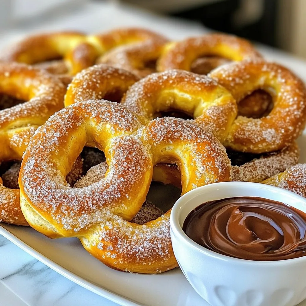 To make cinnamon sugar soft pretzels, gather these ingredients: - 2 ¼ teaspoons active dry yeast - 1 cup warm water (110°F/43°C) - 2 tablespoons granulated sugar - 2 ½ cups all-purpose flour - 1 teaspoon salt - 2 tablespoons unsalted butter, melted - Baking soda (for boiling) - 1/4 cup unsalted butter, melted (for brushing) - 1/2 cup granulated sugar (for coating) - 2 teaspoons ground cinnamon These simple ingredients create a delightful treat. Each one plays a key role in making the pretzels soft and sweet. You can swap some ingredients if needed: - Use instant yeast instead of active dry yeast. It saves time and works well. - Try whole wheat flour for a healthier option. It adds a nice flavor. - Replace unsalted butter with coconut oil for a dairy-free option. - Use brown sugar instead of granulated sugar for a deeper taste. Always keep in mind that these changes may alter the taste and texture slightly. Make sure you have these tools on hand: - Mixing bowls - Measuring cups and spoons - A large pot for boiling - Slotted spoon for removing pretzels - Baking sheets lined with parchment paper - Rolling pin for shaping the dough Having the right tools makes the process smooth and fun. You’ll enjoy making these soft pretzels even more! {{ingredient_image_1}} Start by mixing 2 ¼ teaspoons of active dry yeast with 1 cup of warm water. Add 2 tablespoons of sugar to the yeast mixture. Let it sit for about 5 minutes. This step makes the yeast foam, showing it is active. In another bowl, mix 2 ½ cups of all-purpose flour with 1 teaspoon of salt. Pour in the yeast mix and 2 tablespoons of melted butter. Stir until it forms a dough. Knead this dough for 5 to 7 minutes on a floured surface. You want it to be smooth and elastic. Place it in a greased bowl, cover it, and let it rise in a warm spot for about 1 hour. Watch it double in size. Once the dough has risen, preheat your oven to 425°F (220°C). Line two baking sheets with parchment paper. Divide the dough into 8 equal pieces. Roll each piece into a long rope, about 24 inches long. Now, twist the rope into a pretzel shape. Make sure to press the ends well so they don’t come apart. Place each shaped pretzel on the prepared baking sheets. In a large pot, bring 6 cups of water to a gentle boil. Add ½ cup of baking soda to the water. This step helps create that nice crust. Drop each pretzel into the boiling water for about 30 seconds. Use a slotted spoon to take them out. Place them back on the baking sheets. In a small bowl, mix ½ cup of sugar with 2 teaspoons of ground cinnamon. Brush each pretzel with melted butter and sprinkle the cinnamon sugar on top. Bake for 12 to 15 minutes, until they turn golden brown. Enjoy your warm, sweet treats! To get soft pretzels just right, start with good dough. Knead the dough until smooth. This takes about 5 to 7 minutes. The dough should be soft but not sticky. If it sticks to your hands, add a little flour. After rising, the dough must double in size. This step gives the pretzels their light, fluffy texture. Measuring flour right is key. Use a spoon to fluff up the flour in the bag. Then, scoop it into your measuring cup. Do not pack it down; this can cause too much flour. Level the top with a knife for the perfect amount. This small step helps to keep your pretzels soft and chewy. While cinnamon sugar is the star, you can try other toppings. Sea salt gives a nice salty kick. You can also sprinkle some grated cheese for a savory twist. For dips, melted chocolate is a sweet option. Cream cheese dip adds a rich flavor too. Experimenting with toppings can make each batch unique and fun. Pro Tips Yeast Activation: Ensure your water is warm but not hot to the touch. Too high a temperature can kill the yeast, preventing the dough from rising. Kneading Technique: Knead the dough until it is smooth and elastic; this develops the gluten, giving the pretzels their chewy texture. Boiling Solution: Adding baking soda to the boiling water gives the pretzels their characteristic golden brown color and distinct flavor. Cinnamon Sugar Coating: For an extra sweet touch, give the pretzels a generous coating of the cinnamon sugar mixture while they're still warm. {{image_2}} You can add cheesy goodness to your cinnamon pretzels. Use a soft cheese like cream cheese. After shaping the dough, place a small dollop of cheese inside each pretzel. Seal the dough well so the cheese does not leak out. This adds a fun twist and pairs well with the cinnamon sugar. The mix of sweet and savory will surprise your taste buds. Serve these with a side of warm cheese dip for extra flavor. If you love chocolate, try chocolate-covered pretzels. After baking and brushing your pretzels with butter, dip them in melted chocolate. You can use dark, milk, or white chocolate based on your taste. Let the chocolate harden on a wire rack. This sweet treat is perfect for special occasions or a movie night. Enjoy the rich chocolate with the soft texture of the pretzel. You can sprinkle extra cinnamon sugar on top for a nice touch. You can also make gluten-free cinnamon sugar pretzels. Use a gluten-free flour blend instead of all-purpose flour. Ensure the blend contains xanthan gum to help with texture. Follow the same steps for mixing and shaping the dough. These pretzels can taste just as good and satisfy those who avoid gluten. Serve them warm for the best experience. You won’t miss the gluten with this delicious version. To keep your soft pretzels fresh, store them in a cool, dry place. Use a plastic bag or an airtight container. This helps keep them soft and tasty. Make sure they are completely cool before storing. If you leave them out too long, they may become hard. Freezing is a great way to save pretzels. First, let them cool completely. Wrap each pretzel in plastic wrap and then place them in a freezer bag. Remove as much air as possible. They can stay fresh in the freezer for up to three months. When you're ready to eat them, just thaw in the fridge overnight. To enjoy warm pretzels, reheat them in the oven. Preheat your oven to 350°F (175°C). Place the pretzels on a baking sheet. Heat for about 5 to 10 minutes. You can brush them with a bit of melted butter for extra flavor. Avoid using the microwave, as this can make them tough. Enjoy your warm, soft pretzels again! Yes, you can use instant yeast. Instant yeast works faster than active dry yeast. You can skip the proofing step with instant yeast. Just mix it right into the dry ingredients. Use the same amount as active dry yeast. This change saves time and gives you soft pretzels quickly. Cinnamon sugar soft pretzels last for about two days at room temperature. You can store them in an airtight container. For longer life, freeze them for up to three months. Just reheat them in the oven to enjoy again. This keeps them soft and tasty. Cinnamon sugar soft pretzels pair well with many dips. Melted chocolate is a sweet treat. Cream cheese dip adds a smooth touch. You can also try caramel sauce for a sweet twist. Each dip adds a fun flavor to your pretzel experience. You learned about making delicious soft pretzels from scratch. We covered important ingredients, handy tools, and easy step-by-step instructions. Remember to follow the tips for great texture and explore fun variations like cheesy or chocolate-covered options. Store your pretzels well and reheat them for the best taste. With these tips, you can impress anyone with your baking skills. Enjoy your tasty pretzels, and let your creativity shine in the kitchen!