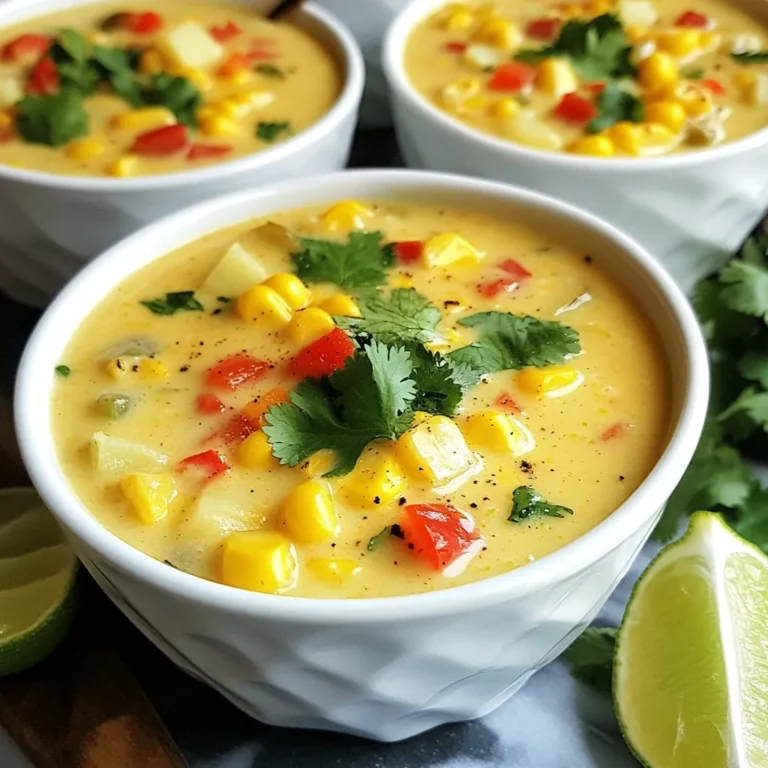 - 4 cups fresh or frozen corn kernels - 1 medium onion, diced - 2 cloves garlic, minced - 2 medium potatoes, diced - 1 red bell pepper, diced - 1 green chili, minced (optional for extra heat) - 4 cups vegetable broth - 1 cup heavy cream or coconut milk - 1 teaspoon ground cumin - 1 teaspoon smoked paprika - Salt and pepper to taste - 2 tablespoons olive oil - Fresh cilantro or parsley, for garnish - Lime wedges, for serving Making Creamy Southwest Corn Chowder is simple and fun. You will love its bright flavors. This dish uses fresh or frozen corn, which gives it a sweet taste. The corn is the star here, so choose what you like best. You will also need a medium onion. Dice it finely for great flavor. Minced garlic adds depth, so don’t skip it! For texture, diced potatoes and red bell peppers work well. If you want heat, add a minced green chili. For the base of your chowder, use vegetable broth. It adds a savory touch. Next, for creaminess, use heavy cream or coconut milk. Either option works well, depending on your preference. Spices are key to bringing out the flavor. Ground cumin and smoked paprika add warmth. Lastly, season with salt and pepper to taste. You will finish the dish with fresh cilantro or parsley and lime wedges. These add brightness and a fresh pop to each bowl. Gather these ingredients and get ready for a delicious meal! {{ingredient_image_1}} - Heat 2 tablespoons of olive oil in a large pot over medium heat. - Add 1 medium diced onion and cook for about 5 minutes until it turns soft and clear. - Stir in 2 cloves of minced garlic. Cook for 1-2 more minutes until it smells good. - Mix in 1 diced red bell pepper and an optional minced green chili for a kick. - Add 4 cups of fresh or frozen corn kernels and 2 diced potatoes to the pot. Stir well. - Sprinkle in 1 teaspoon of ground cumin, 1 teaspoon of smoked paprika, salt, and pepper to taste. - Pour in 4 cups of vegetable broth. Bring it to a boil, then lower the heat to a simmer. - Cook for 15-20 minutes until the potatoes are soft and tender. - Use an immersion blender to blend the chowder until it’s smooth. You can leave some chunks for texture. - If using a regular blender, let the chowder cool a bit before blending in batches for safety. - Return the blended chowder to the pot if you used a regular blender. - Stir in 1 cup of heavy cream or coconut milk. Heat through for another 5 minutes, tasting to adjust the flavor. - Ladle the chowder into bowls. - Garnish with reserved corn, a sprig of fresh cilantro or parsley, and a squeeze of lime juice for extra zest. To make your chowder shine, adjust the seasoning and spices. More salt or pepper can really boost flavor. I like to add lime juice at the end. It gives a fresh taste and brightens up the dish. Just squeeze a wedge on top before serving. You can easily swap ingredients if needed. For a dairy-free option, use coconut milk instead of heavy cream. This gives a nice, rich taste without dairy. If fresh corn is not available, frozen corn works well too. For the best texture, leave some corn kernels intact. This adds a nice bite. When you blend, you can choose how smooth you want it. Blend just half for a creamier mix while keeping some chunks. Pro Tips Fresh Corn for Best Flavor: If possible, use fresh corn kernels off the cob for a sweeter and more vibrant flavor in your chowder. Adjust the Creaminess: For a lighter chowder, you can reduce the amount of cream or coconut milk and replace it with more vegetable broth. Customize the Heat: Adjust the level of spiciness by varying the amount of green chili or adding a pinch of cayenne pepper for an extra kick. Garnish for Presentation: Don’t skip the garnish! Fresh cilantro or parsley and a squeeze of lime elevate the dish visually and add fresh flavor. {{image_2}} To make a spicy version, add jalapeños or chipotle peppers. These peppers will kick up the heat. Start by adding one chopped jalapeño when you sauté the vegetables. For a smokier flavor, use chipotle peppers. Just one or two can change the dish. Adjust the amount based on your heat preference. This spicy twist makes the chowder exciting! You can make this chowder even heartier by adding protein. Shredded chicken is a great choice. It adds flavor and makes the dish filling. Simply cook the chicken separately, shred it, and stir it in with the cream. Beans are another option for protein. Black beans or pinto beans work well. Add them during the simmering stage for a healthy boost. If you want to make this chowder vegetarian or vegan, there are easy swaps. Use coconut milk instead of heavy cream for a creamy texture. This keeps the flavor rich and satisfying. You can also try plant-based cream for a similar effect. Just check the labels for dairy-free options. Enjoy this chowder without losing any flavor! Store your leftover chowder in an airtight container. This helps keep it fresh. You can keep it in the fridge for up to three days. When you want to eat it, just take it out and warm it up. To freeze your corn chowder, let it cool completely. Then, pour it into a freezer-safe container. Leave some space at the top, as the chowder will expand when frozen. It will stay good for up to three months. When you’re ready to eat, simply thaw in the fridge overnight. To reheat, pour the chowder into a pot and warm it on low heat. Stir it often to avoid sticking. If you want it creamier, add a splash of cream or milk. For the best flavor, don’t rush this step. Enjoy it warm and fresh! Yes, you can make this chowder ahead of time. It stores well in the fridge. To keep it fresh, let it cool before putting it in a container. Use an airtight container to prevent any odors. It will last for about 3 days in the fridge. You can also freeze it for up to 3 months. Just remember to leave out the cream when freezing. Add it in when you reheat the chowder for the best flavor. This chowder pairs well with many tasty sides. Consider serving it with crispy tortilla chips for crunch. A fresh green salad adds a nice, light balance. You could also serve warm cornbread for a comforting touch. For a fun twist, try adding avocado slices or a dollop of sour cream on top. To make this chowder gluten-free, check your vegetable broth. Some brands add gluten. Use a certified gluten-free broth or make your own. All other ingredients, like the corn, potatoes, and spices, are naturally gluten-free. This way, everyone can enjoy a delicious bowl. You can use canned corn in this chowder. It saves time and is convenient. However, fresh or frozen corn gives better flavor and texture. Canned corn may be softer and less sweet. If you choose canned, drain and rinse it to remove extra salt. The chowder thickens nicely with potatoes, but you can add more. Try mashing some potatoes in the pot. You can also add a cornstarch slurry. Mix equal parts cornstarch and cold water, then stir it in while cooking. This will help achieve the creamy texture you want. Now you know how to make a delicious Creamy Southwest Corn Chowder. You have the list of fresh ingredients, easy steps, and tips to enhance your dish. Don't forget to add your personal touch with spices or substitutes. This chowder warms the soul and is great for any meal. Experiment with variations like spicy or protein-packed options. Enjoy it fresh or stored for later. Dive in and savor the flavors of this comforting dish!