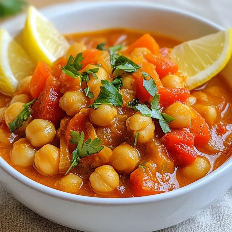 - 2 cans (15 oz each) chickpeas, drained and rinsed - 1 medium onion, finely chopped - 3 cloves garlic, minced - 1 medium carrot, diced - 1 medium zucchini, diced - 1 red bell pepper, diced - 1 cup diced tomatoes (canned or fresh) - 4 cups vegetable broth - 2 teaspoons ground cumin - 2 teaspoons ground coriander - 1 teaspoon paprika - 1 teaspoon cinnamon - 1/2 teaspoon cayenne pepper (adjust for spice level) - 2 tablespoons olive oil - Salt and pepper to taste Chickpeas are the star of this stew. They add protein and a hearty texture. I love using canned chickpeas for ease. Just drain and rinse them before adding. Next, we have vegetables. I use onion, garlic, carrot, zucchini, and red bell pepper. They bring color and flavor to the dish. You can mix and match your favorites too. Spices are key in Moroccan cooking. I use cumin, coriander, paprika, cinnamon, and cayenne. These spices give the stew its warm, rich taste. Adjust the cayenne for more or less heat. - Fresh cilantro or parsley, for garnish - Lemon wedges, for serving Garnishes elevate your dish. Fresh herbs add brightness. I recommend cilantro or parsley. They enhance the flavors beautifully. Lemon wedges add a zesty touch, perfect for this stew! - Large pot - Knife and cutting board A large pot is essential for cooking the stew. It allows all the ingredients to mix well. A knife and cutting board help you chop your veggies easily. Simple tools make cooking more fun! {{ingredient_image_1}} 1. Start by heating olive oil in a large pot over medium heat. 2. Add the finely chopped onion. Sauté it for 3-4 minutes. The onion should turn translucent. 3. Next, stir in the minced garlic. Cook for about 1 minute until you can smell the garlic. 4. Now, add the diced carrot, zucchini, and red bell pepper to the pot. 5. Sauté these vegetables for about 5-7 minutes. They should be slightly softened but not mushy. 1. Time to add flavor! Sprinkle in the ground cumin, coriander, paprika, cinnamon, and cayenne pepper. 2. Stir well to coat the vegetables in the spices. Cook for an additional 2 minutes. 3. Pour in the diced tomatoes next. You can use canned or fresh ones, whichever you prefer. 4. Now, add the drained and rinsed chickpeas. Stir everything to combine well. 5. Finally, pour in the vegetable broth. Mix it again to ensure even distribution. 1. Bring the stew to a boil over high heat. 2. Once boiling, reduce the heat and let it simmer. Cook for 25-30 minutes. Stir occasionally. 3. After simmering, taste your stew. Adjust the seasoning with salt and pepper as needed. 4. When ready, remove the pot from heat. Serve the stew hot. 5. Garnish with fresh cilantro or parsley and add lemon wedges for a zesty finish. To make your Moroccan chickpea stew stand out, consider adding a few spices. You can try adding a pinch of turmeric or ground ginger. These spices will deepen the flavor and add warmth. Fresh herbs like cilantro or parsley are great for garnish. They add color and a burst of freshness. To keep your veggies from becoming mushy, cut them into even sizes. This way, they all cook at the same rate. Start with the harder vegetables first, like carrots, and add softer ones later. Proper simmering is key. Bring your stew to a boil first, then reduce heat. Let it simmer gently for the best flavor and texture. Pair your stew with some warm bread or rice. These sides soak up the tasty broth. You can also serve it with a simple salad for a fresh crunch. For extra zing, add lemon wedges on the side. A squeeze of lemon brightens the dish and enhances the spices. Pro Tips Use Fresh Spices: Freshly ground spices can significantly enhance the flavor of your stew. Consider buying whole spices and grinding them just before use for the best aroma and taste. Add Greens: For extra nutrition, add a handful of spinach or kale in the last few minutes of cooking. They will wilt quickly and add a beautiful color and nutrients to your stew. Adjust for Heat: If you prefer a milder stew, reduce or omit the cayenne pepper. Conversely, if you love heat, consider adding a dash of hot sauce just before serving for an extra kick. Serve with Bread: This stew pairs wonderfully with crusty bread or over a bed of fluffy couscous to soak up all the delicious flavors. Consider offering lemon wedges on the side for a bright finish. {{image_2}} You can make this stew heartier by adding proteins. Chicken or tofu works great. For chicken, use cooked pieces and add them in the last 10 minutes. Tofu adds a nice texture. Use firm tofu, and sauté it first for better flavor. This will give you a filling meal. If you want to keep it vegetarian, try using other beans. Black beans or kidney beans add protein and flavor. You can mix them with chickpeas or swap them out completely. Just make sure to adjust the cooking time, if needed. This keeps the dish rich and satisfying. Adjust the heat based on your taste. If you love spice, add more cayenne pepper. You can also use fresh chili peppers like jalapeños or serranos. For less heat, reduce the cayenne or skip it altogether. This way, you can enjoy the flavors without overwhelming your palate. To keep your Moroccan chickpea stew fresh, use airtight containers. Glass containers work well, as they don’t hold odors. Plastic containers are fine too but make sure they seal tightly. Label your containers with the date. This helps you track how long your stew stays fresh. You can freeze your stew for later use. First, let it cool to room temperature. Then, pour it into freezer-safe bags or containers. Leave some space at the top, as the stew will expand when frozen. To reheat, simply move it to the fridge the night before. This helps it thaw slowly. When you're ready to eat, reheat the stew on the stove. Pour it into a pot over medium heat. Stir it often to avoid sticking. You can also use the microwave. If you do, heat it in short bursts. Stir in between to make sure it warms evenly. Adding a splash of broth can boost the flavor as well. Moroccan Chickpea Stew is a warm and hearty dish. It comes from Morocco, a country known for rich spices and flavors. Chickpeas are the star of this stew. They bring protein and texture. The stew also has veggies like carrots, zucchini, and bell peppers. Spices like cumin, coriander, and cinnamon add depth. This dish is not just food; it's a cultural experience. People often enjoy it with bread or rice. You can whip up this stew in about 45 minutes. The prep time takes about 15 minutes. During this time, you chop your veggies and gather your spices. Cooking the stew takes around 30 minutes. You will sauté the veggies first, then let everything simmer. This simple process makes it easy to enjoy a great meal without much fuss. Yes, you can make this stew in advance! It stores well in the fridge for about three days. After cooking, let it cool, then put it in an airtight container. You can also freeze it for up to three months. Freezing it is a great idea for meal prep. When you're ready to eat, just reheat it on the stove or in the microwave. Enjoy the same rich flavors, even days later! This blog post outlined how to create a delicious Moroccan chickpea stew. We explored its main ingredients, like chickpeas, fresh veggies, and spices. I shared step-by-step instructions for preparing the stew. Plus, I offered tips for flavor and serving ideas. You learned about variations, storage, and answers to common questions. Now, with this knowledge, you can make a flavorful, satisfying dish that impresses everyone. Enjoy cooking and experimenting with this hearty stew!