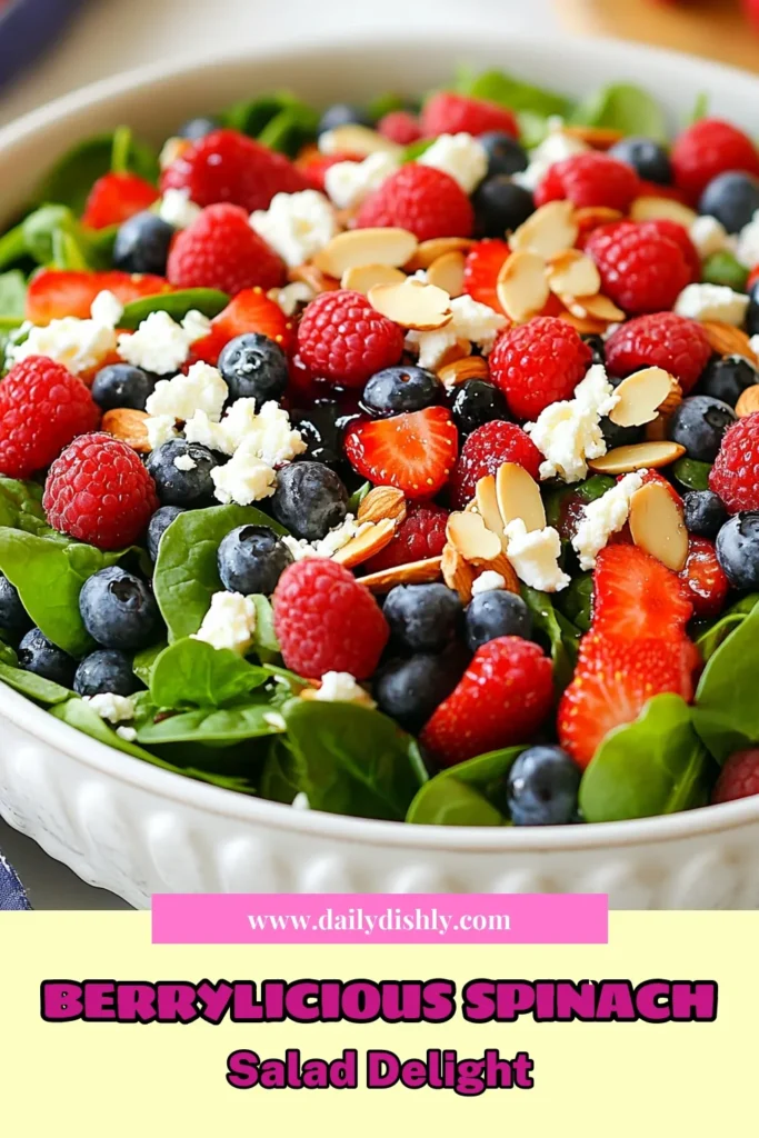 Transform your summer meals with this vibrant summer berry spinach salad! Bursting with fresh flavors, this healthy summer salad recipe combines wholesome spinach with strawberries, blueberries, and raspberries, topped with creamy feta and crunchy almonds. Drizzled in a simple balsamic vinaigrette, this easy berry salad is perfect for any occasion. Try this spinach salad with feta and berries today and elevate your dining experience! Save for later! #HealthyEating #SummerSalad #BerrySalad #SaladRecipe