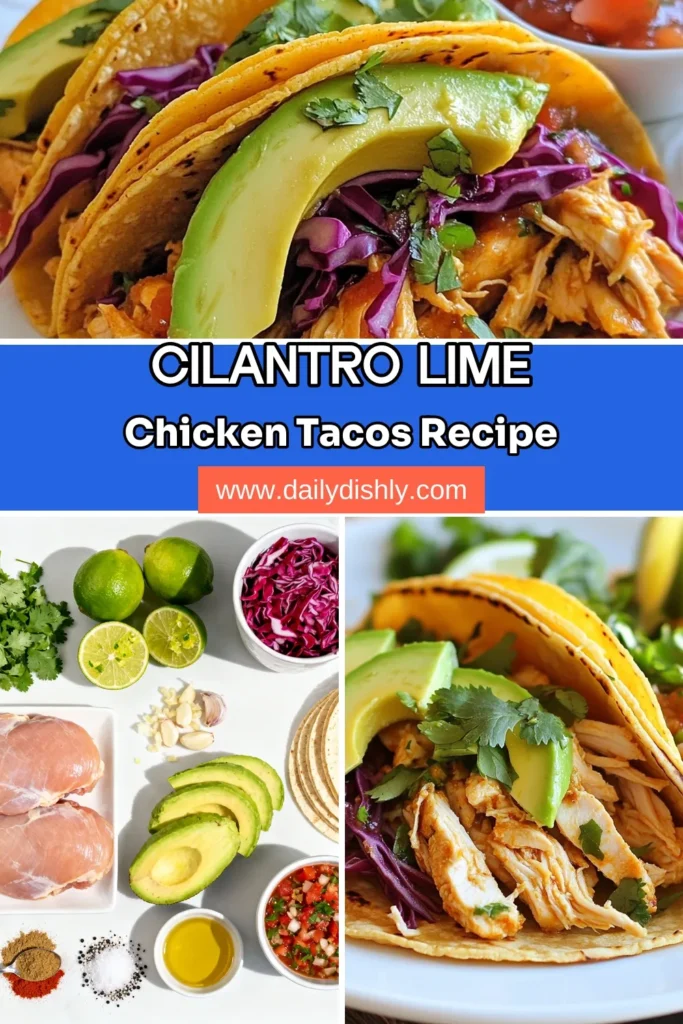 Savor the flavors of Cilantro Lime Chicken Tacos with this easy chicken taco recipe! With marinated chicken thighs bursting with lime and cilantro, you can whip up lime chicken tacos in no time. Perfect for family dinners or a casual meal, these tasty tacos are topped with avocado and fresh cabbage. Don't miss out on this Cilantro chicken recipe that will have everyone coming back for seconds. Try it today! #Tacos #ChickenRecipes #EasyDinner #CilantroLimeChicken