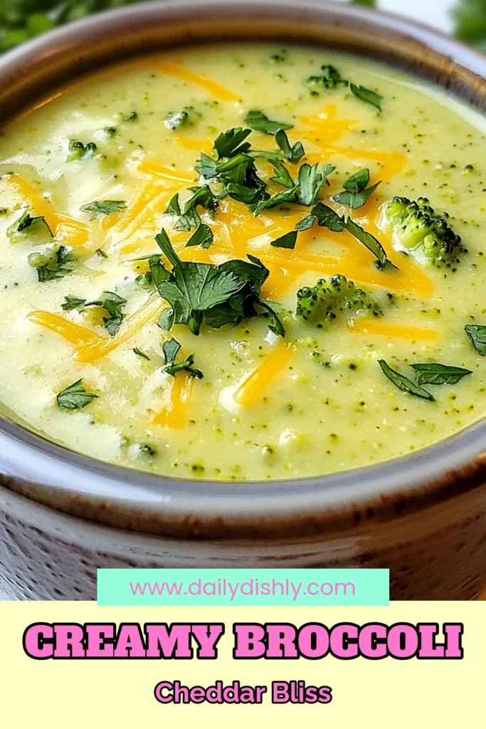 Discover the ultimate creamy broccoli cheddar soup that’s both healthy and delicious! This easy broccoli soup features fresh broccoli florets, sharp cheddar cheese, and vibrant veggies for a nourishing vegetable soup with cheese everyone will love. Perfect for cozy nights, this broccoli cheddar recipe is a must-try. Save this recipe for a healthy creamy soup that warms the soul! #BroccoliCheddarSoup #HealthyRecipes #VegetableSoup #EasySoup