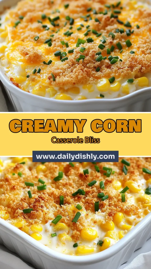 Discover the ultimate creamy corn casserole with our easy casserole recipe! This corn delight casserole is a cheesy corn bake that will elevate any meal. Made with fresh or frozen corn, heavy cream, cheddar, and a crispy breadcrumb topping, it’s a perfect baked corn side dish for gatherings or family dinners. Try this delicious recipe today and impress your guests! Don't forget to save for later! #CreamedCornCasserole #EasyCasseroleRecipes #CornDelightCasserole #CheesyCornBake
