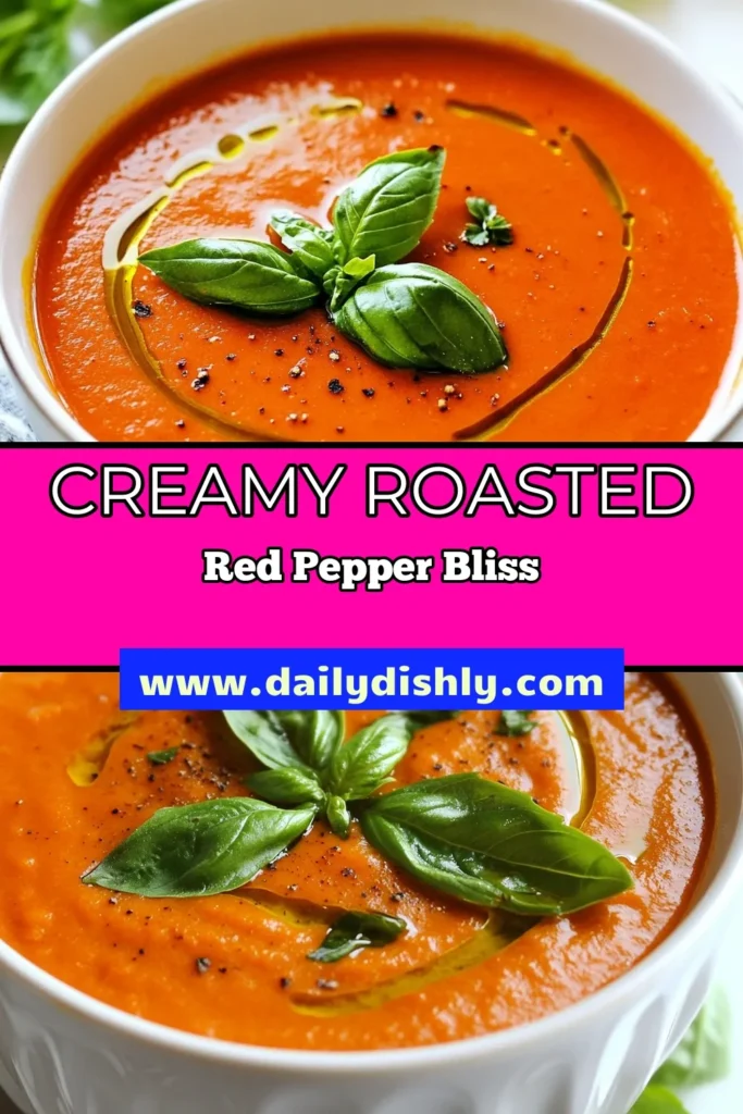 Discover the perfect creamy roasted red pepper soup that's both delicious and easy to make! This healthy red pepper soup offers a rich, satisfying flavor, ideal for any meal. Try this roasted red pepper recipe, perfect for cozy nights or gatherings. With dairy-free soup options available, everyone can enjoy it! Save this easy soup recipe and bring warmth to your kitchen today! #RoastedRedPepperSoup #HealthyRecipes #EasySoupRecipes #DairyFreeDelights