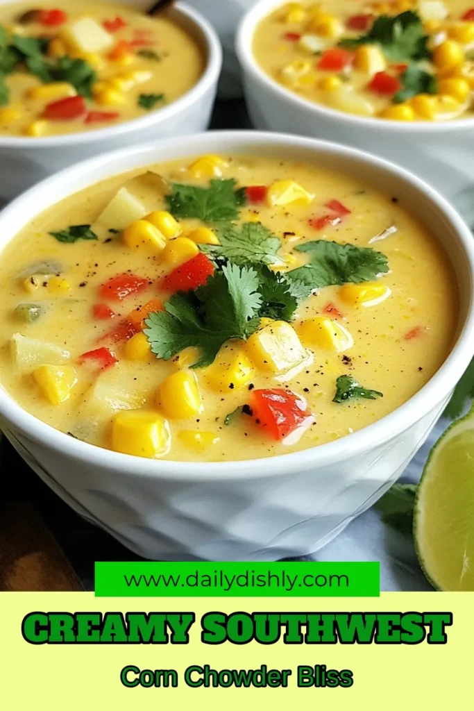 Savor the warmth of this Creamy Southwest Corn Chowder, an easy corn chowder recipe that's both comforting and delicious. Packed with fresh ingredients, this vegetarian corn chowder is perfect for everyone, and it can easily be made dairy-free! Whip up this creamy corn chowder for a weeknight dinner or meal prep. Don't miss out—save this recipe for a delightful bowl of goodness! #CornChowder #SouthwestRecipe #Vegetarian #DairyFreeCooking