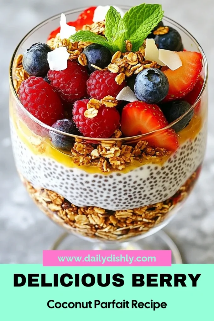 Indulge in a delicious and nutritious Berry Coconut Chia Parfait! This easy chia seed pudding recipe combines creamy coconut milk, fresh berries, and crunchy granola for a healthy berry parfait that’s perfect for breakfast or dessert. Enjoy this vegan chia parfait that delights your taste buds and nurtures your body. Ready to make this coconut milk dessert? Save this recipe for a fresh treat! #BerryCoconutChiaParfait #ChiaSeedPudding #HealthyDessert #VeganRecipe
