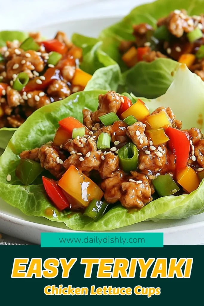 Discover a delicious Teriyaki chicken recipe with these healthy Asian appetizer lettuce cups! This easy teriyaki chicken meal features flavorful ground chicken, colorful veggies, and a savory sauce, all wrapped in crisp lettuce. Perfect as a fun appetizer or light dinner, these lettuce cups are a hit for any occasion. Try this ground chicken dish today and impress your family and friends! Save this recipe for later! #TeriyakiChicken #LettuceCups #HealthyAppetizer #EasyMeal