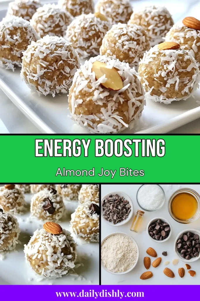 Indulge in these delicious Almond Joy Protein Balls, the perfect healthy protein snacks for any time of the day! These no-bake protein balls combine almond flour with rich chocolate and coconut for a guilt-free treat. Easy to make, they’re a fantastic addition to your almond flour recipes collection. Whip up a batch today and satisfy your cravings! Save this recipe for your next snack! #AlmondJoyProteinBalls #HealthySnacks #NoBakeRecipes #ChocolateCoconutSnacks