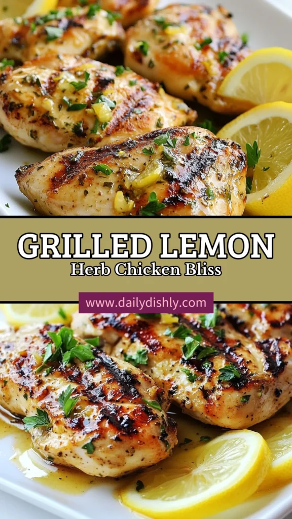 Savor the flavors of summer with this delicious lemon herb grilled chicken recipe! This healthy grilled chicken is marinated in a zesty chicken marinade with lemon, garlic, and fresh herbs for an easy lemon chicken recipe that’s bursting with flavor. Perfect for any occasion, this grilled chicken will be a hit at your next BBQ. Try it today and elevate your meals! Save this recipe! #LemonHerbGrilledChicken #GrilledChickenRecipe #HealthyGrilledChicken #EasyLemonChickenRecipe