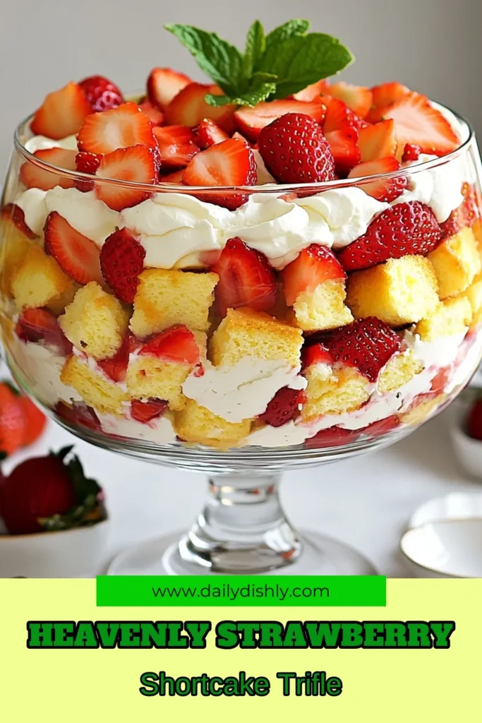 Delight in the summer with this easy strawberry shortcake trifle! This no-bake strawberry dessert features luscious layers of macerated strawberries, fluffy whipped cream, and creamy vanilla pudding, all on a rich sponge cake. Perfect for gatherings, this layered dessert recipe is a crowd-pleaser. Get inspired with this simple treat and make your summer dessert ideas shine. Try it today! #StrawberryShortcakeTrifle #EasyTrifleRecipes #SummerDessertIdeas #LayeredDessertRecipes