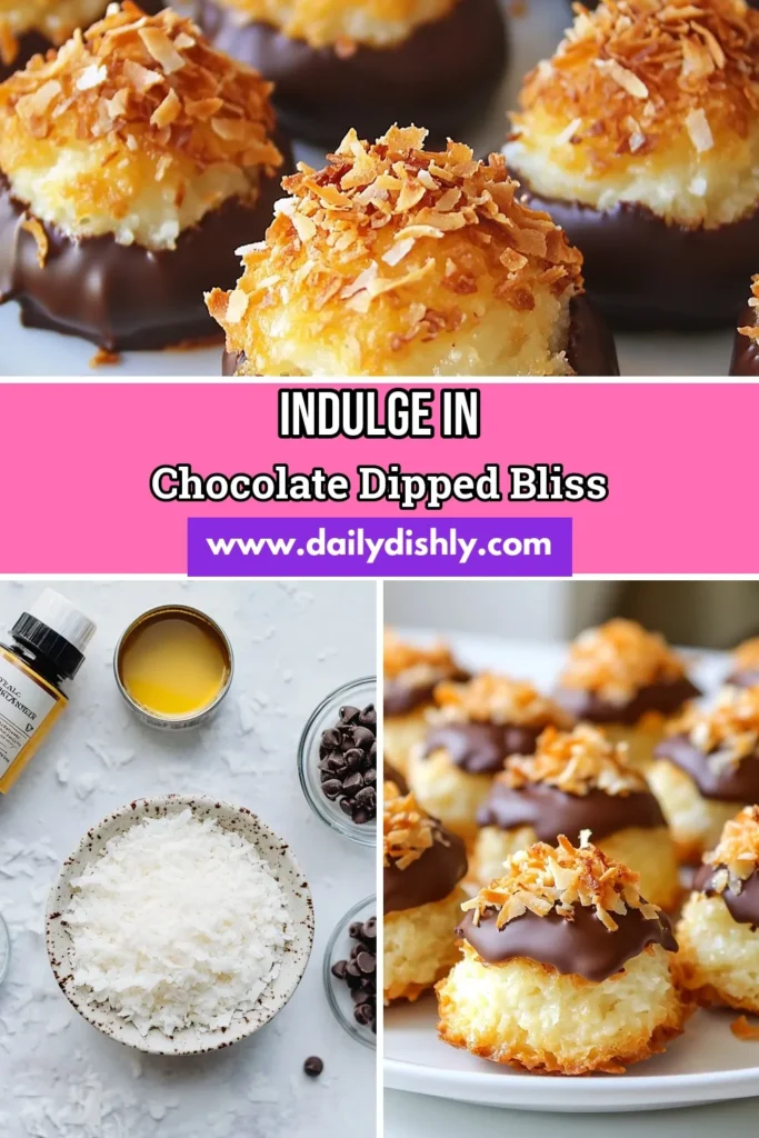 Indulge in these delicious Chocolate Dipped Coconut Macaroons, the perfect easy chocolate dip dessert! This Coconut macaroon recipe is simple to follow and yields delightful homemade macaroons that your family will love. With a rich blend of chocolate and coconut, this dessert with coconut and chocolate is sure to impress. Save this recipe to your boards and treat yourself today! #ChocolateDippedMacaroons #HomemadeMacaroons #CoconutMacaroonRecipe #DessertIdeas