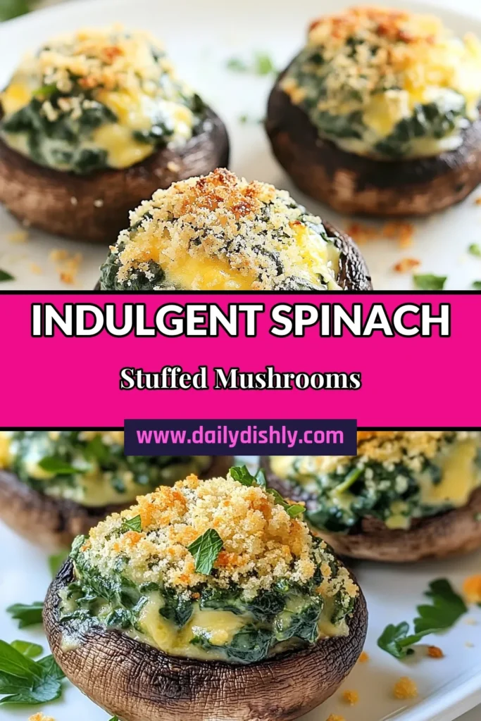 Discover the deliciousness of Creamy Spinach Stuffed Mushrooms! This Portobello Mushroom Recipe features a rich and flavorful spinach and cheese appetizer that’s perfect for gatherings. Enjoy these baked stuffed mushrooms as a satisfying vegetarian mushroom dish that will impress any guest. Easy to make, they are a perfect bite-sized treat! Try this recipe today and elevate your appetizer game! #VegetarianRecipes #MushroomLovers #AppetizerIdeas #HealthyEating