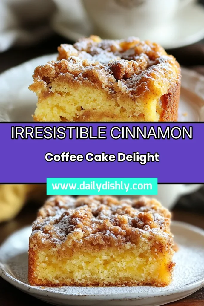 Indulge in this delightful Cinnamon Coffee Cake, the perfect treat for breakfast or brunch! Our easy Streusel Cake Recipe combines a moist homemade cinnamon cake with a crunchy streusel topping that will have everyone coming back for seconds. Quick to make and absolutely delicious, it's the ideal companion to your morning coffee. Try it today and enjoy a warm slice! Save this recipe for your next gathering! #CinnamonCoffeeCake #EasyCoffeeCake #BreakfastCoffeeCake #StreuselCakeRecipe