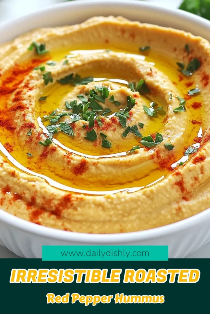 Looking for an easy and delicious Roasted Red Pepper Hummus recipe? This creamy hummus with tahini is not only a healthy snack idea but also quick to prepare! With ingredients like chickpeas, roasted red peppers, olive oil, and garlic, you can whip up your homemade hummus in just 10 minutes. Perfect for dipping with veggies or pita! Save this recipe now and enjoy a guilt-free treat! #RoastedRedPepperHummus #EasyHummusRecipes #HealthySnackIdeas #HomemadeHummusIngredients