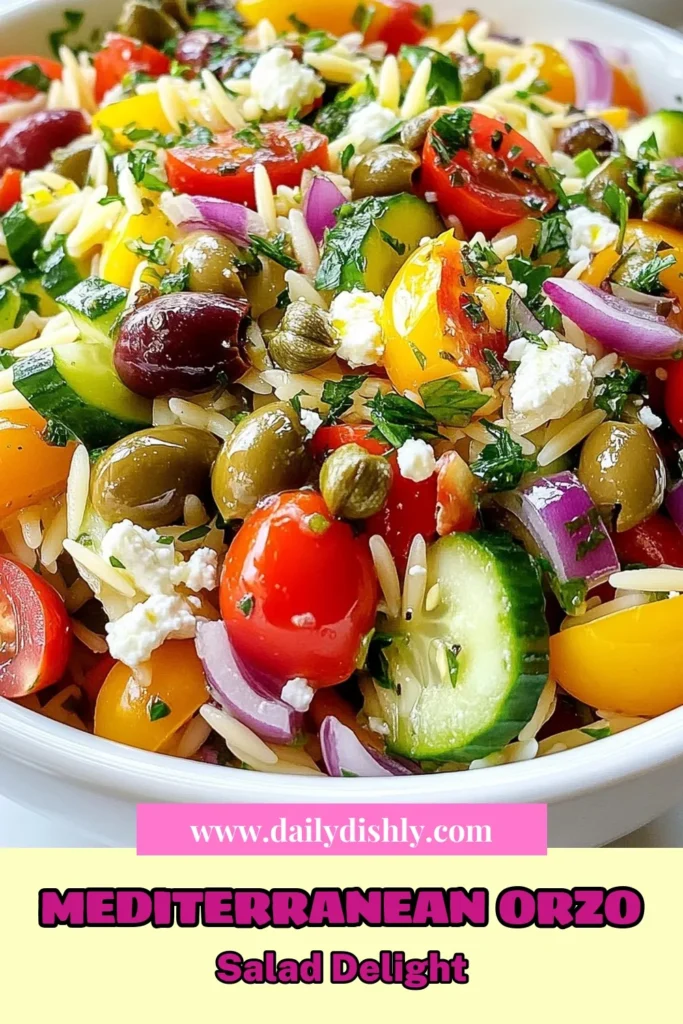 Delight in this refreshing Mediterranean Orzo Salad, a perfect orzo pasta salad recipe for warm days! Packed with vibrant ingredients like cherry tomatoes, cucumbers, Kalamata olives, and creamy feta cheese, it's an easy, healthy Mediterranean salad that's quick to prepare. Ideal for summer gatherings or a light meal, this feta cheese salad is sure to impress. Try it today and save this recipe for your next cookout! #MediterraneanOrzoSalad #OrzoPastaSalad #HealthySalad #QuickSummerSalad