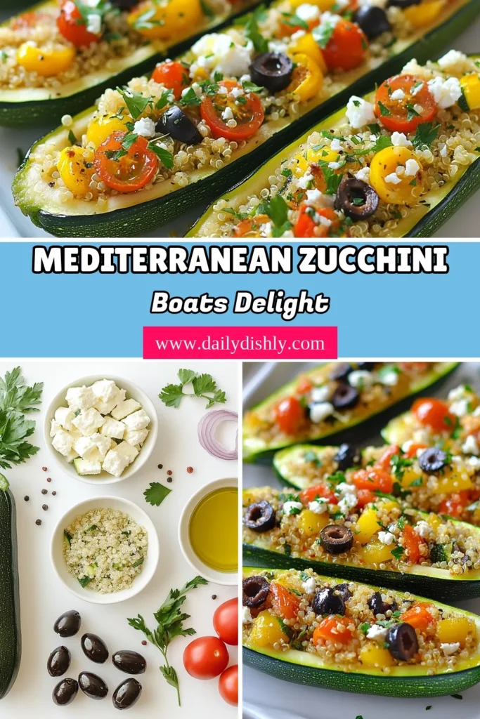 Discover the deliciousness of Mediterranean stuffed zucchini boats! This healthy zucchini recipe features hearty quinoa, cherry tomatoes, and feta cheese, making it a perfect vegetarian Mediterranean dish. Enjoy the vibrant flavors and textures in these baked stuffed zucchini, ideal for weeknight dinners or meal prep. Try this easy recipe today and impress your family! Save for later! #MediterraneanStuffedZucchini #HealthyZucchiniRecipes #QuinoaZucchiniBoats #VegetarianDish