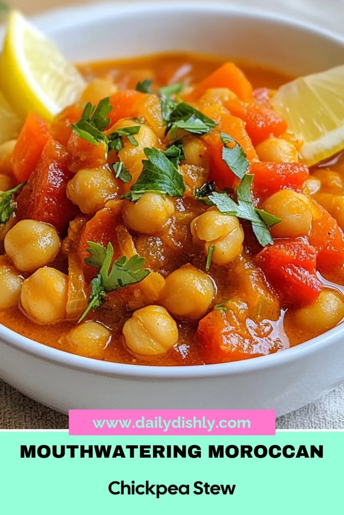 Discover the warmth of this Moroccan Chickpea Stew, a delicious and easy vegetarian stew recipe that's packed with flavor! Enjoy this hearty spiced vegetable stew, perfect for any night of the week. Whether you’re searching for healthy chickpea recipes or easy Moroccan recipes, this dish is sure to impress. Ready in just 45 minutes, it’s simplicity meets nutrition. Save this recipe for your next meal! #MoroccanChickpeaStew #VegetarianStewRecipe #HealthyChickpeaRecipes #EasyMoroccanRecipes