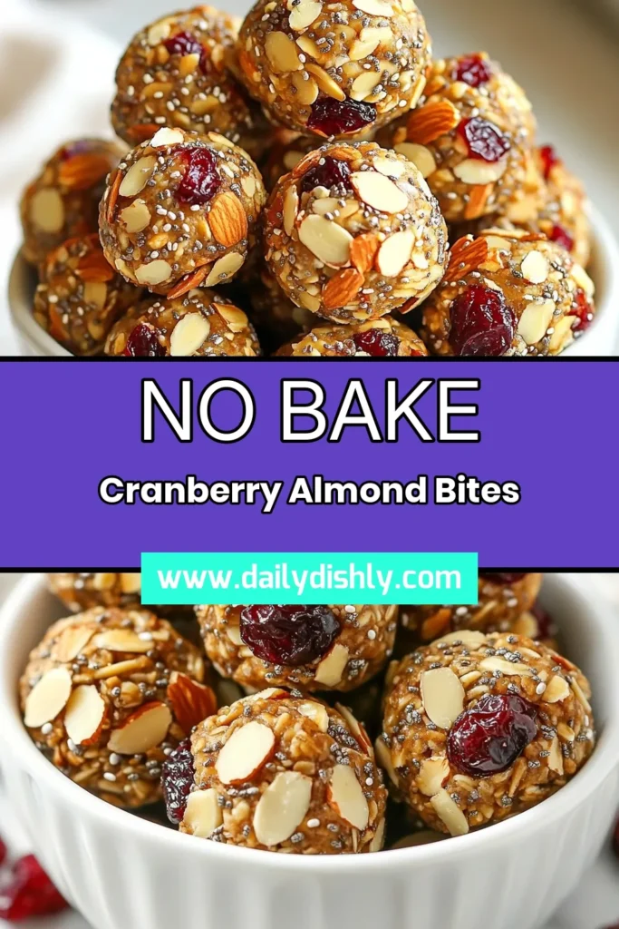 Discover the perfect healthy snack recipe with these delicious cranberry almond energy bites! Made with wholesome ingredients like rolled oats, almond butter, dried cranberries, slivered almonds, and chia seeds, this no-bake energy bites recipe is nutritious and easy to make. Ideal for meal prep, these homemade energy bites are great for fueling your day. Try them now and enjoy a tasty treat! Save this recipe for later! #CranberryAlmondEnergyBites #HealthySnackRecipes #NoBakeEnergyBites #ChiaSeedSnacks