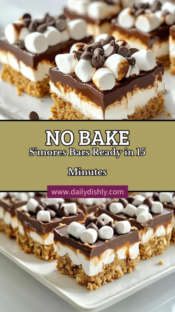 Indulge in these irresistible no-bake s'mores bars! This easy s'mores recipe combines graham cracker crumbs, melted chocolate, and mini marshmallows for the perfect homemade s'mores snacks. With just 15 minutes of prep time, you'll create delicious chocolate graham cracker bars that everyone will love. Discover this no-bake dessert idea and enjoy a delightful treat today! Save this recipe! #NoBakeDessert #SmoreRecipes #Sweets #EasyDesserts