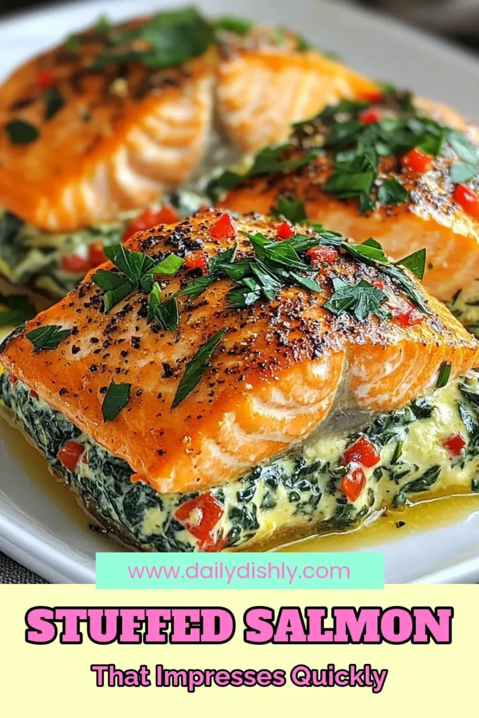 Discover the deliciousness of creamy spinach stuffed salmon! This easy salmon dish features tender salmon fillets filled with a rich spinach cheese filling that's sure to impress. Perfect for weeknight dinners or special occasions, our creamy spinach stuffed salmon recipe simplifies meal prep while delivering great taste. Save this recipe to elevate your salmon recipes today! #SalmonRecipes #StuffedSalmonFillets #EasySalmonDishes #SpinachCheeseFilling