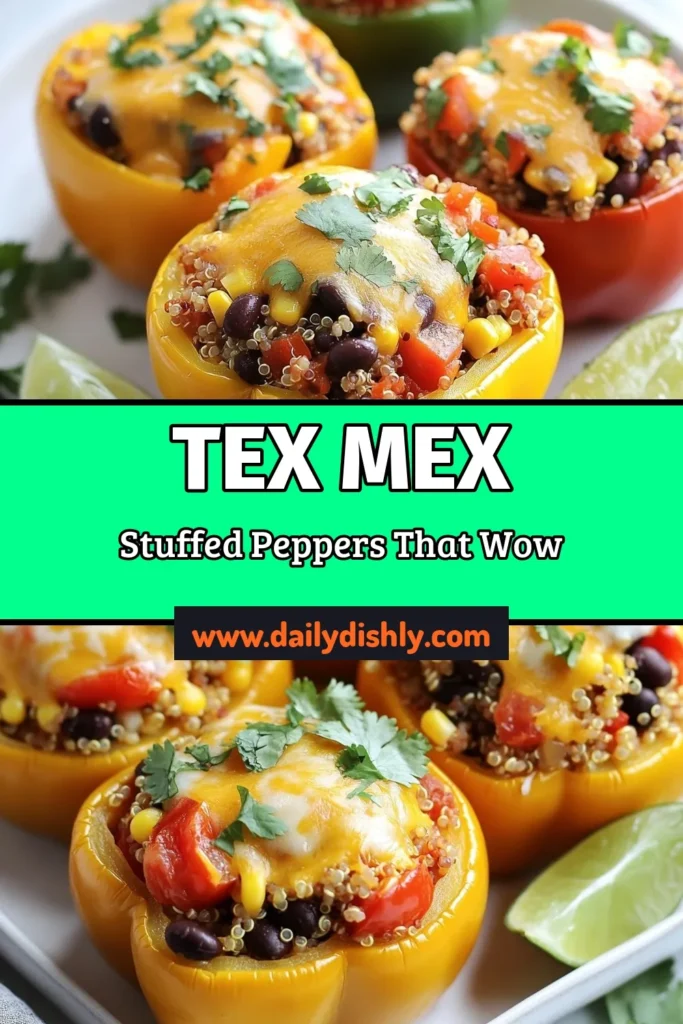 Discover a delicious and healthy Tex-Mex stuffed peppers recipe perfect for any night of the week! These quinoa stuffed peppers are packed with flavor and nutrients, featuring black beans, corn, and spices for a satisfying vegetarian meal. Try this easy quinoa pepper bake for a wholesome twist on a classic dish. Get creative in the kitchen and make these today! Save this healthy Tex-Mex recipe for later! #TexMexStuffedPeppers #QuinoaStuffedPeppers #VegetarianRecipes #HealthyEating