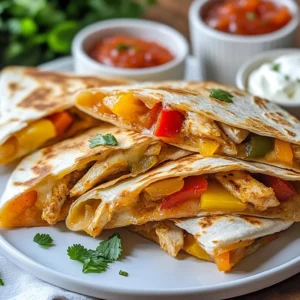 For the chicken fajita quesadillas, you will need: - 2 boneless, skinless chicken breasts, sliced - 1 bell pepper (red or green), julienned - 1 medium onion, sliced - 2 cloves garlic, minced Start with fresh chicken. Slice it thin so it cooks fast. Use a colorful bell pepper for taste and looks. Onions add sweetness, and garlic gives a nice kick. To season the filling, gather: - 1 tablespoon olive oil - 2 teaspoons chili powder - 1 teaspoon cumin - 1 teaspoon paprika - Salt and pepper to taste Olive oil keeps the chicken moist. Chili powder adds heat, while cumin and paprika boost the flavor. Don’t forget salt and pepper; they bring all the tastes together. You’ll need: - 4 large flour tortillas - 2 cups shredded cheese (cheddar and Monterey Jack blend) Large tortillas hold more filling. The cheese melts beautifully, bringing everything together. A mix of cheddar and Monterey Jack gives a nice balance of flavor and creaminess. {{ingredient_image_1}} First, heat one tablespoon of olive oil in a large skillet over medium heat. Add two sliced boneless, skinless chicken breasts. Season the chicken with salt, pepper, two teaspoons of chili powder, one teaspoon of cumin, and one teaspoon of paprika. Cook the chicken for about 5 to 7 minutes. Stir often until the chicken is fully cooked and no longer pink. Next, add one sliced bell pepper, one sliced onion, and two minced garlic cloves to the skillet. Sauté everything for about 5 minutes. You want the veggies to be tender and slightly charred. Remove the skillet from heat and set the filling aside. Grab a clean skillet or griddle and heat it on medium-low. Place one large flour tortilla on the skillet. Sprinkle half of two cups of shredded cheese evenly over the tortilla. Then, spoon half of your chicken and veggie mixture on top of the cheese. Add the remaining cheese on top of the filling. Place another tortilla over the filling to form a quesadilla. Cook the quesadilla for about 3 to 4 minutes on one side. Look for a golden brown and crispy bottom. Carefully flip the quesadilla using a large spatula. Cook for another 3 to 4 minutes until the other side is golden and the cheese melts. Remove the quesadilla from the skillet and let it cool for a minute. Cut it into wedges. Repeat the process with the remaining tortillas and filling. To get your quesadillas crispy, use medium-low heat. This heat lets the tortillas crisp up without burning. Choose large flour tortillas for more filling. Add enough cheese to hold everything together. Flip the quesadilla carefully with a spatula to avoid spilling the filling. Let them cool for a minute before cutting to keep the cheese from oozing out. For more flavor, add a pinch of lime juice or fresh cilantro. You can also try different spices like oregano or chipotle powder for a kick. Avoid overloading your quesadilla with too much filling; this can make them soggy. Ensure your chicken is cooked thoroughly before adding it to the tortilla. This way, you will enjoy the best taste and texture. Serve your chicken fajita quesadillas with sour cream and salsa for a classic touch. Guacamole adds creaminess and flavor, making each bite richer. You can also pair them with a fresh salad for a light side. For a drink, try a cold limeade or iced tea to balance the spice. These pairings will elevate your meal and impress your guests. Pro Tips Use Fresh Ingredients: Always opt for fresh vegetables and high-quality chicken for the best flavor in your quesadillas. Don't Overfill: Be cautious not to overload your tortillas with filling, as this can make flipping difficult and lead to spills. Keep It Crispy: Ensure your skillet is adequately heated before adding the quesadilla, this helps achieve a perfectly crispy texture. Experiment with Cheese: Try different cheese blends for unique flavor profiles; pepper jack adds a nice kick! {{image_2}} You can easily make these quesadillas vegetarian. Start with a variety of veggies. Use bell peppers, onions, and mushrooms for a hearty mix. You can add zucchini or corn for extra flavor. Replace the chicken with black beans or lentils. This gives protein and texture. You still get that great fajita taste without meat. Cheese is key for a tasty quesadilla. Cheddar and Monterey Jack work well together. But you can mix it up! Try pepper jack for a spicy kick. A blend of mozzarella and fontina gives a creamy texture. For a bold flavor, use aged cheddar or gouda. Each cheese brings its own charm to your dish. Want to make your quesadilla even better? Add avocado slices for creaminess. They pair perfectly with the spices. You could also toss in some cooked pinto beans or black beans. This adds fiber and makes your meal filling. Don't forget to sprinkle fresh cilantro on top. It gives a fresh touch and bright flavor. To store leftover quesadillas, first, let them cool down. This step keeps them from getting soggy. Wrap each quesadilla in plastic wrap or foil. You can also place them in an airtight container. Make sure to store them in the fridge. They stay fresh for about three days. When you're ready to eat the leftovers, you want them hot and crispy. The best way to reheat quesadillas is on the stove. Heat a skillet over medium heat. Place the quesadilla in the skillet for about 3-4 minutes on each side. This method helps keep the cheese gooey and the tortilla crispy. You can also use an oven. Preheat it to 350°F (175°C). Bake for 10-15 minutes until warm. To freeze quesadillas, wrap them tightly in plastic wrap or foil. Place them in a freezer-safe bag. They can stay frozen for up to three months. When you want to eat them, take them out and thaw them in the fridge overnight. Reheat them in a skillet or oven as mentioned before. Enjoy your delicious, quick meal anytime! The best cheese for quesadillas is a blend of cheddar and Monterey Jack. This mix melts well and adds a creamy texture. Cheddar gives a sharp taste, while Monterey Jack is mild and smooth. You can also try pepper jack for a kick! Yes, you can use whole wheat tortillas. They add a nutty flavor and are a healthier choice. Just make sure to warm them slightly before filling. This helps them become more flexible and less likely to tear. To spice up your quesadillas, add sliced jalapeños or diced serrano peppers. You can also mix in extra chili powder or a dash of hot sauce. For a smoky flavor, try adding chipotle powder. Adjust the heat to your liking! Yes, you can prepare the filling ahead. Cook the chicken and veggies, then store them in the fridge. When you're ready, just assemble and cook the quesadillas. This saves time and still gives you that fresh taste! In this article, we covered how to make delicious chicken fajita quesadillas. I shared tips on ingredients, cooking steps, and ways to store leftovers. You can try different cheeses and add extras for fun twists. The right spices make a big difference in flavor. Remember, practice makes perfect for crispy quesadillas. Enjoy your cooking and don’t hesitate to try new things. With these tips, you’ll impress everyone with your tasty quesadillas.