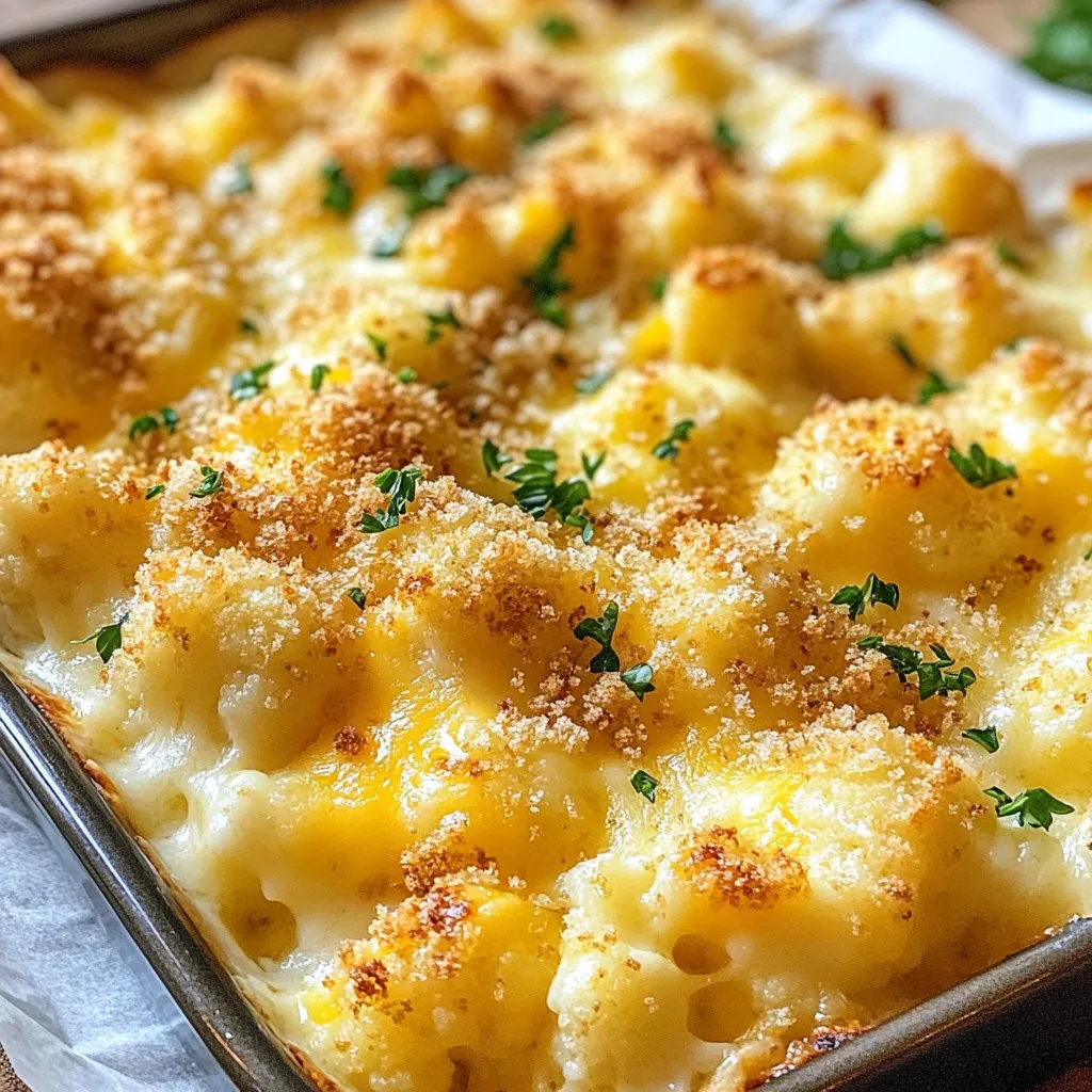 To make a tasty Cheesy Cauliflower Au Gratin, you need a few key items. Here’s the list: - 1 large head of cauliflower, cut into florets - 2 cups shredded sharp cheddar cheese - 1 cup grated Parmesan cheese - 1 cup heavy cream - 2 tablespoons unsalted butter - 3 cloves garlic, minced - 1 teaspoon Dijon mustard - 1/2 teaspoon nutmeg - Salt and pepper to taste - 1/2 cup breadcrumbs - Fresh parsley, chopped (for garnish) These ingredients create a creamy, cheesy dish that everyone will love. The sharp cheddar cheese gives it a strong taste, while the Parmesan adds a nice twist. You can add more flavor to your dish with some extra ingredients. Try these options: - Cooked bacon bits for a smoky crunch - Chopped green onions for a fresh bite - Sautéed mushrooms for an earthy taste - Spinach for extra greens and color These add-ins can make your Cheesy Cauliflower Au Gratin even more delicious. Feel free to experiment and find your favorite mix. If you have specific dietary needs, you can still enjoy this dish. Here are some substitutes: - Use almond milk instead of heavy cream for a lighter version. - Swap cheddar cheese for a dairy-free cheese to make it vegan. - Use gluten-free breadcrumbs for a gluten-free option. These substitutions make this recipe flexible. You can enjoy it no matter your dietary needs. {{ingredient_image_1}} First, you need a large head of cauliflower. Cut it into small florets. This helps the cauliflower cook well. Next, boil a large pot of salted water. Once it’s boiling, add the florets and blanch for five minutes. This makes them tender but still crisp. After five minutes, drain the florets in a colander. Set them aside to cool. Now, let's make the cheese sauce. Start by melting two tablespoons of unsalted butter in a medium saucepan over medium heat. Once melted, add three minced garlic cloves. Sauté for one minute until it smells great. Next, pour in one cup of heavy cream and stir well. Add one teaspoon of Dijon mustard and half of the sharp cheddar cheese. This is two cups total, so use one cup now. Mix until the cheese melts and the sauce is smooth. Season with salt and pepper to taste. Finally, add half a teaspoon of nutmeg for warmth. In a large mixing bowl, combine the blanched cauliflower and cheese sauce. Stir well to coat all the florets. Then, pour this mixture into a greased 9x13 inch baking dish. Spread it out evenly. Next, sprinkle the remaining sharp cheddar cheese and all of the grated Parmesan over the top. In a small bowl, mix half a cup of breadcrumbs with a drizzle of olive oil. Sprinkle this breadcrumb mix evenly over the cheese layer. Now, it’s time to bake. Preheat your oven to 375°F (190°C). Place the dish in the oven and bake for 25 to 30 minutes. You want the top to be golden brown and bubbly. After baking, let it cool for a few minutes. Garnish with fresh parsley before serving. Enjoy your cheesy delight! To make a good cheese sauce, you need the right mix. Start by melting the butter and adding garlic. Cook it just until you smell it. Then, pour in the heavy cream and stir. Add half of the cheese slowly. This helps the cheese melt well. If the sauce is too thick, add a bit more cream. If it’s too thin, let it cook longer. You want it to be smooth and creamy. Baking your dish evenly is key. First, spread the cauliflower and cheese mix in the pan evenly. This helps it cook all the way through. Make sure your oven is at the right temperature before you put it in. Use an oven thermometer if needed. Check your dish halfway through baking. If one side is browning fast, you can rotate the pan. This will help it bake nice and even. Garnish can make your dish look great. Fresh parsley adds a nice green touch. You can chop it finely and sprinkle it on top after baking. Another fun idea is to add a sprinkle of paprika. This gives color and a bit of spice. You can also lay a few slices of lemon next to the dish for brightness. This makes it look more inviting and fresh. Pro Tips Adjust the Cheese Blend: Use a mix of cheeses like Gruyère or fontina for a more complex flavor profile. Perfectly Blanch the Cauliflower: Ensure you do not over-blanch the cauliflower; it should be just tender to maintain some crunch after baking. Breadcrumb Topping Variations: Experiment with different types of breadcrumbs, such as panko, for extra crunch, or add herbs for added flavor. Make Ahead: This dish can be prepared a day in advance; simply assemble and refrigerate, then bake when ready to serve. {{image_2}} You can make Cheesy Cauliflower Au Gratin heartier by adding protein. I love using cooked chicken or crispy bacon. Simply chop cooked chicken into bite-sized pieces and mix it into the cheesy sauce before adding the cauliflower. For bacon, cook strips until crispy, then crumble them into the sauce. This adds a nice smoky flavor and extra crunch. The dish becomes a full meal with either choice. If you prefer a vegetarian option, you can skip the meat but keep the flavor strong. Use mushrooms or spinach for depth. For a vegan twist, swap the heavy cream for coconut cream. Use vegan cheese instead of dairy cheese. Nutritional yeast can give a cheesy flavor too. This way, you keep the dish creamy and satisfying without any animal products. Adding seasonal veggies boosts nutrition and flavor. Think about adding broccoli, asparagus, or zucchini. Just chop them into small pieces and blanch them with the cauliflower. This makes the dish colorful and adds more vitamins. You can change the veggies each season to keep it fresh and exciting. To keep your Cheesy Cauliflower Au Gratin fresh, let it cool first. Use a container with a tight lid. Store it in the fridge for up to three days. Make sure the dish is airtight. This helps keep the flavors intact. If you have a lot left, consider portioning it out. This makes it easier to enjoy later. When you’re ready to eat, you can easily reheat it. Preheat your oven to 350°F (175°C). Place the gratin in an oven-safe dish. Cover it with foil to keep it moist. Heat for about 20 minutes. If you prefer a crisp top, remove the foil for the last five minutes. You can also use a microwave. Heat in short bursts, stirring in between. This helps it warm evenly. Freezing is a great option if you want to save some for later. First, cool it completely. Then, use a freezer-safe container. Leave some space at the top for expansion. It can last in the freezer for up to three months. To reheat, let it thaw overnight in the fridge. Then, follow the reheating tips mentioned above. Enjoy your cheesy dish whenever you want! Yes, you can make Cheesy Cauliflower Au Gratin ahead of time. Prepare the dish up to the baking step. Cover it and store it in the fridge for up to two days. When ready to bake, let it sit at room temperature for about 30 minutes. Preheat your oven and bake as directed. This method saves time and gives the flavors a chance to blend. For this recipe, I recommend using sharp cheddar cheese. It gives a rich flavor that pairs well with cauliflower. You can also mix in Gruyère or fontina cheese for a different taste. Parmesan cheese adds a nice salty touch, so don’t skip that! Feel free to adjust the cheese types based on your taste. To make Cheesy Cauliflower Au Gratin gluten-free, simply replace the breadcrumbs with gluten-free crumbs. You can also use crushed gluten-free crackers or even ground nuts. Ensure all other ingredients, like cheese and cream, are gluten-free as well. This way, you can enjoy a creamy, cheesy dish without any gluten worries. This recipe for Cheesy Cauliflower Au Gratin offers easy steps to a delicious meal. You learned about essential ingredients and tasty options to boost flavor. I shared tips to achieve the perfect cheese sauce and bake it right. You can also try various add-ins or dietary swaps. Remember, you can make this dish ahead and store leftovers well. With these ideas, you can enjoy a creamy, cheesy side that fits your taste and needs. Happy cooking!