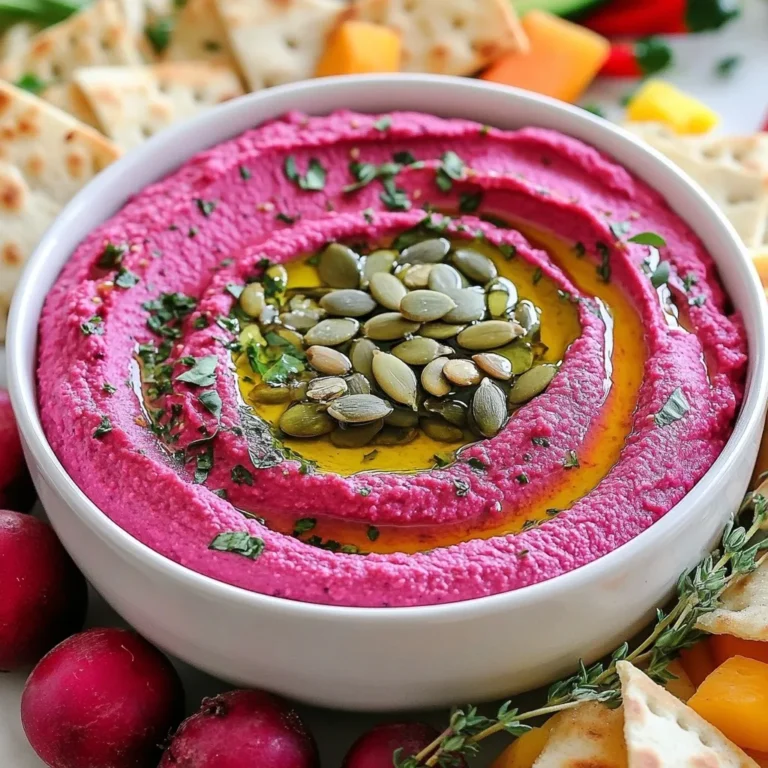 To make roasted beet hummus, gather these key ingredients: - 2 medium-sized beets, roasted and peeled - 1 can (15 oz) chickpeas, drained and rinsed - 1/4 cup tahini - 2 tablespoons lemon juice - 2 tablespoons olive oil - 2 cloves garlic, minced - 1/2 teaspoon ground cumin - Salt and pepper to taste - Water, as needed for consistency These ingredients blend to create a vibrant and tasty dip. Each one plays a role in flavor and texture. For a touch of flair, consider these optional garnishes: - Pumpkin seeds - Fresh herbs like parsley or dill These add crunch and a burst of color. They also enhance the flavor, making your hummus even more inviting. Choosing the right ingredients matters. Here are some tips: - Fresh Beets: Look for firm, smooth beets. Avoid any that are soft or wrinkled. Fresh beets give a better taste and vibrant color to your hummus. - Types of Tahini: Tahini can vary in flavor. Some are nutty and rich, while others might taste bitter. Choose a high-quality tahini for the best hummus. Using good-quality ingredients ensures your roasted beet hummus is delicious. Enjoy the process of selecting and prepping your ingredients! {{ingredient_image_1}} To start, we need to roast the beets. Preheat your oven to 400°F (200°C). Wrap two medium-sized beets in aluminum foil. Place them on a baking sheet. Roast for 45 to 60 minutes. You want them tender enough to pierce with a fork. After roasting, let them cool for a bit. Once cool, peel off the skins using your fingers or a paper towel. The skins should come off easily. Now, chop the beets into smaller pieces. This helps when you blend them later. Next, we will blend everything together. In your food processor, combine the roasted beets, one can of drained chickpeas, 1/4 cup tahini, 2 tablespoons lemon juice, 2 tablespoons olive oil, 2 minced garlic cloves, and 1/2 teaspoon ground cumin. Pulse the mixture until it’s smooth. If it seems thick, don’t worry! You can adjust it. To get the right thickness, add water slowly. Start with one tablespoon at a time. Blend after each addition. Keep blending until the hummus is creamy and smooth. Season with salt and pepper to taste. Blend again to mix well. You want it just right for dipping or spreading. Roasting beets is key for great hummus. Set your oven to 400°F (200°C). Wrap your beets in aluminum foil. This keeps them moist and tender. Roast them for 45-60 minutes. Check for doneness with a fork. If it goes in easily, they are ready. Let the beets cool before peeling. Use gloves to avoid staining your hands! You can make your hummus unique. Try adding spices like smoked paprika or cayenne pepper. A pinch of cinnamon can add warmth. If you like a bit of sweetness, add a dash of maple syrup. For a fresh twist, mix in fresh herbs like dill or basil. This gives your hummus depth and flavor. Serve your beet hummus in a bright bowl. Drizzle olive oil on top for shine. Garnish with pumpkin seeds and fresh herbs. This adds color and texture. Pair it with colorful veggies like carrots and cucumbers. Pita chips also work great for dipping. You can even spread it on toast for a tasty snack. Pro Tips Roasting Time: Ensure the beets are fully tender by testing with a fork after 45 minutes. Depending on their size, they may need up to 60 minutes. Consistency Control: When blending, start with less water and gradually add until you achieve your preferred smoothness for the hummus. Flavor Boost: For added depth, consider roasting the garlic cloves alongside the beets for a sweeter, more mellow flavor. Garnish Ideas: Elevate presentation by serving with colorful veggies and a sprinkle of nuts or seeds; this adds texture and visual appeal. {{image_2}} You can change the taste of beet hummus by adding spices. Here are some ideas: - Smoked Paprika: This gives a nice smoky flavor. - Cayenne Pepper: If you like heat, add a pinch for spice. - Fresh Herbs: Chopped mint or cilantro adds freshness. - Lemon Zest: This brightens the flavor and adds a zing. Mix and match these spices to find your favorite flavor. Each one brings a new twist to the hummus. Beet hummus is great for many diets. It's vegan and gluten-free, making it easy for everyone to enjoy. Here are some adaptations: - Nut-Free: Skip tahini and use sunflower seed butter. - Low-Carb: Use fewer chickpeas or replace them with cauliflower. - Oil-Free: Replace olive oil with vegetable broth for a lighter version. These options help you make hummus fit your needs or preferences. Beet hummus is not just a dip. It has many creative uses that can impress your guests: - Spread: Slather it on toast or sandwiches instead of butter. - Dip: Pair it with fresh veggies, chips, or crackers. - Salad Dressing: Thin it with water and drizzle over salads. - Pasta Sauce: Mix it into pasta for a colorful twist. Try these ideas to enjoy beet hummus in fun ways. Each use highlights its vibrant color and taste. Store your roasted beet hummus in an airtight container. Glass containers work best for keeping the flavor fresh. It will stay good in the fridge for about 4 to 5 days. Make sure to seal it tightly to prevent any odors from mixing in. If you notice any changes in smell or color, it’s best to throw it out. To freeze beet hummus, use a freezer-safe container. Leave some space at the top for expansion. You can also use ice cube trays for smaller portions. When you want to use it, thaw the hummus in the fridge overnight. For quick thawing, place the container in cold water for 30 minutes. Reheat your beet hummus gently. Use a microwave or a stove over low heat. If it seems dry, stir in a little water or olive oil. This helps keep the texture smooth and creamy. Taste and adjust the seasoning if needed. Enjoy your hummus warm or at room temperature! Beets are packed with nutrients. They are low in calories but high in vitamins. One cup of cooked beets has: - Calories: 58 - Fiber: 4 grams - Vitamin C: 6% of the Daily Value (DV) - Folate: 37% of the DV - Potassium: 9% of the DV Eating beets may help lower blood pressure. They also support heart health. The natural sugars in beets provide energy, while fiber aids digestion. Plus, their bright color comes from antioxidants, which fight free radicals in the body. Roasted beet hummus lasts about 5 to 7 days in the fridge. Store it in an airtight container for best results. Make sure the hummus is cool before sealing it. If you see any signs of spoilage, like a bad smell or mold, throw it away. Yes, you can use fresh beets, but the taste will differ. Fresh beets are earthy and crisp, while roasted beets become sweet and tender. If you use fresh beets, consider cooking them first. Boil or steam them until they are soft. This step makes blending easier and enhances flavor. You learned about making delicious roasted beet hummus. We covered key ingredients and their quality, along with easy steps for preparation. Tips for roasting and flavoring added depth to your dish, and I shared fun variations for all diets. Lastly, you have storage tips to keep your hummus fresh. Enjoy crafting your hummus and exploring its many uses!