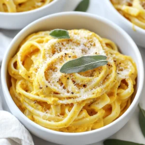 To make creamy pumpkin sage pasta, you will need: - 12 oz fettuccine pasta - 1 cup pumpkin puree (canned or homemade) - 1 cup heavy cream - 1 tablespoon olive oil - 4 cloves garlic, minced - 1 small onion, finely chopped - 1 teaspoon fresh sage, finely chopped (or 1/2 teaspoon dried sage) - 1/2 teaspoon nutmeg - Salt and pepper to taste - 1/3 cup grated Parmesan cheese - Fresh sage leaves for garnish You can swap some ingredients if you need. Here are some ideas: - Use whole wheat pasta for a healthier option. - Swap heavy cream for coconut milk for a dairy-free version. - Use vegetable broth instead of olive oil for a lighter flavor. - If you don’t have sage, thyme or rosemary work well too. Fettuccine is the star of this dish, but you can get creative! Here are some great pasta options: - Tagliatelle for a similar texture and taste. - Penne for a fun shape that holds sauce well. - Gluten-free pasta if you need a gluten-free option. Choosing the right pasta can make your creamy pumpkin sage pasta even better! {{ingredient_image_1}} First, fill a large pot with water and add salt. Bring the water to a boil. Once boiling, add 12 ounces of fettuccine pasta. Cook the pasta according to the package instructions until it is al dente. This usually takes about 8 to 10 minutes. When done, reserve half a cup of pasta water. Then drain the pasta and set it aside. In a large skillet, pour in one tablespoon of olive oil. Heat the oil over medium heat. Next, add one small onion, finely chopped. Sauté the onion for about 3 to 4 minutes until it turns translucent. Then, add four cloves of minced garlic and cook for one more minute. The garlic will smell great! Now, stir in one cup of pumpkin puree. You can use canned pumpkin or make your own. Next, add one cup of heavy cream and mix well. Bring this mixture to a gentle simmer. Then, add one teaspoon of fresh sage, finely chopped, along with half a teaspoon of nutmeg. Season with salt and pepper to taste. Let this cook for about five minutes, stirring occasionally. Now it’s time to combine the pasta with the sauce. Add the drained fettuccine to the skillet with the pumpkin sauce. Toss the pasta gently to coat it evenly in the sauce. If the sauce seems too thick, add some reserved pasta water a little at a time. This will help reach your desired sauce consistency. Finally, stir in one-third cup of grated Parmesan cheese. Mix until the cheese melts and the sauce becomes creamy. Adjust the seasoning with more salt and pepper if needed. Your creamy pumpkin sage pasta is now ready to serve! To make great pasta, start with plenty of water. Use a large pot and add a good amount of salt. This salt helps to flavor the pasta. Bring the water to a boil before adding your fettuccine. Cook it until it is al dente, which means it should still have a bit of bite. Check the package for cooking time, and taste it to be sure. Reserve half a cup of pasta water before draining. This water can help adjust your sauce later. Sage adds a warm, earthy taste to your dish. Fresh sage has a stronger flavor than dried sage, so use it wisely. If you have fresh sage, chop it finely and add it to the sauce. If using dried sage, use less. Just half a teaspoon will do. Adding sage early in the cooking process helps its flavor spread throughout the sauce. Feel free to add extra sage leaves as a garnish for a burst of flavor and color. Your sauce should be creamy but not too thick. If it feels heavy, add some reserved pasta water. Start with a little and stir it in until you reach the right texture. The pasta water helps the sauce cling to the noodles better. If your sauce is too thin, let it simmer for a few minutes. This will help it thicken. Always taste and adjust seasonings before serving. A little extra salt or pepper can make a big difference! Pro Tips Use Fresh Sage: Fresh sage adds a vibrant flavor that dried sage can’t replicate. If possible, opt for fresh herbs for the best taste. Adjust Thickness: If the sauce is too thick, gradually add more reserved pasta water until you reach your desired consistency. Cheese Variations: Experiment with different cheeses like Gruyère or goat cheese for a unique twist on flavor and creaminess. Perfect Pasta Cooking: Make sure to cook the pasta just until al dente, as it will continue to cook a bit when mixed with the sauce. {{image_2}} You can make this creamy pumpkin sage pasta gluten-free. Just swap out regular fettuccine for gluten-free pasta. Many brands offer great gluten-free options made from rice or quinoa. They cook similarly, so you won’t lose any flavor or texture. Just follow the package instructions for best results. To make this dish vegan, replace the heavy cream and Parmesan cheese. Use coconut cream or a cashew cream instead of heavy cream. For the cheese, try nutritional yeast for a cheesy flavor. You can also use a vegan Parmesan cheese. This way, you keep the dish creamy and delicious without any animal products. You can easily add protein or vegetables to this dish. For protein, consider grilled chicken, shrimp, or even chickpeas. They all pair well with the creamy sauce. For veggies, add spinach, mushrooms, or roasted butternut squash. These options not only add nutrition but also enhance the dish's flavor and texture. Just sauté them before adding to the sauce for the best results. After you enjoy your creamy pumpkin sage pasta, let it cool. Place it in an airtight container. Store it in the fridge for up to three days. Make sure to cover it well to keep it fresh. You can also separate the sauce from the pasta. This helps keep the pasta from getting soggy. To reheat, you can use a microwave or a skillet. If using the microwave, heat it in short bursts. Stir in between to make sure it warms evenly. If using a skillet, add a splash of water or cream. Heat over low until warm, stirring gently. This keeps the pasta creamy and delicious. You can freeze the creamy pumpkin sage pasta for later. Place the cooled dish in a freezer-safe container. It will last up to three months in the freezer. When ready to eat, thaw it in the fridge overnight. Then, reheat it using the methods above. Enjoying this dish later is easy and tasty! Yes, you can use fresh pumpkin. Start by cutting the pumpkin into pieces. Bake it until soft, then scoop out the flesh. Blend it until smooth. This gives a fresh flavor to your dish. You may need to adjust the cooking time for the sauce. Fresh pumpkin has more moisture than canned, so add a bit more cream if needed. To lighten this dish, swap heavy cream for half-and-half or a plant-based milk. You could also use less cheese or a lower-fat cheese. Instead of fettuccine, try whole wheat pasta or zucchini noodles. These choices keep the flavor but reduce calories. Remember to taste as you go. Adjust seasonings to keep it tasty. This pasta pairs well with a fresh salad. A simple green salad adds crunch and balance. Garlic bread complements the creamy sauce too. For a protein boost, serve grilled chicken or sautéed shrimp on the side. Roasted vegetables can add color and flavor to your meal. Each option brings out the best in this dish. This guide covered everything you need for creamy pumpkin sage pasta. We discussed key ingredients and tasty substitutes, plus steps to cook the dish perfectly. You learned how to enhance flavor and adjust sauce consistency. We also explored variations for gluten-free or vegan diets and offered tips for storing leftovers. In the end, this simple dish can impress anyone. Now, you can enjoy a warm, comforting meal made just how you like it. Happy cooking!