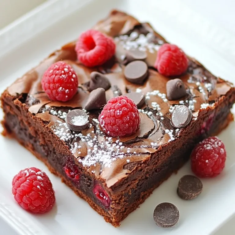 - 1 cup unsalted butter - 2 cups granulated sugar - 4 large eggs - 1 teaspoon vanilla extract - 1 cup all-purpose flour - 1 cup unsweetened cocoa powder - 1/2 teaspoon salt - 1 cup fresh raspberries - 1/2 cup semi-sweet chocolate chips To make raspberry chocolate swirl brownies, you’ll need simple, high-quality ingredients. Start with unsalted butter, which gives a rich taste. Granulated sugar adds sweetness and helps create a nice texture. You will also need large eggs, as they bind the mix and add moisture. Vanilla extract brings warmth and depth to the brownies. All-purpose flour provides structure, while unsweetened cocoa powder gives that rich chocolate flavor we all love. A pinch of salt balances the sweetness. Raspberries are the star of this treat. They add a bright, tart flavor that contrasts perfectly with the chocolate. Lastly, semi-sweet chocolate chips melt into the brownies, adding pockets of gooey goodness. Using fresh raspberries makes a world of difference. If you can’t find them, frozen raspberries work, but make sure to thaw and drain them first. This will prevent excess moisture in your brownies. Gather these ingredients, and you’ll be ready to create a dessert that is both delicious and beautiful. {{ingredient_image_1}} 1. Preheating the Oven and Preparing the Baking Pan First, set your oven to 350°F (175°C). Grease a 9x13-inch baking pan or line it with parchment paper. This step helps the brownies come out clean and easy to cut. 2. Melting Butter and Combining Ingredients In a large saucepan, melt 1 cup of unsalted butter over medium heat. Once it melts, take it off the heat. Stir in 2 cups of granulated sugar until it is well mixed. 3. Mixing Dry Ingredients and Creating the Brownie Batter In a separate bowl, sift together 1 cup of all-purpose flour, 1 cup of unsweetened cocoa powder, and 1/2 teaspoon of salt. Gradually add this dry mix to the melted butter and sugar. Gently fold the dry mix into the wet ingredients until everything is combined. 1. Layering Batters and Adding Raspberries Pour half of the brownie batter into your prepared pan. Spread it evenly. In a small bowl, mash 1 cup of fresh raspberries with a fork. Drizzle the mashed raspberries over the brownie batter. Leave some whole for texture. 2. Creating the Marbled Effect Spoon the remaining brownie batter over the raspberry layer. Use a spatula to spread it gently. With a knife or skewer, swirl the batter and raspberries together. Be sure not to over-mix; a few visible raspberry spots look nice. 3. Topping with Chocolate Chips Sprinkle 1/2 cup of semi-sweet chocolate chips evenly over the top. This adds a rich flavor and a nice look. 1. Baking Time and Testing for Doneness Place the pan in the preheated oven. Bake for 25-30 minutes. To check if they are done, insert a toothpick into the center. It should come out with a few moist crumbs, not wet batter. 2. Cooling Tips Before Cutting Brownies Once done, let the brownies cool in the pan on a wire rack. This step helps them set. After they cool, cut them into squares for serving. Enjoy your delicious Raspberry Chocolate Swirl Brownies! - Ensuring Even Baking: To bake your brownies evenly, place your pan in the center of the oven. This allows hot air to flow all around. Avoid opening the oven door too often. It can let out heat and change your bake time. - Texture and Consistency Tips: For soft and fudgy brownies, do not overmix the batter. Mixing too much adds air, which makes brownies cake-like. When you swirl in the raspberries, keep some pieces whole. This adds a nice texture and look. - Presentation Ideas for Raspberry Chocolate Swirl Brownies: Serve the brownies warm on a nice plate. A drizzle of raspberry or chocolate sauce makes them shine. Add a few whole raspberries on top and a light dusting of powdered sugar. This makes the brownies look fancy. - Suggested Pairings: These brownies pair well with a scoop of vanilla ice cream. The cold ice cream balances the warm brownies. You can also serve them with whipped cream for extra fun. A cup of coffee or tea is a great drink choice, too. Pro Tips Use Room Temperature Ingredients: Allow your eggs and butter to come to room temperature for better incorporation and a smoother batter. Don't Overmix: When combining the dry ingredients with the wet, mix just until combined. Overmixing can lead to dense brownies. Chill Before Cutting: For cleaner cuts, refrigerate the brownies for a bit after they cool down. This helps them firm up and makes slicing easier. Enhance Flavor with Zest: Adding a teaspoon of lemon or orange zest to the batter can brighten the flavors of the chocolate and raspberries. {{image_2}} You can easily change up your raspberry chocolate swirl brownies. Here are some fun ideas: - Using Different Berries or Fruits: Try using blueberries, strawberries, or even cherries. Each fruit adds its own unique flavor. For example, blueberries give a nice sweetness, while cherries add a tart kick. Just mash them like you do with raspberries and swirl them into the batter. - Adding Nuts or Other Mix-ins: Walnuts or pecans can add a nice crunch. You can fold in half a cup of chopped nuts into the batter. This adds texture and flavor to each bite. You could also try adding some white chocolate chips for a different taste. If you or your friends have dietary needs, no worries! Here are some great swaps: - Gluten-Free Alternatives: Use a gluten-free flour blend instead of all-purpose flour. These blends work well in most recipes, including brownies. Just make sure to check that the blend contains xanthan gum for the best texture. - Vegan Adaptations: To make these brownies vegan, you can replace the eggs. Use 1/4 cup of applesauce or a flax egg (1 tablespoon of flaxseed meal mixed with 2.5 tablespoons of water) for each egg. Instead of butter, use coconut oil or a plant-based butter. These swaps will keep your brownies delicious and moist. With these variations and options, you can enjoy raspberry chocolate swirl brownies in many different ways! Storing in the Refrigerator To keep your brownies fresh, store them in the fridge. Place them in an airtight container. This method helps them stay moist. They can last up to one week this way. Freezing Brownies for Later Use Freezing is a great option if you want to save some brownies. First, let them cool completely. Then, wrap each brownie tightly in plastic wrap. Place the wrapped brownies in a freezer-safe bag. They can last for three months in the freezer. When you're ready to enjoy them, thaw them in the fridge overnight. How Long Do They Last at Room Temperature? When left at room temperature, brownies last about three days. Store them in a cool, dry place in an airtight container. This keeps them soft and chewy. Signs of Spoilage Watch out for signs that your brownies have gone bad. If they smell sour or have mold, it’s time to throw them away. Dry or hard texture can also mean they are past their prime. Always check before you take a bite! Can I use frozen raspberries for this recipe? Yes, you can use frozen raspberries. Just thaw them and drain the excess liquid. This keeps your brownies from getting too wet. How do I know when the brownies are done baking? Check the brownies after 25 minutes. Insert a toothpick into the center. If it comes out with a few moist crumbs, they are ready. Can I substitute the butter with oil? You can substitute oil for the butter. Use a 3/4 cup of oil for 1 cup of butter. This may alter the taste slightly but still works well. What can I use instead of eggs for a vegan version? Try using flax eggs. Mix 1 tablespoon of ground flaxseed with 2.5 tablespoons of water. Let it sit for 5 minutes until it thickens. How should I serve these brownies for a party? Serve the brownies warm. Drizzle raspberry or chocolate sauce on top. Add whole raspberries and a dusting of powdered sugar for a nice touch. Raspberry Chocolate Swirl Brownies are a delicious treat made with simple steps. You learned the right ingredients, along with tips for perfect texture and baking times. Remember to have fun with variations, like trying different fruits or dietary options. Proper storage keeps these brownies fresh and tasty. Enjoy your baking, and don’t be afraid to share your creations. Try out your ideas, and make these brownies your own!