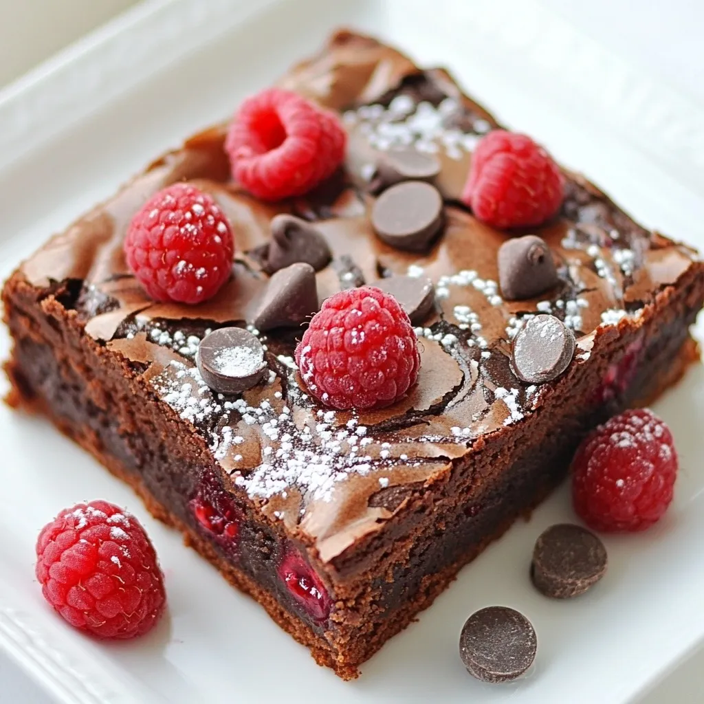 - 1 cup unsalted butter - 2 cups granulated sugar - 4 large eggs - 1 teaspoon vanilla extract - 1 cup all-purpose flour - 1 cup unsweetened cocoa powder - 1/2 teaspoon salt - 1 cup fresh raspberries - 1/2 cup semi-sweet chocolate chips To make raspberry chocolate swirl brownies, you’ll need simple, high-quality ingredients. Start with unsalted butter, which gives a rich taste. Granulated sugar adds sweetness and helps create a nice texture. You will also need large eggs, as they bind the mix and add moisture. Vanilla extract brings warmth and depth to the brownies. All-purpose flour provides structure, while unsweetened cocoa powder gives that rich chocolate flavor we all love. A pinch of salt balances the sweetness. Raspberries are the star of this treat. They add a bright, tart flavor that contrasts perfectly with the chocolate. Lastly, semi-sweet chocolate chips melt into the brownies, adding pockets of gooey goodness. Using fresh raspberries makes a world of difference. If you can’t find them, frozen raspberries work, but make sure to thaw and drain them first. This will prevent excess moisture in your brownies. Gather these ingredients, and you’ll be ready to create a dessert that is both delicious and beautiful. {{ingredient_image_1}} 1. Preheating the Oven and Preparing the Baking Pan First, set your oven to 350°F (175°C). Grease a 9x13-inch baking pan or line it with parchment paper. This step helps the brownies come out clean and easy to cut. 2. Melting Butter and Combining Ingredients In a large saucepan, melt 1 cup of unsalted butter over medium heat. Once it melts, take it off the heat. Stir in 2 cups of granulated sugar until it is well mixed. 3. Mixing Dry Ingredients and Creating the Brownie Batter In a separate bowl, sift together 1 cup of all-purpose flour, 1 cup of unsweetened cocoa powder, and 1/2 teaspoon of salt. Gradually add this dry mix to the melted butter and sugar. Gently fold the dry mix into the wet ingredients until everything is combined. 1. Layering Batters and Adding Raspberries Pour half of the brownie batter into your prepared pan. Spread it evenly. In a small bowl, mash 1 cup of fresh raspberries with a fork. Drizzle the mashed raspberries over the brownie batter. Leave some whole for texture. 2. Creating the Marbled Effect Spoon the remaining brownie batter over the raspberry layer. Use a spatula to spread it gently. With a knife or skewer, swirl the batter and raspberries together. Be sure not to over-mix; a few visible raspberry spots look nice. 3. Topping with Chocolate Chips Sprinkle 1/2 cup of semi-sweet chocolate chips evenly over the top. This adds a rich flavor and a nice look. 1. Baking Time and Testing for Doneness Place the pan in the preheated oven. Bake for 25-30 minutes. To check if they are done, insert a toothpick into the center. It should come out with a few moist crumbs, not wet batter. 2. Cooling Tips Before Cutting Brownies Once done, let the brownies cool in the pan on a wire rack. This step helps them set. After they cool, cut them into squares for serving. Enjoy your delicious Raspberry Chocolate Swirl Brownies! - Ensuring Even Baking: To bake your brownies evenly, place your pan in the center of the oven. This allows hot air to flow all around. Avoid opening the oven door too often. It can let out heat and change your bake time. - Texture and Consistency Tips: For soft and fudgy brownies, do not overmix the batter. Mixing too much adds air, which makes brownies cake-like. When you swirl in the raspberries, keep some pieces whole. This adds a nice texture and look. - Presentation Ideas for Raspberry Chocolate Swirl Brownies: Serve the brownies warm on a nice plate. A drizzle of raspberry or chocolate sauce makes them shine. Add a few whole raspberries on top and a light dusting of powdered sugar. This makes the brownies look fancy. - Suggested Pairings: These brownies pair well with a scoop of vanilla ice cream. The cold ice cream balances the warm brownies. You can also serve them with whipped cream for extra fun. A cup of coffee or tea is a great drink choice, too. Pro Tips Use Room Temperature Ingredients: Allow your eggs and butter to come to room temperature for better incorporation and a smoother batter. Don't Overmix: When combining the dry ingredients with the wet, mix just until combined. Overmixing can lead to dense brownies. Chill Before Cutting: For cleaner cuts, refrigerate the brownies for a bit after they cool down. This helps them firm up and makes slicing easier. Enhance Flavor with Zest: Adding a teaspoon of lemon or orange zest to the batter can brighten the flavors of the chocolate and raspberries. {{image_2}} You can easily change up your raspberry chocolate swirl brownies. Here are some fun ideas: - Using Different Berries or Fruits: Try using blueberries, strawberries, or even cherries. Each fruit adds its own unique flavor. For example, blueberries give a nice sweetness, while cherries add a tart kick. Just mash them like you do with raspberries and swirl them into the batter. - Adding Nuts or Other Mix-ins: Walnuts or pecans can add a nice crunch. You can fold in half a cup of chopped nuts into the batter. This adds texture and flavor to each bite. You could also try adding some white chocolate chips for a different taste. If you or your friends have dietary needs, no worries! Here are some great swaps: - Gluten-Free Alternatives: Use a gluten-free flour blend instead of all-purpose flour. These blends work well in most recipes, including brownies. Just make sure to check that the blend contains xanthan gum for the best texture. - Vegan Adaptations: To make these brownies vegan, you can replace the eggs. Use 1/4 cup of applesauce or a flax egg (1 tablespoon of flaxseed meal mixed with 2.5 tablespoons of water) for each egg. Instead of butter, use coconut oil or a plant-based butter. These swaps will keep your brownies delicious and moist. With these variations and options, you can enjoy raspberry chocolate swirl brownies in many different ways! Storing in the Refrigerator To keep your brownies fresh, store them in the fridge. Place them in an airtight container. This method helps them stay moist. They can last up to one week this way. Freezing Brownies for Later Use Freezing is a great option if you want to save some brownies. First, let them cool completely. Then, wrap each brownie tightly in plastic wrap. Place the wrapped brownies in a freezer-safe bag. They can last for three months in the freezer. When you're ready to enjoy them, thaw them in the fridge overnight. How Long Do They Last at Room Temperature? When left at room temperature, brownies last about three days. Store them in a cool, dry place in an airtight container. This keeps them soft and chewy. Signs of Spoilage Watch out for signs that your brownies have gone bad. If they smell sour or have mold, it’s time to throw them away. Dry or hard texture can also mean they are past their prime. Always check before you take a bite! Can I use frozen raspberries for this recipe? Yes, you can use frozen raspberries. Just thaw them and drain the excess liquid. This keeps your brownies from getting too wet. How do I know when the brownies are done baking? Check the brownies after 25 minutes. Insert a toothpick into the center. If it comes out with a few moist crumbs, they are ready. Can I substitute the butter with oil? You can substitute oil for the butter. Use a 3/4 cup of oil for 1 cup of butter. This may alter the taste slightly but still works well. What can I use instead of eggs for a vegan version? Try using flax eggs. Mix 1 tablespoon of ground flaxseed with 2.5 tablespoons of water. Let it sit for 5 minutes until it thickens. How should I serve these brownies for a party? Serve the brownies warm. Drizzle raspberry or chocolate sauce on top. Add whole raspberries and a dusting of powdered sugar for a nice touch. Raspberry Chocolate Swirl Brownies are a delicious treat made with simple steps. You learned the right ingredients, along with tips for perfect texture and baking times. Remember to have fun with variations, like trying different fruits or dietary options. Proper storage keeps these brownies fresh and tasty. Enjoy your baking, and don’t be afraid to share your creations. Try out your ideas, and make these brownies your own!