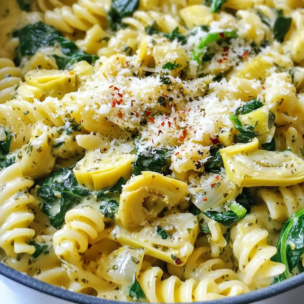 - 12 oz pasta (fusilli or penne) - 2 cups fresh spinach, roughly chopped - 1 can (14 oz) artichoke hearts, drained and chopped - 4 cloves garlic, minced - 1 medium onion, diced - 1 cup vegetable broth - 1 cup heavy cream - 1 cup grated Parmesan cheese - 1 teaspoon Italian seasoning - Salt and pepper to taste - 2 tablespoons olive oil - Red pepper flakes (optional, for garnish) To make the one-pot spinach artichoke pasta, gather these ingredients first. The pasta serves as the base, while the artichokes and spinach add great flavor. The heavy cream and Parmesan cheese create a rich, creamy sauce. Garlic and onions add depth and warmth to the dish. You can choose either fusilli or penne pasta. Both work well and soak up the sauce nicely. Fresh spinach gives a pop of color and nutrition. Artichoke hearts add a unique taste and texture that pairs perfectly. When it comes to seasoning, Italian seasoning brings all the flavors together. Use salt and pepper to balance the dish. If you like a little heat, red pepper flakes are a fun optional garnish. Be sure to check your pantry for vegetable broth. This adds flavor without meat. Finally, we need olive oil for sautéing the onions and garlic, bringing everything to life. With these ingredients on hand, you're ready to create a creamy and delicious meal that everyone will love. {{ingredient_image_1}} - First, heat 2 tablespoons of olive oil in a large pot over medium heat. - Next, add 1 medium diced onion and sauté for about 3-4 minutes. The onion should turn translucent. - Then, add 4 minced garlic cloves to the pot. Sauté for another minute until you smell the garlic. - Now, stir in 1 can of chopped artichoke hearts. Cook for 2 minutes to blend the flavors. - Pour in 1 cup of vegetable broth and 1 cup of heavy cream, stirring well. Bring the mix to a gentle simmer. - Add 12 oz of pasta (you can use fusilli or penne). Include 1 teaspoon of Italian seasoning, salt, and pepper. Stir well to soak the pasta in the liquid. - Cover the pot and cook for 10-12 minutes. Stir occasionally until the pasta is al dente. - Remove the pot from heat. Stir in 2 cups of roughly chopped spinach and 1 cup of grated Parmesan cheese. Mix until the spinach wilts and the cheese melts. - Finally, taste your dish. Adjust the seasoning if needed, adding salt, pepper, or red pepper flakes for heat. To ensure your pasta cooks evenly, choose a pot that is large enough. This way, the pasta has space to move. Stir the pasta often. This helps to keep it from sticking. Follow the cooking time on the pasta package. Check it a minute or two early. You want it al dente, with a bit of bite. If you want to adjust the creaminess, add more cream or cheese. You can also use less broth for a thicker sauce. If you like it lighter, add more broth or a splash of water. Adding spices can change the dish. Try crushed red pepper for heat. You can also add extra Italian seasoning for a more herb-forward taste. If you want a twist, add a dash of lemon juice. It brightens the flavors. For garnishing, I suggest extra Parmesan cheese. It adds a nice touch. Fresh herbs, like basil or parsley, also work well. They add color and a fresh taste. You can sprinkle red pepper flakes on top for some spice. Pro Tips Cook Pasta Al Dente: To ensure the pasta retains its texture, cook it just until it's al dente, as it will continue to absorb liquid and soften after being removed from the heat. Fresh Spinach Addition: For a vibrant color and maximum nutrition, add the spinach at the end of cooking. This will keep it bright and prevent it from wilting too much. Custom Seasoning: Feel free to adjust the Italian seasoning and add herbs like basil or oregano for a personalized flavor that suits your taste. Storage Tips: Leftovers can be stored in an airtight container in the fridge for up to 3 days. Reheat on the stove with a splash of broth or cream to bring back the creaminess. {{image_2}} For those who need gluten-free options, you can use gluten-free pasta. Many stores sell good brands that taste great. Just check the package for cooking times, as they can vary. If you want to make this dish dairy-free, try using plant-based cream. Almond or coconut cream works well. You can also use nutritional yeast instead of Parmesan for a cheesy flavor without dairy. Feel free to add other vegetables. You can use bell peppers, zucchini, or mushrooms. Just chop them and toss them in with the onions. They will add color and taste. If you do not have Parmesan, try using nutritional yeast. It gives a cheesy flavor without the dairy. Just sprinkle it in when you add the spinach. It will blend nicely and keep the dish creamy. To keep your One-Pot Spinach Artichoke Pasta fresh, store leftovers in an airtight container. Make sure it cools to room temperature first. Place it in the fridge and eat it within three days. The pasta will stay good, but its creaminess may change a bit. When you reheat, add a splash of broth or cream to bring back some moisture. If you want to freeze this dish, portion it into smaller servings. Use freezer-safe bags or containers. Remove as much air as possible to prevent freezer burn. It can last up to three months in the freezer. When you are ready to enjoy it again, thaw the pasta overnight in the fridge. To reheat, warm it on the stovetop over low heat. Stir in a bit of vegetable broth or cream to make it creamy again. You can also microwave it, but add a little liquid to keep it from drying out. One-pot cooking means you make a meal in just one pot. This method saves time and cuts down on dishes. It is all about convenience. You add ingredients to the same pot, cook them together, and enjoy a tasty meal. It’s great for busy days or when you want a quick dinner. One-pot meals also let flavors mix well. They are often creamy, rich, and full of taste. Yes, you can add protein to this dish. Chicken is a great choice. Just cook it first, then add it with the garlic and onions. You can also use beans for a plant-based option. Chickpeas or white beans add protein and fiber. Stir them in with the artichokes to keep them soft and tasty. This way, you make the dish heartier and more filling. To make this recipe vegan, swap the heavy cream for coconut cream or cashew cream. These options keep the dish creamy. Use nutritional yeast instead of Parmesan cheese. It gives a cheesy flavor without dairy. Also, check that your pasta is egg-free. Many brands offer great vegan pasta options. With these swaps, you can enjoy a delicious vegan version of this one-pot delight. This dish brings together simple ingredients for a tasty meal. You need pasta, spinach, and artichoke hearts. Start by cooking your base, then mix in the cream and seasonings. Enhance the flavor with spices or garnish. Remember, you can swap ingredients to fit your tastes or diet. Store leftovers well or freeze portions for later. With this guide, you can make a satisfying meal for any occasion. Enjoy your cooking adventure!
