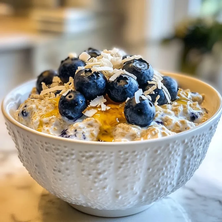 To make Blueberry Coconut Overnight Oats, you need simple, fresh ingredients. Here’s what you need: - 1 cup rolled oats - 1 cup coconut milk (canned or carton) - 1/2 cup fresh blueberries (plus extra for topping) - 2 tablespoons shredded coconut (unsweetened) - 1 tablespoon maple syrup or honey (to taste) - 1/2 teaspoon vanilla extract - A pinch of salt These ingredients blend well to create a creamy, tasty base. The rolled oats soak up the coconut milk, making each bite rich and satisfying. If you want a creamier texture, Greek yogurt is a great choice. Use about 1/2 cup for this purpose. You can also sprinkle in some chopped nuts or seeds for a fun crunch. These add-ons make the oats feel more filling and add extra flavor. Each ingredient brings its own health perks. Oats are high in fiber and can help keep you full. They are good for your heart. Coconut milk adds healthy fats that support brain health. Blueberries are packed with vitamins and antioxidants, making them great for your immune system. Greek yogurt, if you use it, adds protein, which is important for muscle health. Together, these ingredients make a balanced meal that is both tasty and good for you. {{ingredient_image_1}} Start by taking a medium mixing bowl. Add 1 cup of rolled oats. Pour in 1 cup of coconut milk. If you want, add 1/2 cup of Greek yogurt for creaminess. Stir well to make sure the oats soak in the milk and yogurt. This step is key for a soft texture. Next, add 2 tablespoons of shredded coconut. This gives a lovely taste. Then, drizzle in 1 tablespoon of maple syrup or honey for sweetness. You can adjust this to your taste. Add 1/2 teaspoon of vanilla extract for a warm flavor. Don’t forget a pinch of salt to enhance all the tastes. Mix everything until it’s well combined. Now, gently fold in 1/2 cup of fresh blueberries. Save a few blueberries for topping later. Divide the mixture into two jars or containers. Seal them tightly and place them in the fridge. Let them chill overnight or for at least 4-5 hours. When you’re ready to eat, stir well if needed. Top with the reserved blueberries and sprinkle some chopped nuts or seeds on top for crunch. Enjoy it cold or warm it up a bit in the microwave if you like! To get the right texture, use rolled oats. They soak up the liquid well. Avoid steel-cut oats; they stay too firm. Combine oats and liquid in a bowl. Make sure the oats are fully covered. Let them sit overnight in the fridge. This gives you creamy and soft oats in the morning. Store your overnight oats in airtight jars. This keeps them fresh and tasty. If you make a batch for the week, use separate containers. Keep them in the fridge. Overnight oats can last up to five days. Just remember to stir before eating. You can add toppings right before serving. Adjust the sweetness to match your taste. Start with a tablespoon of maple syrup or honey. You can add more if you like it sweeter. For flavor, consider using cinnamon or nutmeg. A splash of coconut extract adds a nice touch, too. Don’t forget to mix in different fruits like bananas or strawberries! Pro Tips Use Old-Fashioned Rolled Oats: They absorb liquid better and provide a creamier texture compared to instant oats. Chill Overnight: Letting the oats sit overnight allows them to soften and the flavors to meld beautifully. Customize Your Sweetness: Adjust the maple syrup or honey according to your taste preference for a perfect balance. Add Texture: Topping your oats with nuts or seeds enhances crunch and adds healthy fats to your breakfast. {{image_2}} You can swap coconut milk for other milks. Almond milk adds a nutty taste. Oat milk gives a creamy texture. If you want a richer flavor, use whole milk. Each choice changes the taste a bit, so pick what you love. Blueberries are tasty, but you can try other fruits. Sliced strawberries add sweetness. Raspberries give a nice tartness. If you like tropical flavors, add diced mango or pineapple. Each fruit brings its own fun twist to your oats. To make your oats more filling, add protein. You can stir in Greek yogurt, which I love for creaminess. If you prefer non-dairy, use a scoop of protein powder. Chopped nuts or seeds also boost protein and add crunch. This way, your oats become a well-rounded meal. To keep your blueberry coconut overnight oats fresh, use airtight containers. Glass jars work great. Make sure to seal them tightly. Store your oats in the fridge. This keeps them cool and tasty. If you plan to eat them later, add toppings like nuts or extra fruit just before serving. This way, your oats stay crunchy and fresh. You can keep your overnight oats in the fridge for up to five days. After that, they may lose texture and flavor. If you want to enjoy them longer, consider freezing them. Frozen oats can last for up to three months. Just remember to thaw them in the fridge overnight before eating. If you like warm oats, it’s easy to heat them up. Just put your oats in a microwave-safe bowl. Heat for about 30 seconds to one minute. Stir them halfway to make sure they heat evenly. You can also add a splash of coconut milk to keep them creamy. Enjoy your tasty oats warm or cold! Yes, you can use quick oats. They cook faster and change texture. Quick oats will be softer. If you like them chewier, stick with rolled oats. Rolled oats soak up liquid and stay hearty overnight. No, yogurt is not a must. It adds creaminess and protein. If you skip it, use more coconut milk. This keeps the oats moist. You can also add mashed banana for creaminess if you prefer. To make this recipe vegan, use a plant-based yogurt. Coconut yogurt works best. You can also use maple syrup instead of honey. Make sure your coconut milk is dairy-free too. Enjoy your vegan treat without losing flavor! Blueberry coconut overnight oats are easy to make and full of flavor. We covered key ingredients for nutrition and steps for prep. Remember to personalize your oats with fruits, nuts, or proteins you love. It’s all about finding your perfect mix. Store your oats properly to keep them fresh. Enjoy them cold or warm based on your mood. With these tips, you can create a tasty and healthy breakfast whenever you want. Dive into making your own batch today!