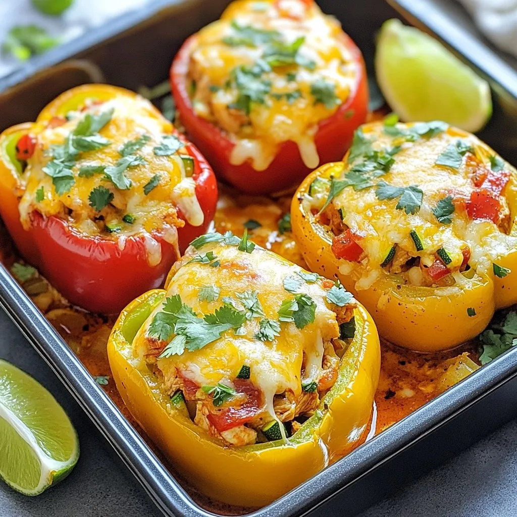- 4 large bell peppers (any color) - 1 lb. chicken breast, diced - 1 medium onion, sliced - 1 medium zucchini, diced - 1 bell pepper (different color from above), diced - 2 tablespoons olive oil - 1 tablespoon taco seasoning - 1 teaspoon cumin - Salt and pepper to taste - 1 cup shredded cheese (cheddar or Monterey Jack) These ingredients make the base of your chicken fajita stuffed peppers. The bell peppers serve as a tasty boat for the filling. The chicken breast provides lean protein, while the onion and zucchini add flavor and nutrition. Seasonings like taco seasoning and cumin bring that classic fajita taste. Don’t forget the cheese; it melts beautifully on top! - 1 cup cooked rice - Different types of cheese - Fresh cilantro, chopped (for garnish) - Lime wedges (for serving) You can add cooked rice to the filling for extra heartiness. Different cheeses like pepper jack or feta can also change the flavor. Fresh cilantro adds a nice pop of color and taste. A squeeze of lime juice brightens the dish and balances the flavors. Enjoy experimenting with these optional ingredients! {{ingredient_image_1}} 1. Preheating the oven: Start by preheating your oven to 375°F (190°C). This step is key for even baking. 2. Preparing the bell peppers: Take four large bell peppers and cut off their tops. Remove the seeds and membranes. Place them upright in a baking dish. This holds the filling well. 3. Sautéing the chicken and vegetables: In a large skillet, heat two tablespoons of olive oil over medium heat. Add one pound of diced chicken breast to the pan. Cook for about 5 to 7 minutes until it turns brown. 4. Mixing in seasonings: Next, add one sliced onion, one diced zucchini, and one more diced bell pepper. Sauté these veggies for another 5 minutes until they soften. Then, mix in one tablespoon of taco seasoning and one teaspoon of cumin. Season with salt and pepper. Stir well to blend the flavors for 2 to 3 minutes. 5. Filling the peppers: If you want, stir in one cup of cooked rice into the chicken mix. Spoon this filling into each bell pepper, packing it tightly. Top each pepper with one cup of shredded cheese. 6. Baking instructions: Cover the baking dish with aluminum foil. Bake for 25 minutes. After that, remove the foil and bake for an additional 10 minutes. The cheese should be bubbly and golden. Let the peppers cool for a few minutes. Top with fresh cilantro before serving. Enjoy with lime wedges on the side! Choosing the right bell peppers is key. Look for large, firm peppers. They should have smooth skin and vibrant color. I prefer a mix of colors for a fun look. To ensure even cooking, cut the tops off and remove seeds. Place the peppers upright in the dish. This helps them cook without falling over. Spices can take your dish to the next level. I love adding extra cumin or smoked paprika for depth. You can also mix in black beans or corn for added texture. Fresh lime juice brightens the flavors, so don't skip it! For side dishes, I suggest serving with a light salad. A fresh avocado salad pairs well. You can also add tortilla chips and salsa for crunch. Enjoy your meal with a refreshing drink like iced tea or lemonade! Pro Tips Choose Colorful Peppers: Using a mix of colored bell peppers not only makes the dish visually appealing but also adds a variety of flavors. Season Well: Don’t be afraid to adjust the seasonings to your taste. A little extra taco seasoning or spices can elevate the dish significantly. Cook Rice in Broth: If you decide to include rice, cook it in chicken broth instead of water for extra flavor. Rest Before Serving: Let the stuffed peppers sit for a few minutes after baking. This helps the filling set and makes them easier to serve. {{image_2}} If you want to switch things up, try using different proteins. Ground turkey works well and is leaner than chicken. You could also use ground beef for a richer taste. For a plant-based option, consider crumbled tofu or tempeh. These alternatives will still give you that satisfying texture and flavor in your stuffed peppers. To make these stuffed peppers vegetarian or vegan, simply leave out the chicken. Instead, add black beans or chickpeas for protein. You can also mix in corn and diced tomatoes for a colorful and tasty filling. This version is hearty and packed with nutrients, making it perfect for everyone at the table. Feel free to play with the spices to match your taste. Add a pinch of chipotle powder for heat or some smoked paprika for a deeper flavor. You can also try adding some Italian herbs for a different twist. Mixing in ingredients from other cuisines, like curry powder or ginger, can create exciting new flavors in your stuffed peppers. To keep your Chicken Fajita Stuffed Peppers fresh, place them in an airtight container. You can store them in the fridge for up to three days. Make sure they cool down first to avoid steam buildup inside the container. If you want to save some for later, freezing is a great option. Wrap each stuffed pepper in plastic wrap, then place them in a freezer-safe bag. They can last up to three months in the freezer. When you’re ready to cook, you can bake them directly from frozen. Just add a few extra minutes to the baking time. For the best taste, reheat the peppers in the oven. Preheat to 350°F (175°C) and place the stuffed peppers in a baking dish. Cover them with foil to keep them moist. Bake for about 15-20 minutes or until they are heated through. You can also use a microwave, but the oven gives a better texture. How do I prevent the peppers from getting soggy? To keep your peppers crisp, remove the seeds well. Bake them upright and cover with foil only halfway. You can also pre-roast the peppers for a few minutes before filling them. This helps them stay firm while baking. Can I prepare these ahead of time? Yes, you can! Prepare the filling and stuff the peppers. Then, wrap and store them in the fridge for up to 24 hours. When ready to cook, bake them straight from the fridge. Just add a few extra minutes to the bake time. Is this recipe healthy? Absolutely! This dish packs lean protein from chicken and plenty of veggies. The peppers are rich in vitamins A and C. Using olive oil adds healthy fats. If you skip the rice, you keep carbs lower. Overall, this meal is balanced and nutritious. How to adjust serving sizes for more or fewer people This recipe serves four. To serve more, simply double the ingredients. You can also make extra filling. For fewer people, half the recipe. Adjust the number of peppers based on how many you need. Each pepper holds a good amount of filling. Stuffed peppers are easy and fun to make. You learned about the main ingredients, like bell peppers and chicken. I shared easy steps for preparation and cooking. You now know tips to enhance flavors and how to store leftovers. In the end, you can create tasty variations that fit your taste. Enjoy making stuffed peppers for family and friends. They are sure to be a hit at your table!
