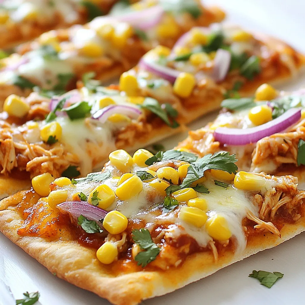 - 2 flatbreads (store-bought or homemade) - 1 cup cooked chicken, shredded - 1/2 cup BBQ sauce (your favorite brand) - 1 cup shredded mozzarella cheese - 1/2 red onion, thinly sliced - 1/2 cup corn (canned or cooked) - 1/4 cup fresh cilantro, chopped - 1/2 teaspoon smoked paprika - 1/4 teaspoon black pepper - Olive oil (for drizzling) I love using simple, fresh ingredients for this BBQ chicken flatbread pizza. You can use store-bought flatbreads if you’re short on time. They work well and save you prep time. If you feel adventurous, try making your own flatbreads. It adds a special touch. The chicken is the star here. Shredded chicken gives the pizza a nice texture. I often use leftover chicken from a previous meal. It cuts down cooking time. For a quick option, rotisserie chicken is a great choice too. Just shred it, and you’re ready to go! BBQ sauce is key. Pick your favorite brand or flavor. You can use sweet, spicy, or tangy sauces to match your taste. I like to mix the sauce with smoked paprika and black pepper. This adds depth to the chicken. Mozzarella cheese melts beautifully. It creates that gooey, stretchy texture we all love. Thinly sliced red onions add a nice crunch and bite. The corn adds sweetness and color. Don't forget fresh cilantro for a pop of flavor. Lastly, a drizzle of olive oil gives everything a nice finish. It helps the flatbread crisp up in the oven. All these ingredients come together to make a tasty weeknight dinner that’s sure to please everyone! {{ingredient_image_1}} - Preheat the oven to 425°F (220°C). - In a mixing bowl, combine shredded chicken with BBQ sauce, smoked paprika, and black pepper. Mix until the chicken is coated well. - Brush flatbreads with a light layer of olive oil. This keeps them crispy. - Spread the BBQ chicken mixture evenly over each flatbread. - Sprinkle shredded mozzarella cheese on top. - Add the thinly sliced red onion and corn evenly across both pizzas. - Bake in the preheated oven for 10-12 minutes. The cheese should melt and bubble. - Remove from the oven and let it cool for a minute. - Garnish with fresh cilantro for a burst of flavor. - Slice into pieces and serve warm. - Use homemade flatbreads for a fresher taste. Making your own flatbreads gives you full control. You can adjust the thickness to your liking. Fresh flatbreads taste better and add a nice touch. - Experiment with different BBQ sauce flavors. Try sweet, spicy, or tangy sauces. Each will change the pizza's taste. Find a sauce that fits your style. - Importance of preheating the oven. Preheating helps cook the flatbread evenly. It also ensures the cheese melts properly. Don’t skip this step to get the best results. - Checking cheese doneness. Keep an eye on the cheese while baking. It should be melted and bubbly. Golden edges on the flatbread mean it is ready to enjoy. - Complementary sides to serve with pizza. A simple salad or coleslaw pairs well. Chips or veggies can add crunch. These sides enhance your meal and make it more fun. - Ideal dipping sauces for enhancing flavor. Ranch, garlic, or extra BBQ sauce work great. These dips add more taste and texture. Feel free to try different ones to find your favorite. Pro Tips Use Fresh Ingredients: Opt for fresh cilantro and high-quality BBQ sauce to enhance the overall flavor of your flatbread pizza. Customize Your Toppings: Feel free to add other toppings such as jalapeños or bell peppers for an extra kick! Keep an Eye on Baking: Ovens can vary, so watch your flatbreads closely to ensure they don’t over-bake and become too crispy. Serving Suggestions: Serve with a side salad or some coleslaw for a delicious and balanced meal. {{image_2}} You can easily change this pizza to fit your taste. If you want a vegetarian option, use roasted vegetables instead of chicken. Zucchini, bell peppers, and mushrooms work great. For those who like heat, try adding jalapeños to the BBQ chicken. It gives the pizza a spicy kick that pairs well with the sweet BBQ sauce. Don't feel stuck with mozzarella cheese. You can swap it for Gouda or cheddar for a new flavor. Both cheeses melt nicely and add depth to your pizza. For a fresh twist, add arugula or spinach after baking. They give a nice, crisp texture and a burst of color. You can use whole wheat or gluten-free flatbreads if you prefer. Whole wheat adds a nutty flavor. Gluten-free options are great for those with dietary needs. For a fun appetizer, create mini flatbreads. These bite-sized treats are perfect for parties or snacks. Just cut your flatbreads into smaller pieces before adding toppings. To keep your BBQ chicken flatbread pizza fresh, store it in the fridge. Place it in an airtight container. This method helps keep the pizza from drying out. You can also wrap it tightly in plastic wrap or foil. Leftovers will stay good in the fridge for about 3 days. For the best taste and texture, use your oven to reheat the pizza. Preheat the oven to 350°F (175°C). Place the pizza on a baking sheet and heat for about 10 minutes. This way, the crust stays crispy. If you use a microwave, the crust may become soggy. If you must use the microwave, heat it in short bursts of 30 seconds. You can freeze BBQ chicken flatbread pizza too! First, let it cool completely. Then, slice it into pieces for easy serving. Wrap each piece tightly in plastic wrap. Place the wrapped pieces in a freezer bag. This method protects them from freezer burn. When you want to enjoy them, thaw the pizza in the fridge overnight. Reheat in the oven for the best results. You can use several alternatives for flatbreads. Here are some ideas: - Pita bread: It's soft and holds toppings well. - Naan: This adds a nice flavor and texture. - Tortillas: Use large ones for a thin crust. - English muffins: Cut them in half for individual pizzas. - Cauliflower crust: A great gluten-free option that's low in carbs. These choices can work well and still give you a tasty pizza. Yes, rotisserie chicken is a great choice! It saves time and effort. Here are some benefits: - Convenience: No need to cook chicken from scratch. - Flavor: It often has great seasoning, adding taste to your pizza. - Time-saving: You can get dinner ready in just minutes. Simply shred the chicken and mix it with your BBQ sauce to create a quick topping. You can make BBQ chicken flatbread pizza lighter with a few simple tips: - Use whole grain flatbreads: They add fiber and nutrients. - Low-fat cheese: Try reduced-fat mozzarella to cut calories. - Extra veggies: Add spinach, bell peppers, or mushrooms for added nutrition. - Less BBQ sauce: Use a smaller amount or find a low-sugar version. These swaps can help you enjoy a delicious meal while keeping it healthier. In this blog post, we explored making BBQ Chicken Flatbread Pizza. You learned about ingredients, steps to prepare, and tips to enhance flavor. We also shared how to personalize your pizza and ensure it stays fresh. Remember, this recipe is flexible. You can tweak it to fit your taste and dietary needs. Enjoy creating your flatbread masterpiece!