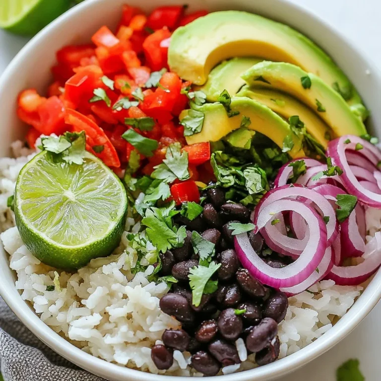 - 1 cup jasmine rice - 2 cups vegetable broth - Zest of 1 lime - Juice of 2 limes - 1 cup fresh cilantro, chopped - 1 can black beans, rinsed and drained - 1 red bell pepper, diced - 1 avocado, sliced - 1 small red onion, thinly sliced - 1 cup corn (fresh or frozen) - 1 teaspoon cumin - 1 teaspoon garlic powder - Salt and pepper to taste In making my Cilantro Lime Rice Bowls, I love using jasmine rice. It has a soft and fragrant quality that elevates the dish. Vegetable broth adds depth and flavor to the rice, making it more than just a side. The lime zest and juice bring brightness and tanginess, which is key to this recipe. Fresh cilantro is a must for that vibrant flavor. Black beans add protein and a nice texture. I always choose a red bell pepper for its sweetness and color. Avocado adds creaminess, and red onion gives a slight crunch. Corn, whether fresh or frozen, adds a pop of sweetness. Lastly, cumin and garlic powder enhance the overall flavor profile, making every bite delicious. - Sliced jalapeños - Sour cream - Feta cheese For extra fun, I suggest toppings like sliced jalapeños for heat. Sour cream adds creaminess that balances the spice. Feta cheese can give a salty kick, making the meal even more satisfying. Feel free to mix and match these toppings to suit your taste! {{ingredient_image_1}} - First, rinse 1 cup of jasmine rice under cold water. This step helps remove excess starch. - Next, bring 2 cups of vegetable broth to a boil in a medium pot. Add the rinsed rice. - Reduce the heat to low, cover, and simmer for 15-18 minutes. The rice should be tender when done. - Once the rice is cooked, remove it from heat. Let it sit for 5 minutes before fluffing. - Stir in the zest of 1 lime and the juice of 2 limes. This adds bright flavor. - Mix in 1 cup of chopped fresh cilantro, saving some for later. - Heat a drizzle of oil in a skillet over medium heat. - Add 1 diced red bell pepper and 1 cup of corn. Sauté for about 5 minutes. - Season with 1 teaspoon of cumin and 1 teaspoon of garlic powder. Add salt and pepper to taste. - Start with a generous scoop of cilantro lime rice at the base of your bowl. - Next, add a layer of black beans from a can, rinsed and drained. - Top with the sautéed bell pepper and corn mixture, followed by sliced avocado and thinly sliced red onion. - Finally, sprinkle the remaining cilantro on top. Add optional toppings like sliced jalapeños or sour cream for extra flavor. To make your Cilantro Lime Rice Bowls really pop, focus on seasoning. Start with salt and pepper. They bring out the best in your dish. Use fresh lime juice for a bright zing. Lime zest adds depth too. Always use fresh ingredients when you can. Fresh cilantro and veggies make a huge difference. They offer vibrant flavor and color. Cooking fluffy rice is key. Rinse the jasmine rice until the water runs clear. This removes excess starch. Cook the rice in vegetable broth for added flavor. If you use brown rice, adjust the cooking time. Brown rice needs more water and longer to cook. For a quicker option, try basmati rice, which cooks faster than jasmine. A great bowl needs a good look. Start with a scoop of cilantro lime rice at the base. Layer the black beans and the sautéed veggies next. Add sliced avocado and onion on top. For extra flair, sprinkle cilantro over everything. Use colorful toppings like sliced jalapeños or feta cheese. This not only tastes great but looks beautiful too. Pro Tips Rinse the Rice: Rinsing the jasmine rice under cold water is crucial for achieving fluffy rice. It removes excess starch, preventing it from becoming gummy during cooking. Flavor Infusion: For an extra burst of flavor, consider adding chopped garlic or shallots to the vegetable broth before boiling it for the rice. Customize Your Bowl: Feel free to add your favorite vegetables or proteins, such as grilled chicken or shrimp, to make the rice bowl even heartier. Perfectly Ripened Avocado: To ensure your avocado is perfectly ripe for slicing, gently press on the skin; if it gives slightly, it’s ready to eat! {{image_2}} You can add protein to your cilantro lime rice bowl for extra flavor and nutrition. Grilled chicken or shrimp make great choices. They pair well with the fresh tastes of lime and cilantro. Simply season the protein with salt, cumin, and lime juice before cooking. If you prefer plant-based proteins, try adding tofu or tempeh. You can marinate them in lime juice, garlic, and spices for a tasty kick. Chickpeas also work well and add a nice texture. This recipe is easy to modify for different diets. For a vegan option, just skip any dairy toppings like sour cream or feta cheese. The rice and beans provide plenty of protein. If you need a gluten-free dish, this recipe fits perfectly! All ingredients are gluten-free. For those watching carbs, you can use cauliflower rice instead of jasmine rice. It will still taste great with the lime and cilantro flavors. Want to spice up your rice bowls? Add spices like paprika or chili powder for a bolder taste. Just sprinkle them into the rice or sautéed veggies. You can also experiment with different herbs. Basil or mint can add a fresh twist. Try mixing in these herbs to see what flavors you enjoy most. Each change makes your cilantro lime rice bowl unique and exciting! To keep your cilantro lime rice bowls fresh, store leftovers in airtight containers. This helps prevent moisture loss and keeps the flavors intact. In the fridge, they last up to 3 days. For longer storage, freeze the rice and toppings separately. They can stay good for about 2 months in the freezer. When you reheat your rice bowls, do it gently to keep the texture nice. The best method is to use the microwave with a splash of water. Cover the bowl to trap steam and heat in 1-minute intervals. Stir in between to make sure everything heats evenly. Always check the temperature; it should be at least 165°F to be safe. You can use brown rice or quinoa instead of jasmine rice. Brown rice adds a nutty flavor and more fiber. Quinoa is a protein-packed option that cooks quickly. Both choices work well in this recipe. Just adjust cooking times. Brown rice takes longer to cook, while quinoa cooks faster. Yes, you can make this dish ahead of time. Cook the rice and veggies, then store them separately. Keep the rice in an airtight container in the fridge for up to four days. The veggies also store well. To save time, prep the toppings too. You can assemble your bowls when you're ready to eat. To add spice, try sliced jalapeños or diced serrano peppers. You can mix in chili powder or cayenne pepper for heat. Start with a small amount and adjust to your taste. You can also use spicy black beans for an extra kick. Enjoy exploring different levels of heat in your bowls! This bowl combines jasmine rice, fresh veggies, and spices for a tasty dish. You learned to prepare and customize the meal, plus storage tips for leftovers. You can even adapt it for different diets. Remember, fresh ingredients boost flavor and color. Enjoy experimenting with toppings and protein choices. With these tips, you can make a delicious and healthy bowl anytime. Happy cooking!