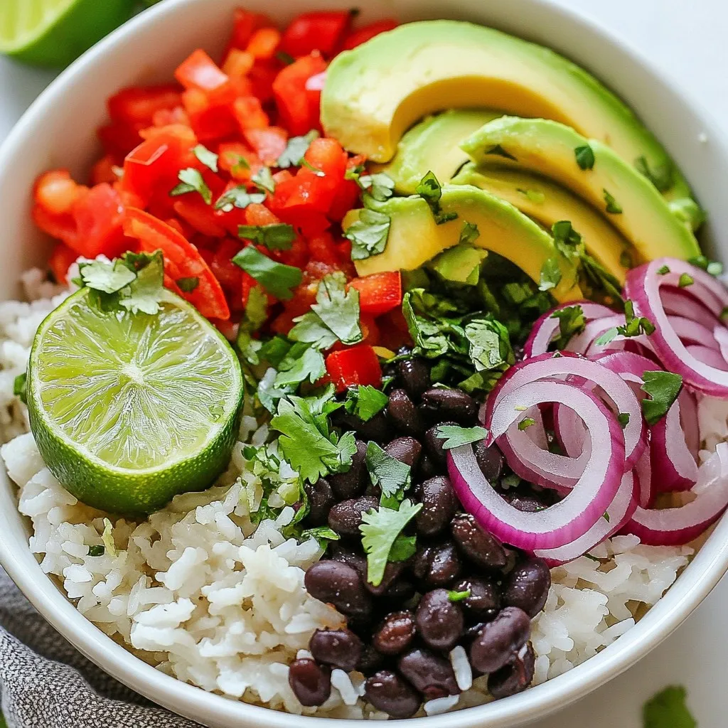 - 1 cup jasmine rice - 2 cups vegetable broth - Zest of 1 lime - Juice of 2 limes - 1 cup fresh cilantro, chopped - 1 can black beans, rinsed and drained - 1 red bell pepper, diced - 1 avocado, sliced - 1 small red onion, thinly sliced - 1 cup corn (fresh or frozen) - 1 teaspoon cumin - 1 teaspoon garlic powder - Salt and pepper to taste In making my Cilantro Lime Rice Bowls, I love using jasmine rice. It has a soft and fragrant quality that elevates the dish. Vegetable broth adds depth and flavor to the rice, making it more than just a side. The lime zest and juice bring brightness and tanginess, which is key to this recipe. Fresh cilantro is a must for that vibrant flavor. Black beans add protein and a nice texture. I always choose a red bell pepper for its sweetness and color. Avocado adds creaminess, and red onion gives a slight crunch. Corn, whether fresh or frozen, adds a pop of sweetness. Lastly, cumin and garlic powder enhance the overall flavor profile, making every bite delicious. - Sliced jalapeños - Sour cream - Feta cheese For extra fun, I suggest toppings like sliced jalapeños for heat. Sour cream adds creaminess that balances the spice. Feta cheese can give a salty kick, making the meal even more satisfying. Feel free to mix and match these toppings to suit your taste! {{ingredient_image_1}} - First, rinse 1 cup of jasmine rice under cold water. This step helps remove excess starch. - Next, bring 2 cups of vegetable broth to a boil in a medium pot. Add the rinsed rice. - Reduce the heat to low, cover, and simmer for 15-18 minutes. The rice should be tender when done. - Once the rice is cooked, remove it from heat. Let it sit for 5 minutes before fluffing. - Stir in the zest of 1 lime and the juice of 2 limes. This adds bright flavor. - Mix in 1 cup of chopped fresh cilantro, saving some for later. - Heat a drizzle of oil in a skillet over medium heat. - Add 1 diced red bell pepper and 1 cup of corn. Sauté for about 5 minutes. - Season with 1 teaspoon of cumin and 1 teaspoon of garlic powder. Add salt and pepper to taste. - Start with a generous scoop of cilantro lime rice at the base of your bowl. - Next, add a layer of black beans from a can, rinsed and drained. - Top with the sautéed bell pepper and corn mixture, followed by sliced avocado and thinly sliced red onion. - Finally, sprinkle the remaining cilantro on top. Add optional toppings like sliced jalapeños or sour cream for extra flavor. To make your Cilantro Lime Rice Bowls really pop, focus on seasoning. Start with salt and pepper. They bring out the best in your dish. Use fresh lime juice for a bright zing. Lime zest adds depth too. Always use fresh ingredients when you can. Fresh cilantro and veggies make a huge difference. They offer vibrant flavor and color. Cooking fluffy rice is key. Rinse the jasmine rice until the water runs clear. This removes excess starch. Cook the rice in vegetable broth for added flavor. If you use brown rice, adjust the cooking time. Brown rice needs more water and longer to cook. For a quicker option, try basmati rice, which cooks faster than jasmine. A great bowl needs a good look. Start with a scoop of cilantro lime rice at the base. Layer the black beans and the sautéed veggies next. Add sliced avocado and onion on top. For extra flair, sprinkle cilantro over everything. Use colorful toppings like sliced jalapeños or feta cheese. This not only tastes great but looks beautiful too. Pro Tips Rinse the Rice: Rinsing the jasmine rice under cold water is crucial for achieving fluffy rice. It removes excess starch, preventing it from becoming gummy during cooking. Flavor Infusion: For an extra burst of flavor, consider adding chopped garlic or shallots to the vegetable broth before boiling it for the rice. Customize Your Bowl: Feel free to add your favorite vegetables or proteins, such as grilled chicken or shrimp, to make the rice bowl even heartier. Perfectly Ripened Avocado: To ensure your avocado is perfectly ripe for slicing, gently press on the skin; if it gives slightly, it’s ready to eat! {{image_2}} You can add protein to your cilantro lime rice bowl for extra flavor and nutrition. Grilled chicken or shrimp make great choices. They pair well with the fresh tastes of lime and cilantro. Simply season the protein with salt, cumin, and lime juice before cooking. If you prefer plant-based proteins, try adding tofu or tempeh. You can marinate them in lime juice, garlic, and spices for a tasty kick. Chickpeas also work well and add a nice texture. This recipe is easy to modify for different diets. For a vegan option, just skip any dairy toppings like sour cream or feta cheese. The rice and beans provide plenty of protein. If you need a gluten-free dish, this recipe fits perfectly! All ingredients are gluten-free. For those watching carbs, you can use cauliflower rice instead of jasmine rice. It will still taste great with the lime and cilantro flavors. Want to spice up your rice bowls? Add spices like paprika or chili powder for a bolder taste. Just sprinkle them into the rice or sautéed veggies. You can also experiment with different herbs. Basil or mint can add a fresh twist. Try mixing in these herbs to see what flavors you enjoy most. Each change makes your cilantro lime rice bowl unique and exciting! To keep your cilantro lime rice bowls fresh, store leftovers in airtight containers. This helps prevent moisture loss and keeps the flavors intact. In the fridge, they last up to 3 days. For longer storage, freeze the rice and toppings separately. They can stay good for about 2 months in the freezer. When you reheat your rice bowls, do it gently to keep the texture nice. The best method is to use the microwave with a splash of water. Cover the bowl to trap steam and heat in 1-minute intervals. Stir in between to make sure everything heats evenly. Always check the temperature; it should be at least 165°F to be safe. You can use brown rice or quinoa instead of jasmine rice. Brown rice adds a nutty flavor and more fiber. Quinoa is a protein-packed option that cooks quickly. Both choices work well in this recipe. Just adjust cooking times. Brown rice takes longer to cook, while quinoa cooks faster. Yes, you can make this dish ahead of time. Cook the rice and veggies, then store them separately. Keep the rice in an airtight container in the fridge for up to four days. The veggies also store well. To save time, prep the toppings too. You can assemble your bowls when you're ready to eat. To add spice, try sliced jalapeños or diced serrano peppers. You can mix in chili powder or cayenne pepper for heat. Start with a small amount and adjust to your taste. You can also use spicy black beans for an extra kick. Enjoy exploring different levels of heat in your bowls! This bowl combines jasmine rice, fresh veggies, and spices for a tasty dish. You learned to prepare and customize the meal, plus storage tips for leftovers. You can even adapt it for different diets. Remember, fresh ingredients boost flavor and color. Enjoy experimenting with toppings and protein choices. With these tips, you can make a delicious and healthy bowl anytime. Happy cooking!