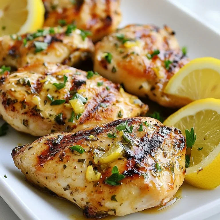 - 4 chicken breasts (boneless and skinless) - 1/4 cup fresh lemon juice - 2 tablespoons olive oil - Zest of 1 lemon - 3 cloves garlic, minced - 2 teaspoons dried oregano - 2 teaspoons fresh thyme (or 1 teaspoon dried thyme) - Salt and pepper to taste - Fresh parsley, chopped (for garnish) To make your Lemon Herb Grilled Chicken shine, focus on freshness. Choose fresh chicken breasts; they should be firm and pink. Fresh lemons give the best juice and zest. Look for lemons that feel heavy for their size. Fresh herbs add great flavor. If you can, buy them from a local market. When using dried herbs, check the expiry date. They lose flavor over time. Good olive oil enhances the dish, so pick a high-quality brand. Each serving has about 220 calories. The chicken provides lean protein, which is great for muscle health. The olive oil offers healthy fats, while the lemon juice adds vitamin C. Garlic is not just tasty; it’s also good for your immune system. Overall, this dish is light, fresh, and packed with flavor, making it a smart choice for a healthy meal. {{ingredient_image_1}} To make the marinade, grab a mixing bowl. In this bowl, whisk together: - 1/4 cup fresh lemon juice - 2 tablespoons olive oil - Zest of 1 lemon - 3 cloves garlic, minced - 2 teaspoons dried oregano - 2 teaspoons fresh thyme (or 1 teaspoon dried thyme) - Salt and pepper to taste Mix these ingredients well. The lemon juice and zest give a bright flavor. The herbs add depth. This marinade is the key to juicy chicken. Next, take your chicken breasts. You need four pieces, boneless and skinless. Place them in a resealable plastic bag or a shallow dish. Pour the marinade over the chicken. Make sure each piece is well-coated. Seal the bag or cover the dish tightly. Refrigerate for at least 1 hour. For the best flavor, marinate overnight. This step helps the chicken absorb all those tasty flavors. When you're ready to grill, preheat your grill to medium-high heat. Take the chicken out of the marinade. Discard any leftover marinade. Place the chicken on the grill. Cook for 6-7 minutes on one side. Flip the chicken and grill for another 6-7 minutes. You want the internal temperature to reach 165°F (75°C). Once cooked, remove the chicken from the grill. Let it rest for 5 minutes. This helps keep it juicy. Slice the chicken and serve it. Garnish with fresh parsley and lemon slices for a nice touch. Enjoy your flavorful meal! Grilling chicken can be simple with a few best practices. First, preheat your grill to medium-high heat. This helps the chicken cook evenly. Avoid flipping the chicken too often. Let it sit for about 6-7 minutes on one side. This gives nice grill marks and locks in flavor. Use a meat thermometer to check the chicken's internal temperature. It should reach 165°F (75°C) for safe eating. Juicy chicken starts with a good marinade. For this Lemon Herb Grilled Chicken, use fresh lemon juice and olive oil. These ingredients not only add flavor but also keep the chicken moist. Marinate the chicken for at least one hour. If you have more time, marinate it overnight for richer taste. After grilling, let the chicken rest for five minutes. This step allows the juices to redistribute, keeping the meat tender. While the recipe calls for lemon, garlic, and herbs, you can try different seasonings. For a spicy twist, add crushed red pepper flakes. If you prefer a sweet touch, mix in honey with the marinade. Fresh herbs like basil or rosemary can add unique flavors too. Experimenting with seasonings keeps the dish exciting and fun! Pro Tips Marination Time: For the best flavor, marinate the chicken for at least 1 hour, but ideally overnight. This allows the flavors to penetrate the meat more deeply. Grill Temperature: Ensure your grill is preheated to medium-high heat. This helps achieve a nice sear on the chicken, locking in juices and flavor. Resting Period: Allow the chicken to rest for 5 minutes after grilling. This helps the juices redistribute, making for a juicier and more flavorful bite. Herb Variations: Feel free to experiment with different herbs in the marinade, such as rosemary or basil, to customize the flavor profile of your grilled chicken. {{image_2}} You can change the herbs to suit your taste. If you want a different flavor, try using: - Basil for a sweet touch. - Rosemary for a strong scent. - Cilantro for a fresh kick. - Dill for a bright taste. Mix and match these herbs to create your own special blend. Each choice adds a new twist to your dish. You don't need a grill to enjoy this chicken. You can cook it in your oven or under a broiler. Oven Method: 1. Preheat your oven to 400°F (200°C). 2. Place the marinated chicken on a baking sheet. 3. Bake for 25-30 minutes or until the chicken reaches 165°F (75°C). Broiler Method: 1. Preheat the broiler. 2. Place the chicken on a broiler pan. 3. Broil for about 6-7 minutes on each side or until cooked. Both methods keep the chicken juicy and full of flavor. Lemon Herb Grilled Chicken pairs well with many sides. Here are some ideas: - Serve it with a fresh green salad. - Pair it with roasted vegetables for a healthy meal. - Add some rice or quinoa for a filling option. - Squeeze more lemon on top for extra zest. These sides enhance the meal and make it even better. Enjoy your culinary adventure! You can keep leftover Lemon Herb Grilled Chicken in the fridge. Place the chicken in an airtight container. It stays fresh for about 3 to 4 days. Make sure it cools down before sealing. This will help avoid extra moisture inside. If you want to store it longer, freezing is a great choice. Wrap each chicken breast in plastic wrap. Then, place them in a freezer bag. Remove as much air as you can. This helps prevent freezer burn. You can freeze the chicken for up to 3 months. Label the bag with the date for easy tracking. When you are ready to eat, reheating is easy. You can use the microwave or oven. For the microwave, heat on medium for 1 to 2 minutes. Check that the chicken is hot all the way through. If you use the oven, preheat it to 350°F (175°C). Place the chicken in a baking dish, cover it, and bake for about 15 minutes. This keeps the meat moist and tasty. Enjoy your delicious Lemon Herb Grilled Chicken! You should marinate the chicken for at least 1 hour. This time lets the flavors soak in. For the best taste, try marinating overnight. It makes the chicken juicy and packed with flavor. Yes, you can use bone-in chicken. Just adjust the cooking time. Bone-in pieces take longer to cook. Make sure the internal temperature reaches 165°F (75°C) for safety. The marinade will still work well with bone-in chicken. Great sides for this dish include: - Grilled vegetables - Rice pilaf - Fresh salad - Garlic bread These sides add color and flavor to your meal. They balance the lemony taste of the chicken. Enjoy your meal with a refreshing drink, like iced tea or lemonade! You learned how to make Lemon Herb Grilled Chicken through clear steps and useful tips. I shared my favorite ingredients for a great dish and how to grill chicken that stays juicy. Explore different herbs, cooking methods, and tips to serve it well. Don't forget about storing leftovers or reheating them right. Now you have all you need to impress at your next meal. Enjoy your cooking journey and the flavors you create!