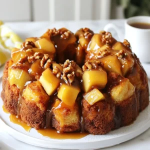 To make Caramel Apple Monkey Bread, you will need the following items: - 3 cans of refrigerated biscuit dough (16 oz each) - 3 medium apples, peeled and diced (Granny Smith or Honeycrisp) - 1 cup brown sugar - 1/2 cup granulated sugar - 1 teaspoon cinnamon - 1/2 cup unsalted butter (1 stick) - 1/2 cup caramel sauce (plus extra for drizzling) - 1 teaspoon vanilla extract You can add some fun twists to your monkey bread with these optional ingredients: - 1/2 cup chopped walnuts - Chopped pecans - Diced pears or other fruits - A dash of nutmeg for extra warmth If you run out of an ingredient or want to swap for health reasons, here are some ideas: - Use whole wheat biscuit dough for a healthier dough. - Swap brown sugar with coconut sugar for a different flavor. - Applesauce can replace butter for a lighter version. - Maple syrup can substitute caramel sauce for a unique taste. These swaps keep the spirit of the dish while making it your own! {{ingredient_image_1}} First, gather all your ingredients. You need three cans of refrigerated biscuit dough, three apples, brown sugar, granulated sugar, cinnamon, butter, caramel sauce, vanilla extract, and walnuts if you like. 1. Preheat your oven to 350°F (175°C). This step is very important for even baking. 2. Grease a bundt pan with cooking spray or butter. A well-greased pan helps the bread come out easily. 3. Peel and dice the apples. I prefer Granny Smith or Honeycrisp for their crispness. 4. In a bowl, mix the diced apples, granulated sugar, and cinnamon. Stir well and set this aside. Now it’s time to start building your monkey bread! 1. Open the cans of biscuit dough and cut each biscuit into quarters. This makes the dough pieces easy to mix. 2. Toss the biscuit pieces in brown sugar until they are well coated. This gives them a sweet flavor. 3. Layer half of the biscuit pieces in the bottom of your prepared bundt pan. 4. Spread half of the apple mixture over the biscuit layer. 5. If you want, sprinkle half of the chopped walnuts on top. 6. Next, add the rest of the biscuit pieces on top of the apples. 7. Then, add the remaining apple mixture and walnuts. 8. In a small saucepan, melt the butter. Stir in the caramel sauce and vanilla extract. Pour this mixture over the layers in the bundt pan. 9. Bake in the oven for 35-40 minutes. The top should be golden brown when done. Once the baking time is up, take the monkey bread out of the oven. 1. Allow it to cool in the pan for 10 minutes. This cooling time helps it set. 2. Carefully invert the bundt pan onto a serving plate. The bread should slide out nicely. 3. Drizzle extra caramel sauce over the warm monkey bread for a sweet touch. For a nice presentation, serve it warm with more caramel sauce on the side. You can also add a sprinkle of cinnamon or chopped nuts on top for extra flavor. Enjoy your delicious, gooey creation! When making Caramel Apple Monkey Bread, avoid cutting the biscuit dough too small. If the pieces are tiny, they may dry out while baking. Also, don’t skip greasing the bundt pan. If you do, the bread will stick and break apart. Lastly, be careful not to overbake it. Watch for a golden top. A dry monkey bread is not what you want. To get the best texture, use fresh apples. I like Granny Smith or Honeycrisp. Their crispness adds a nice bite. Make sure to coat the biscuit pieces well in brown sugar. This helps create that sweet, sticky layer. Layering is key! Alternate between biscuit and apple layers for even cooking. Lastly, let it cool for a bit before serving. This helps it hold its shape. For an extra flavor boost, add a pinch of nutmeg along with cinnamon. It gives a warm, cozy taste. You can also mix in some chopped walnuts. They add crunch and richness. If you love caramel, drizzle more on top just before serving. This adds a beautiful shine and sweetness. Don’t forget to serve it warm for the best experience! Pro Tips Choosing the Right Apples: Use tart apples like Granny Smith or Honeycrisp for a perfect balance of sweetness and acidity in your monkey bread. Coating the Biscuit Pieces: Ensure each biscuit piece is thoroughly coated in brown sugar for a caramelized crust when baked. Let It Cool: Allow the monkey bread to cool for at least 10 minutes before inverting to prevent it from falling apart. Extra Caramel Drizzle: Drizzle additional caramel sauce over the top just before serving for an indulgent finish. {{image_2}} You can change the flavors to match the seasons. For fall, try adding pumpkin spice. Mix 1 teaspoon of pumpkin spice with your brown sugar. This creates a warm and cozy flavor. You can also add some pumpkin puree to the apple mixture. It makes the monkey bread even more festive. Not a fan of nuts? You can easily skip the walnuts. Your monkey bread will still taste great. If you want some crunch, try adding crispy rice cereal. This gives a fun texture without any nuts. Just mix it in with the biscuit pieces for a tasty twist. The caramel sauce is a star, but you can try other toppings too. A chocolate drizzle can add a rich taste. Mix melted chocolate with a bit of cream for smoothness. You can also use cream cheese frosting for a sweet twist. Just drizzle it on top after baking. Each option gives your monkey bread a new life. To keep your caramel apple monkey bread fresh, store it in an airtight container. Place it at room temperature for up to two days. If you plan to keep it longer, move it to the fridge. The cold air helps slow down spoilage. Cover the dish with plastic wrap or foil to avoid drying out. When you're ready to enjoy your monkey bread again, a quick reheat works best. Preheat your oven to 350°F (175°C). Place the monkey bread in an oven-safe dish. Cover it with foil to keep it moist. Heat for about 10-15 minutes. If you like it warm and gooey, add a drizzle of caramel sauce before serving. If you want to freeze your monkey bread, make sure it’s completely cool first. Wrap it tightly in plastic wrap, then in foil. This method prevents freezer burn. You can freeze it for up to three months. To thaw, leave it in the fridge overnight. Reheat as mentioned above, and enjoy! Yes, you can use frozen biscuit dough. Just make sure to thaw it first. The thawed dough will work well for this recipe. It allows the dough to rise and bake evenly. Follow the same steps as with fresh dough. The taste will still be great! You can tell when the monkey bread is done by checking its color and texture. The top should be golden brown. You can also insert a toothpick into the center. If it comes out clean, your monkey bread is ready. The baking time is usually around 35-40 minutes. Keep an eye on it toward the end. Serve your Caramel Apple Monkey Bread warm for the best taste. You can add extra caramel sauce on the side for dipping. A scoop of vanilla ice cream pairs well too. Some like to sprinkle extra cinnamon on top for added flavor. Enjoy it with friends and family for a fun treat! This guide covered the key ingredients for your recipe, step-by-step instructions, and tips for success. You learned about ingredient substitutions and how to customize your dish. Understanding seasonal variations and storage tips helps you enjoy it longer. Remember to avoid common mistakes for the best results. By following these steps, you’ll make perfect Caramel Apple Monkey Bread every time. Now, get in the kitchen, have fun, and create a tasty treat!
