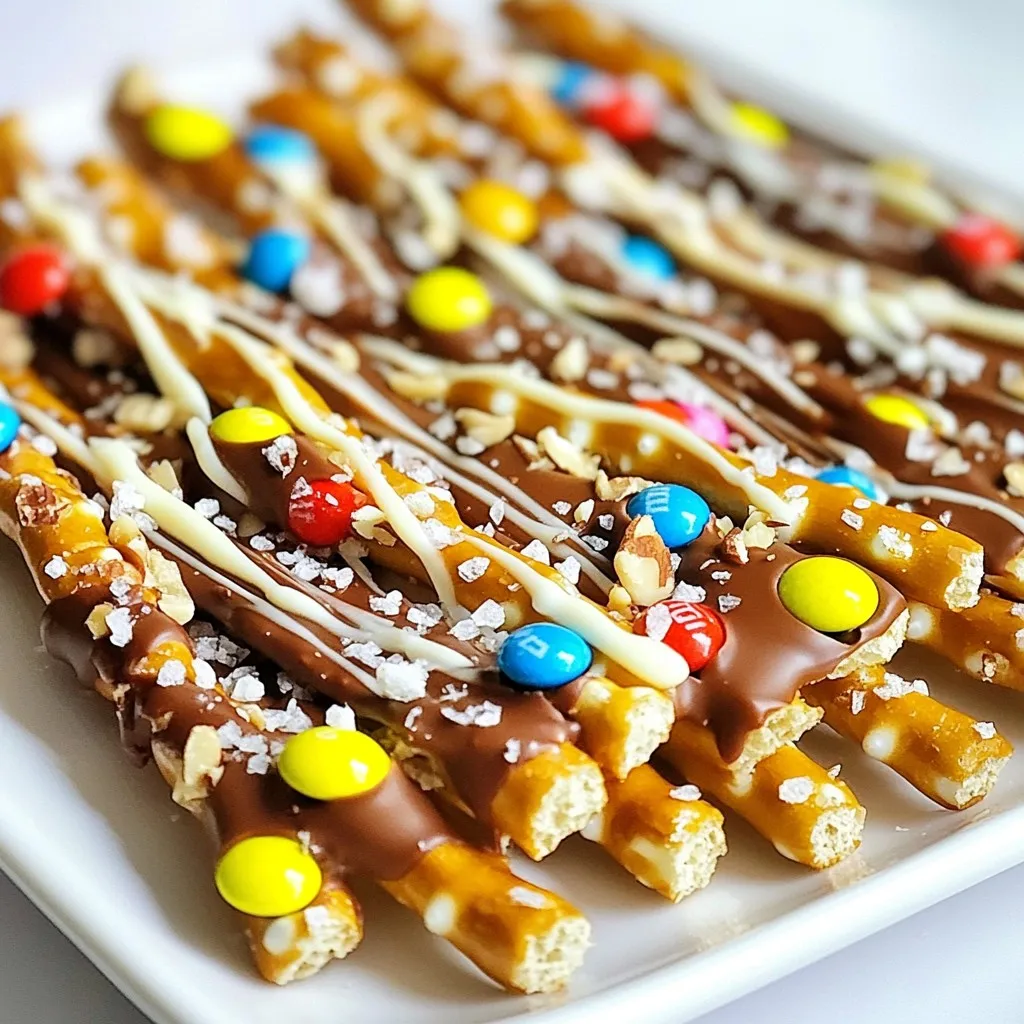 To make this tasty treat, you need just a few key ingredients: - 2 cups pretzel sticks - 1 cup semi-sweet chocolate chips - 1 cup white chocolate chips - 1/2 cup mini M&M's - 1/4 cup chopped nuts (almonds or peanuts) - Sea salt for sprinkling These ingredients create the base for the bark. The pretzels add crunch, while the chocolate gives sweetness. The M&M's and nuts add fun and flavor. You can change up the toppings to fit your taste. Try using: - Different types of candies like crushed Oreos or peanut butter chips. - Toasted coconut for a tropical twist. - Sprinkles for a festive look. Feel free to mix and match! The options are endless, and it’s a great way to get creative. To prepare this bark, you will need: - A baking sheet - Parchment paper - Two microwave-safe bowls - A spoon or piping bag for drizzling - A sharp knife for cutting These tools help you melt the chocolate and shape the bark. Having everything ready makes the process smooth and fun. {{ingredient_image_1}} Start by grabbing a large baking sheet. Line it with parchment paper. This helps keep the bark from sticking. Make sure the paper covers the whole sheet. You want enough space to spread the pretzel mix evenly. Take a microwave-safe bowl. Add the semi-sweet chocolate chips. Heat them in the microwave for 30 seconds. Stir the chips, then heat again if needed. Keep doing this until the chocolate is smooth. Next, repeat this with the white chocolate chips in another bowl. The same method works well here. Now it’s time to dip the pretzels. Take half of the pretzel sticks and dip them into the melted semi-sweet chocolate. Let any extra chocolate drip off. Place these pretzels on the lined baking sheet in a single layer. Once done, grab a spoon or piping bag. Use it to drizzle white chocolate over the chocolate-covered pretzels. While the white chocolate is still warm, sprinkle mini M&M's and chopped nuts on top. Press them down lightly to make sure they stick. Finally, sprinkle some sea salt over the entire bark. This adds a nice sweet and salty touch. Place the baking sheet in the fridge for about 30 minutes. This will help the chocolate set. Once set, break the bark into pieces or cut it into squares. Enjoy your tasty treat! To get smooth melted chocolate, use a microwave-safe bowl. Heat the semi-sweet chocolate chips in 30-second bursts. Stir between each burst until it’s fully melted. This method prevents burning and keeps the chocolate silky. You want it warm and easy to dip. For white chocolate, use the same method. When dipping pretzels, dip only half into the chocolate. Let the excess chocolate drip off. Place them on the parchment paper in a single layer. This way, they won’t stick together. After drizzling the white chocolate, add toppings quickly. The warmth helps them stick better. Once the bark is set, take it out of the fridge. Use a sharp knife to cut it into squares. You can also break it into pieces by hand for a rustic look. Serve it on a nice plate or in a jar for a fun treat. Pro Tips Use Quality Chocolate: For the best flavor, choose high-quality semi-sweet and white chocolate chips. This will greatly enhance the taste of your bark. Chill Between Layers: After dipping the pretzels, allow them to set for a few minutes before drizzling with white chocolate. This helps maintain the layers and prevents mixing. Customize Your Toppings: Feel free to experiment with different toppings like dried fruits, coconut flakes, or other candies to create your signature bark. Store Properly: Keep the bark in an airtight container at room temperature or in the refrigerator to maintain its freshness and crunchiness. {{image_2}} You can switch up the chocolate for more fun. Use dark chocolate for a rich taste. Milk chocolate adds a sweet touch. You can even mix chocolates for a layered look. Each type brings a new flavor that makes this treat unique. Your toppings can change the whole bark. Try nuts like almonds or peanuts for crunch. You can also add sprinkles for color and fun. Other sweets like crushed cookies or candy canes work too. Get creative and mix your favorites! Make your bark special for any holiday. For Halloween, add orange and black sprinkles. At Christmas, use red and green candies. Valentine’s Day calls for heart-shaped sprinkles. You can even add themed chocolates for a festive look. It’s fun to match your bark to the season! To keep your chocolate covered pretzel bark fresh, start with an airtight container. Place a piece of parchment paper between layers if you stack them. This method prevents sticking. Keep the container in a cool, dry place. Avoid direct sunlight and heat. The bark will stay crisp and tasty this way. When stored properly, chocolate covered pretzel bark lasts up to two weeks. If you notice it getting soft or stale, it is time to toss it. To maintain freshness, consume it within this time frame. You will want to enjoy every bite while it’s at its best! You can freeze chocolate covered pretzel bark for longer storage. Cut the bark into pieces before freezing. Wrap each piece in plastic wrap, then place them in a freezer bag. This step prevents freezer burn. When ready to eat, thaw the bark in the fridge for a few hours. Enjoy that crunchy, sweet treat anytime! Yes, you can use different types of pretzels. You might try regular pretzels, pretzel crisps, or even chocolate-covered pretzels. Each type adds its own twist to the texture and flavor. Experimenting with shapes can make your bark look unique and fun! Many candies pair well with this recipe. Mini chocolate candies, crushed cookies, or toffee bits are great choices. You can also use seasonal candies like candy corn or holiday-themed sprinkles. Mixing different candies adds color and taste, making the bark even more appealing! To make this recipe nut-free, simply skip the nuts altogether. You can replace nuts with more mini M&M's or use seeds like sunflower seeds. This keeps the crunch without any nuts. Always check labels to avoid cross-contamination if allergies are a concern. You can find pre-made chocolate-covered pretzel bark at many stores. Look at candy shops, grocery stores, or specialty snack stores. Online retailers also offer a wide variety. Just check reviews to ensure you get a tasty product! Making chocolate-covered pretzel bark is fun and easy. We covered the key ingredients, steps, and tips to perfect your bark. You learned about different flavors and how to store it best. Remember, you can get creative with toppings and shapes. This treat can fit any season or occasion. Now, grab your ingredients and start making your own tasty bark. Enjoy each bite and share with friends!