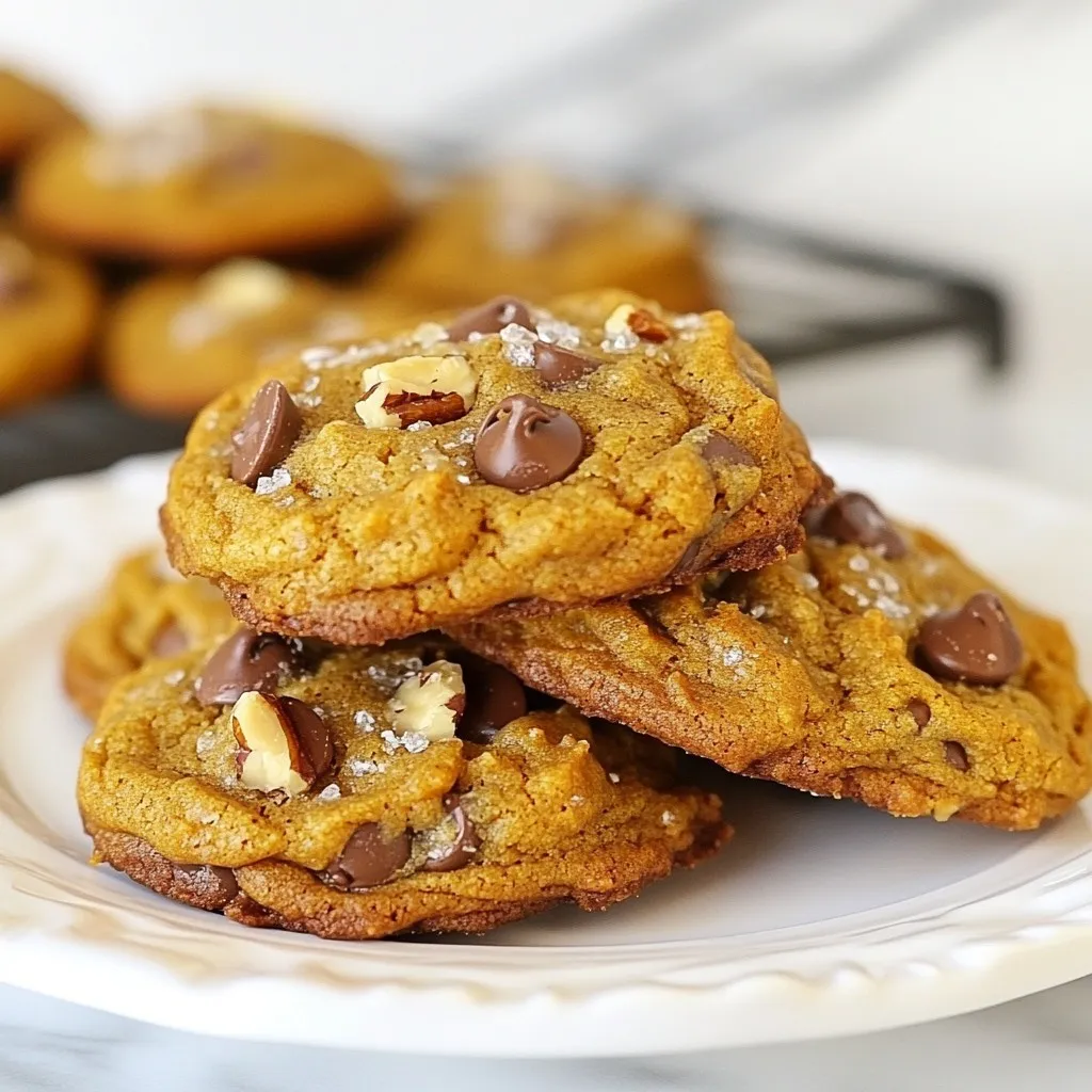 To create these tasty cookies, gather the following ingredients: - 1 cup pumpkin puree - 1/2 cup coconut sugar - 1/4 cup maple syrup - 1/2 cup coconut oil, melted - 1 teaspoon vanilla extract - 1 1/2 cups all-purpose flour - 1 teaspoon baking soda - 1/2 teaspoon baking powder - 1/2 teaspoon salt - 1 teaspoon pumpkin pie spice - 1/2 cup dairy-free chocolate chips Each ingredient plays a key role. The pumpkin puree adds moisture and flavor. Coconut sugar gives a rich taste and keeps it vegan. Maple syrup adds sweetness and depth. You can make these cookies even better with some optional ingredients: - 1/4 cup chopped pecans These pecans add crunch and a nutty flavor. You can also try other nuts, like walnuts, or even seeds for a twist. If you need to swap any items, here are some easy options: - Pumpkin puree: Use fresh pumpkin if you prefer. - Coconut sugar: Brown sugar works well as a substitute. - Coconut oil: You can replace it with vegetable oil or applesauce for a lighter version. - All-purpose flour: A gluten-free blend can work, too. These substitutions keep the cookie’s taste and texture while meeting your needs. {{ingredient_image_1}} To start, gather your ingredients. You'll need: - 1 cup pumpkin puree - 1/2 cup coconut sugar - 1/4 cup maple syrup - 1/2 cup coconut oil, melted - 1 teaspoon vanilla extract - 1 1/2 cups all-purpose flour - 1 teaspoon baking soda - 1/2 teaspoon baking powder - 1/2 teaspoon salt - 1 teaspoon pumpkin pie spice - 1/2 cup dairy-free chocolate chips - 1/4 cup chopped pecans (optional) First, preheat your oven to 350°F (175°C). Line a baking sheet with parchment paper. This helps the cookies not stick. In a large bowl, mix pumpkin puree, coconut sugar, maple syrup, melted coconut oil, and vanilla extract. Stir until everything blends well. In another bowl, sift together the all-purpose flour, baking soda, baking powder, salt, and pumpkin pie spice. This makes the dry mix light and fluffy. Slowly add the dry mix to the wet mix. Stir gently until just combined. Don't over-mix; it can make the cookies tough. Finally, fold in the dairy-free chocolate chips and pecans if you want a nutty crunch. Now, use a tablespoon or cookie scoop to drop dollops of the dough onto the lined baking sheet. Space them about 2 inches apart. This is key to give them room to spread. Bake in your preheated oven for 10 to 12 minutes. Look for golden edges, but make sure the centers stay soft. This is what gives them that chewy texture. Once baked, remove your cookies from the oven. Let them cool on the baking sheet for about 5 minutes. This helps them set. After that, transfer them to a wire rack to cool completely. Enjoy these cookies fresh or store them for later. Pair them with a warm drink for a cozy treat! To make your cookies soft, use pumpkin puree. It adds moisture and flavor. Mix wet and dry ingredients gently. Over-mixing can make cookies tough. Bake them until the edges are golden but the center is still soft. This gives you that perfect chewy bite. Let them cool on the sheet for a few minutes. This helps them set up without getting hard. Store your cookies in an airtight container. This keeps them fresh and soft. You can keep them at room temperature for up to five days. For longer storage, place them in the fridge. Reheat them in the microwave for about 10 seconds. This brings back the warmth and soft texture. A few mistakes can ruin your cookies. First, don’t skip the pumpkin pie spice. It adds warmth and depth. Avoid using too much flour. Measure it properly by spooning it into the cup. Also, don’t skip resting the dough. If you hurry, cookies may spread too much during baking. Lastly, always watch the baking time closely. Each oven can bake differently. Pro Tips Use Fresh Pumpkin Puree: For a deeper flavor, consider roasting your own pumpkin and pureeing it instead of using canned pumpkin. Chill the Dough: If the dough is too sticky, chill it in the refrigerator for 30 minutes to make it easier to scoop and shape. Check for Doneness: Keep an eye on the cookies as they bake; overbaking can lead to dry cookies. They should be golden around the edges but soft in the center. Storage Tips: Store the cookies in an airtight container at room temperature for up to a week, or freeze them for longer storage. {{image_2}} You can change the flavor of your cookies with easy swaps. Try adding spices like cinnamon or nutmeg for warmth. You can also add more pumpkin pie spice for a stronger taste. If you like crunch, mix in some chopped walnuts or pecans. They give a nice texture. If you have dietary needs, you can adapt this recipe. To make it gluten-free, use almond flour or a gluten-free blend. For a nut-free version, skip the pecans completely. You can also use sunflower seed butter instead of coconut oil for a nut-free fat option. Want to get creative? You can add dried fruits like cranberries or raisins for a fruity twist. Chia seeds or flaxseeds can boost nutrition and add fun texture. Feel free to experiment with what you have on hand to make your cookies unique. Each variation brings a new taste to enjoy! To keep your vegan chocolate chip pumpkin cookies fresh, store them in an airtight container. Make sure they cool completely before you put them away. This helps to avoid any sogginess. Place parchment paper between layers if stacking them. It keeps them from sticking together. Keep them in a cool, dry place. They will stay soft and tasty this way. Freezing your cookies is easy and a great way to save them for later. After baking, let the cookies cool completely. Then, place them in a single layer on a baking sheet. Freeze them for about an hour. This helps them keep their shape. Once frozen, transfer them to a freezer bag. Remove as much air as possible before sealing. These cookies can last up to three months in the freezer. When you want a cookie, just thaw them at room temperature. Vegan chocolate chip pumpkin cookies can last about one week at room temperature. If you keep them in the fridge, they may last up to two weeks. Always check for any signs of spoilage. If they look or smell off, it’s best to toss them. The key to enjoying these cookies longer is proper storage. Yes, you can use fresh pumpkin. Start by roasting a pumpkin until soft. Scrape out the flesh and blend it until smooth. This gives you a fresh taste. Just make sure it is well-drained. Too much water can make your cookies soggy. To make these cookies nut-free, simply skip the pecans. You can also swap dairy-free chocolate chips with carob chips. This keeps the cookies safe for those with nut allergies. You can still enjoy great flavor without nuts. You can use brown sugar as a substitute for coconut sugar. It has a similar taste and texture. If you want a lighter option, try using regular white sugar. Just remember, it will change the flavor a bit. In this blog post, we explored how to make vegan chocolate chip pumpkin cookies. We covered essential ingredients, baking steps, and tips for perfect cookies. You learned about tasty add-ins and how to store them properly. Remember, using fresh pumpkin is fine, and there are simple swaps for allergens. Don’t forget to experiment with flavors! These cookies are easy to make and fun to share. Enjoy baking and sharing these delicious treats with your friends and family!