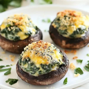 To make creamy spinach stuffed mushrooms, gather these tasty ingredients: - 12 large portobello mushrooms - 2 cups fresh spinach - 1 cup cream cheese - 1/2 cup grated Parmesan cheese - 1/4 cup breadcrumbs - 2 cloves garlic - 1 tablespoon lemon juice - 1 teaspoon dried oregano - Salt and pepper - 2 tablespoons olive oil - Fresh parsley Each item plays a key role in the dish. The portobello mushrooms serve as the perfect base. They have a rich flavor and a meaty texture. Fresh spinach adds a pop of color and nutrients. Cream cheese gives the filling a smooth and creamy base. Parmesan cheese adds depth and a savory taste. Garlic brings warmth to the dish. Lemon juice adds brightness, making the flavors sing. Dried oregano brings an earthy note. Don’t forget salt and pepper to enhance all the flavors. Olive oil helps to sauté the garlic and spinach, adding richness. Garnish with fresh parsley for a lovely touch when serving. With these ingredients, you can create a dish that is both delicious and visually appealing. {{ingredient_image_1}} First, clean the portobello mushrooms. Use a damp cloth to wipe them gently. Remove the stems and place the mushrooms on a baking sheet, gill side up. This setup helps hold the filling and allows for even cooking. In a skillet, heat olive oil over medium heat. Add minced garlic and sauté for about 30 seconds. When the garlic smells good, add the chopped spinach. Cook it until it wilts, which takes about 2-3 minutes. After that, remove the skillet from the heat and let it cool slightly. In a mixing bowl, combine cream cheese, grated Parmesan cheese, lemon juice, dried oregano, salt, and pepper. Stir until smooth. Now, fold the sautéed spinach into the cream cheese mixture until well blended. Spoon the creamy spinach filling into each portobello mushroom. Make sure to divide it evenly. Next, sprinkle breadcrumbs on top of the stuffed mushrooms. This creates a nice, crispy layer. Bake them in your preheated oven at 375°F (190°C) for 20-25 minutes. They are ready when the mushrooms are tender and the tops are golden brown. Once out of the oven, let them cool for a minute. Garnish with fresh parsley before serving. Enjoy your flavorful treat! To make the best creamy spinach filling, focus on the cream cheese. Use softened cream cheese for easy mixing. It should be smooth and spreadable. If it is too firm, let it sit out for a few minutes. For flavor, add salt and pepper to the cream cheese. You can also try a pinch of garlic powder or red pepper flakes. Experiment with fresh herbs like basil or thyme for a twist. These small tweaks can make a big difference! To get golden brown tops, sprinkle breadcrumbs evenly on each mushroom. This helps create a nice crust. Bake them until the tops look crisp and golden, usually around 20-25 minutes. Make sure the mushrooms are tender when done. You can test this by gently pressing them with a fork. They should be soft but not mushy. If they need more time, check them every few minutes. This way, you get the perfect texture every time! Pro Tips Choose Fresh Mushrooms: Select portobello mushrooms that are firm and free from blemishes for the best texture and flavor. Make Ahead: You can prepare the filling a day in advance and store it in the refrigerator until you're ready to stuff the mushrooms. Vary the Cheese: Experiment with different cheeses such as feta or goat cheese for a unique flavor profile in your stuffed mushrooms. Don’t Overstuff: Avoid overfilling the mushrooms to prevent the filling from spilling out during baking; a heaping spoonful per mushroom is perfect. {{image_2}} You can change the cheese in these stuffed mushrooms. For a lighter taste, try using ricotta. Feta adds a nice tang, too. Mixing in gouda or mozzarella gives a creamy texture. Just blend your favorite cheese with the cream cheese mix. This makes the filling even richer. Experiment with flavors to find what you love. If you want a vegan option, replace cream cheese with cashew cheese or tofu. You can use nutritional yeast for a cheesy flavor. Olive oil works great for sautéing to keep it plant-based. With these swaps, you still get a tasty dish that everyone can enjoy. Just follow the same steps in the recipe for a great meal. To store your creamy spinach stuffed mushrooms in the fridge, place them in an airtight container. Make sure they are completely cool before sealing. This helps keep them fresh. You can keep them in the fridge for up to three days. When reheating, preheat your oven to 350°F (175°C). Place the mushrooms on a baking sheet and cover them with foil to prevent drying out. Heat for about 10-15 minutes. Check if they are warm all the way through before serving. You can freeze both unbaked and baked stuffed mushrooms. For unbaked mushrooms, fill them with the creamy spinach mixture, then place them on a baking sheet. Freeze until solid, then transfer them to a freezer bag. For baked mushrooms, allow them to cool completely before freezing. Wrap them tightly in plastic wrap and then foil. This keeps them fresh for up to three months. To thaw, move the mushrooms from the freezer to the fridge overnight. Reheat them in the oven at 350°F (175°C) for about 15-20 minutes, until warm. You can enjoy creamy spinach stuffed mushrooms with many sides. Here are some great options: - A fresh green salad with lemon vinaigrette. - Toasted bread or garlic bread for dipping. - A warm bowl of soup, like tomato basil. - Crispy roasted vegetables, such as carrots or broccoli. - A simple pasta dish, like spaghetti aglio e olio. These pairings make for a colorful plate and add flavor to your meal. Yes, you can prep these mushrooms in advance. Here’s how: - Prepare the filling and stuff the mushrooms. - Cover them tightly with plastic wrap or foil. - Store them in the fridge for up to 24 hours. When you're ready to bake, just take them out and pop them in the oven. You may need to add a few extra minutes to the bake time. You can tell the mushrooms are ready by checking a few signs: - The mushrooms should be tender to the touch. - The tops should turn a nice golden brown. - The filling should feel hot and bubbly. These signs mean your creamy spinach stuffed mushrooms are ready to enjoy! You learned how to make creamy spinach stuffed mushrooms with simple ingredients. We covered the process, from prepping mushrooms to baking them perfectly. Remember to experiment with different cheeses or vegan options for variety. Store and reheat leftovers properly to enjoy later. Stuffed mushrooms are versatile and crowd-pleasing. With these tips, you can create a tasty dish for any occasion. Try it out, and enjoy!